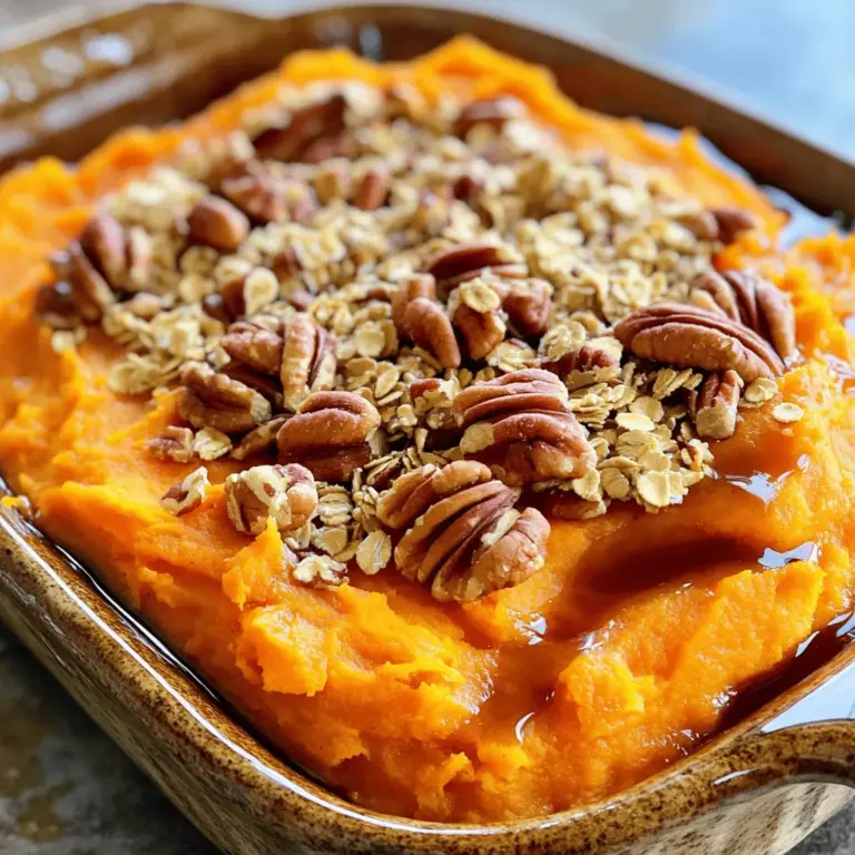 To make the Maple Pecan Sweet Potato Casserole, you need: - 4 large sweet potatoes, peeled and cubed - 1/4 cup maple syrup - 1/4 cup unsweetened almond milk (or regular milk) - 1 teaspoon vanilla extract - 1/2 teaspoon cinnamon - 1/4 teaspoon nutmeg - Salt to taste - 1 cup pecans, chopped - 1/2 cup brown sugar - 1/4 cup rolled oats - 2 tablespoons melted coconut oil (or butter) Sweet potatoes are full of vitamins and minerals. They give you energy and help your eyes. Maple syrup adds natural sweetness and contains antioxidants. Almond milk is lower in calories than regular milk, making it a great choice. Pecans are rich in healthy fats. They also help boost heart health. Cinnamon and nutmeg enhance flavor and may improve digestion. This mix of ingredients ensures a tasty and nutritious dish. If you need to change the recipe for dietary needs, there are options. For a vegan version, use almond milk and coconut oil. You can swap sweet potatoes with butternut squash for a different taste. If you have nut allergies, try sunflower seeds instead of pecans. Use brown sugar alternatives like coconut sugar if needed. Always adjust the flavors to suit your needs while keeping the dish delicious. For the complete recipe, check the Full Recipe. Start by gathering your ingredients. You need four large sweet potatoes, maple syrup, almond milk, vanilla extract, spices, pecans, brown sugar, oats, and coconut oil. Peel and cube the sweet potatoes. This makes them cook faster and easier to mash later. Next, fill a large pot with water and bring it to a boil. Add a pinch of salt to the water. Once the water boils, add your cubed sweet potatoes. Cook them for about 15 to 20 minutes, or until they are tender when pierced with a fork. Drain the sweet potatoes and let them cool slightly. Now, take a large mixing bowl and mash the sweet potatoes with a potato masher. You want them smooth and creamy. Add the maple syrup, almond milk, vanilla extract, cinnamon, nutmeg, and salt. Stir everything together well. Once mixed, transfer the sweet potato mix to a greased 9x13-inch casserole dish. Spread it out evenly. In a different bowl, combine the chopped pecans, brown sugar, rolled oats, and melted coconut oil. Make sure everything is well coated. Sprinkle the pecan mixture over the sweet potato layer in your casserole dish. Preheat your oven to 350°F (175°C). Place your casserole in the oven and bake for 25 to 30 minutes. Look for a golden brown and bubbly top. This means it is ready! After baking, remove the casserole from the oven. Let it cool for a few minutes before serving. This step helps the flavors to settle. You can find the full recipe above. Enjoy your delicious Maple Pecan Sweet Potato Casserole! You can prepare this dish in advance. Cook the sweet potatoes and mash them. Mix in all the other ingredients. Place the sweet potato mixture in a casserole dish and cover it. Keep it in the fridge overnight. The next day, take it out, add the pecan topping, and bake! To boost the flavors, consider adding a pinch of ginger. Fresh ginger adds warmth. You can also swap the maple syrup for honey for a different taste. A sprinkle of sea salt enhances sweetness, making each bite pop. One mistake is overcooking the sweet potatoes. They should be tender but not mushy. Another error is not letting the casserole cool before serving. Cooling helps set the layers. Lastly, ensure you mix the topping well. Uneven topping can lead to dry spots in your dish. For the full recipe, check out the earlier section. Enjoy your cooking! {{image_2}} You can switch up the nuts in this casserole. Try walnuts or almonds if you want a change. Each nut adds its own flavor and crunch. Walnuts give a rich taste, while almonds bring a light crunch. Just chop them up, and mix them in the topping. You can even toast the nuts for more flavor. Spices can change the taste of your dish. Add ginger for a warm kick. You could also try a dash of allspice for a deeper flavor. A splash of orange extract can brighten the dish. Mix and match to find what you love. Each spice brings a new twist to your Maple Pecan Sweet Potato Casserole. If you want a lighter version, swap out some ingredients. Use less sugar or try maple syrup as a sweetener. You can replace brown sugar with coconut sugar for a lower glycemic index. Almond milk is a great dairy-free option. For the topping, use less coconut oil or butter. These small changes keep the dish tasty and guilt-free. Store any leftover Maple Pecan Sweet Potato Casserole in an airtight container. It keeps well in the fridge for about three to four days. Make sure to let it cool down before sealing it. This helps keep the casserole fresh and tasty. If you want to save it for later, freezing is a great option. First, let the casserole cool completely. Then, cut it into portions for easy reheating. Wrap each piece tightly in plastic wrap, then place them in a freezer-safe bag. It can last up to three months in the freezer. When you want to eat it, just thaw it in the fridge overnight. To reheat, place the casserole in the oven at 350°F (175°C). Cover it with foil to keep it moist. Heat for about 20-25 minutes or until it is warm throughout. You can also microwave individual portions for a quick meal. Just cover them and heat in 30-second intervals until hot. Enjoy the flavors just like when it was fresh! Yes, you can use other potatoes like Yukon gold or russet potatoes. However, sweet potatoes give the best flavor and texture. They are sweet and creamy. If you choose another type, adjust the cooking time. You want them soft enough to mash easily. To make this dish vegan, swap regular milk with unsweetened almond milk. Use coconut oil instead of butter. The maple syrup is already vegan. This keeps the sweet flavor while being plant-based. Your guests will love it just as much! This casserole pairs well with roasted vegetables or a fresh green salad. It also goes nicely with grilled meats or a hearty veggie dish. The sweet and nutty flavors complement savory meals perfectly. You can even make it a main dish for a vegetarian feast! You can store leftovers in the fridge for about 3-5 days. Place it in an airtight container for best results. Reheat in the oven or microwave before serving. It still tastes great after a few days! Yes, you can prep this casserole a day ahead. Make the sweet potato mix and the topping separately. Store them in the fridge. When you're ready to bake, just assemble and pop it in the oven. This saves time on busy days! For the full recipe, check out the Maple Pecan Sweet Potato Casserole section! In this post, we covered essential ingredients, step-by-step instructions, and handy tips. You learned about key ingredient benefits, popular substitutions, and ways to enhance flavor. We also discussed storing and reheating methods to keep your dish fresh. With my tips, you can avoid common mistakes and try fun variations. Remember, cooking is about creativity. Don't hesitate to make it your own. Whether for a family meal or a gathering, this Maple Pecan Sweet Potato Casserole will impress. Enjoy your cooking adventure!