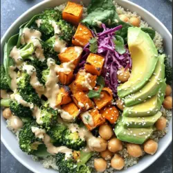 To make a tasty Vegan Buddha Bowl, gather these key ingredients: - 1 cup quinoa, rinsed - 2 cups water or vegetable broth - 1 cup chickpeas, cooked or canned (drained and rinsed) - 1 medium sweet potato, peeled and cubed - 1 cup broccoli florets - 1 cup spinach - 1 avocado, sliced - 1/4 cup red cabbage, shredded - 2 tablespoons sesame seeds - 2 tablespoons olive oil - 1 tablespoon maple syrup - 1 tablespoon tahini - 1 tablespoon lemon juice - Salt and pepper to taste These ingredients create a balanced bowl that is both filling and vibrant. Want to spice things up? Here are some fun add-ins: - Fresh herbs (like cilantro or parsley) for garnish - Roasted nuts or seeds for crunch - Sliced radishes for a peppery bite - Diced bell peppers for sweetness - A splash of hot sauce for heat Feel free to mix and match these extras. They add layers of flavor and texture. This Vegan Buddha Bowl is not just pretty; it's nutritious too! Here are some highlights: - Quinoa is a complete protein and full of fiber. - Chickpeas add protein and help keep you full. - Sweet potatoes are rich in vitamins A and C. - Broccoli is a powerhouse of vitamins and minerals. - Spinach offers iron and antioxidants. - Avocado provides healthy fats for heart health. Each ingredient works together to nourish your body. Enjoy every bite of your Vegan Buddha Bowl with pride! For the complete recipe, check out the Full Recipe. Start by rinsing 1 cup of quinoa in a fine mesh strainer. This step helps remove any bitter taste. Next, combine the rinsed quinoa with 2 cups of water or vegetable broth in a medium saucepan. Bring this mixture to a boil over high heat. Once boiling, reduce the heat to low, cover the pot, and let it simmer for about 15 minutes. The quinoa will absorb the liquid and become fluffy. After cooking, remove it from heat and let it sit for 5 minutes. Fluff the quinoa with a fork before serving. While the quinoa cooks, you can prepare the vegetables. Steam 1 cup of broccoli florets for 4-5 minutes until they turn bright green and tender-crisp. This keeps the nutrients intact and adds a nice crunch. Preheat your oven to 400°F (200°C). Peel and cube 1 medium sweet potato. Place the cubes on a baking tray. Drizzle with 1 tablespoon of olive oil, and sprinkle with salt and pepper. Toss to coat the sweet potatoes evenly. Roast them in the oven for 25-30 minutes. Flip the sweet potatoes halfway through to ensure even cooking. They should be tender and slightly caramelized when done. In a small bowl, combine 1 tablespoon of tahini, 1 tablespoon of lemon juice, 2 tablespoons of olive oil, and 1 tablespoon of maple syrup. Add salt and pepper to taste. Whisk these ingredients together until smooth and creamy. This dressing will add a rich flavor to your Vegan Buddha Bowl. Once everything is ready, you can assemble your bowl. Start with a base of quinoa, add the roasted sweet potato, steamed broccoli, spinach, chickpeas, avocado, and red cabbage. Drizzle the tahini dressing on top and finish with sesame seeds. Enjoy your vibrant Vegan Buddha Bowl! For the full recipe, check the details above. To cook quinoa perfectly, start by rinsing it well. This removes bitter saponins. Use a ratio of 1 part quinoa to 2 parts water or broth. Bring the liquid to a boil, then reduce the heat. Cover and let it simmer for about 15 minutes. When done, let it sit for 5 minutes off the heat. Fluff it gently with a fork. This method gives you light and fluffy quinoa for your Vegan Buddha Bowl. Roasting vegetables enhances their natural sweetness. Start by cutting your veggies into even pieces. Toss them in olive oil, salt, and pepper. Spread them out on a baking tray to avoid steaming. Roast at 400°F (200°C) for 25-30 minutes. Check halfway through and flip them for even cooking. The result? Tender, caramelized veggies that add flavor and color to your bowl. Presentation makes your Buddha Bowl even more appealing. Use a large, shallow bowl to showcase your ingredients. Start with a base of quinoa, then layer your veggies on top. Arrange the chickpeas and avocado slices neatly. Sprinkle sesame seeds over the top for crunch. Add fresh herbs for a touch of color. This makes each bowl a feast for the eyes and taste buds. For the full recipe, refer to the earlier section. {{image_2}} You can switch up the grains in your Buddha bowl for fun. Quinoa is great, but try brown rice for a chewy texture. Farro adds a nutty taste and is very filling. You might also like barley, which has a nice bite. Millet is another option; it's light and fluffy. Each grain brings its own flavor, making your meal unique. Adding protein makes your bowl more filling. Chickpeas are a classic choice, but you can use black beans for a rich flavor. Tofu is another great option; it soaks up all the tasty sauces. If you want a nutty crunch, try adding edamame or roasted pumpkin seeds. These proteins not only add taste but also boost nutrition. Don't be afraid to change your veggies based on the season. In spring, swap in fresh peas or asparagus for a crisp bite. Summer calls for ripe tomatoes and cucumbers, which add a juicy element. In fall, roasted Brussels sprouts or carrots are perfect. And in winter, try hearty root vegetables like turnips or parsnips. Using seasonal veggies keeps your bowl fresh and exciting. For a full recipe, check out the vibrant vegan Buddha bowl. To keep your Vegan Buddha Bowl fresh, store it in an airtight container. Place the bowl in the fridge. It will stay good for about three days. If you want to keep it longer, you can freeze the components. Just remember to keep the dressing separate. This way, your bowl tastes fresh when you eat it. When it's time to eat your leftovers, reheat them gently. Use the microwave for quick warmth. Place the bowl in for 1-2 minutes. Stir halfway for even heating. If you prefer the oven, heat it at 350°F (175°C) for about 10 minutes. Add a splash of water to keep it moist. This helps the quinoa and veggies stay tasty. Meal prep is a great way to save time. Cook a big batch of quinoa at the start of the week. Roast several sweet potatoes and steam broccoli to store. Portion them into containers with chickpeas and spinach. You can mix and match as you go. Add fresh avocado and dressing just before eating. This keeps everything fresh and flavorful. For the full recipe, check out the Vibrant Vegan Buddha Bowl🥗. A Vegan Buddha Bowl is a healthy meal in a bowl. It has grains, veggies, and protein. The dish is colorful and full of flavor. You can use many ingredients, making it fun to create. The base is often quinoa, but you can choose other grains. This bowl is also packed with nutrients, which keeps you feeling full. Yes, you can make a Buddha Bowl without quinoa. You can substitute quinoa with rice, farro, or even cauliflower rice. Each grain brings its unique taste and texture. Just make sure to cook your chosen grain well. The key is to keep the bowl balanced with grains, vegetables, and protein. You can customize your Vegan Buddha Bowl in many ways. Start with a base of grains, then add your favorite veggies. Here are some ideas for customization: - Protein: Add chickpeas, tofu, or lentils for a protein boost. - Veggies: Mix in roasted, raw, or pickled vegetables for variety. - Dressings: Use different dressings like tahini, peanut sauce, or vinaigrette. - Toppings: Sprinkle nuts, seeds, or fresh herbs for extra crunch and flavor. Get creative and make it your own! You can find the full recipe for a vibrant Vegan Buddha Bowl to inspire your next meal. A Vegan Buddha Bowl is simple and fun to make. We covered key ingredients, like grains, proteins, and tasty toppings. I shared step-by-step instructions to prepare quinoa, roast sweet potatoes, and whip up tahini dressing. You now have tips to cook perfectly and present your dish well. Remember, you can change grains and veggies based on the season. Finally, storing and reheating leftovers can help you save time. Enjoy your delicious bowl packed with nutrients and flavor!