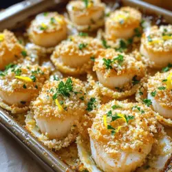 - 1 pound sea scallops, cleaned and patted dry - 4 tablespoons unsalted butter, melted - 4 cloves garlic, minced These main ingredients create a rich and savory base. The sea scallops should be fresh and firm. The unsalted butter adds creaminess, while fresh garlic gives a bold flavor. - 1 tablespoon fresh parsley, chopped - 1 teaspoon lemon zest - 1 tablespoon lemon juice - ½ teaspoon paprika These enhancers brighten the dish. Fresh parsley adds color and freshness. Lemon zest and juice provide a tangy kick. Paprika gives warmth and a hint of smokiness. - ½ cup breadcrumbs (preferably panko for crunch) - Salt and pepper to taste Panko breadcrumbs add great texture. They create a delightful crunch on top. Don't forget to season with salt and pepper for flavor balance. For the full recipe, check out the complete instructions above. Start by cleaning your scallops. Rinse them under cold water to remove any grit. Pat them dry with paper towels. This step is key for a good sear. If they are wet, they won't cook evenly. Next, make sure all the scallops are similar in size. This helps them cook at the same rate. You want them to be about the same thickness. If any scallops are too thick, cut them slightly to match the others. In a small bowl, mix four tablespoons of melted butter with four cloves of minced garlic. Add one tablespoon of chopped parsley, one teaspoon of lemon zest, and one tablespoon of lemon juice. This blend creates a rich flavor. Fresh garlic is very important here. It gives a strong, bold taste. Avoid using garlic powder, as it lacks the same zing. Take a lightly greased baking dish and arrange your scallops in a single layer. Space them out so each has room to cook properly. This way, they will not steam and will gain a nice texture. Spoon your garlic butter mixture evenly over each scallop. Make sure they are well-coated. Then, sprinkle half a cup of panko breadcrumbs on top. This adds a delightful crunch. Preheat your oven to 400°F (200°C) and bake for about 12-15 minutes. You'll know they are done when they turn opaque and the breadcrumbs are golden brown. Take them out and let them cool a bit before serving. For the full recipe, check the details above. When buying scallops, look for ones that smell fresh, like the ocean. They should have a firm texture and a slight sheen. Avoid scallops that smell fishy or have a dull appearance. Sea scallops are larger and meatier than bay scallops, making them ideal for this dish. Bay scallops are smaller and sweeter but may lack the same texture. Both can work, but I prefer sea scallops for their size and flavor. Adjust the seasonings to match your taste. If you love garlic, add more minced cloves. You can also balance the flavor with a pinch of salt and pepper. For a twist, try infusing other herbs like thyme or rosemary. Just chop them finely and mix them into the garlic butter. This adds depth and fun flavors to your scallops. To avoid overcooking scallops, keep an eye on them as they bake. They cook quickly, usually in 12 to 15 minutes. The scallops should be opaque and firm to the touch when done. For a perfect golden breadcrumb topping, use panko breadcrumbs. They crisp up nicely in the oven. You can drizzle more garlic butter over the breadcrumbs for extra flavor and crunch. {{image_2}} You can mix up the taste of your garlic butter baked scallops in fun ways. One easy way is by adding cheese. Parmesan gives a rich, salty kick. Feta adds a tangy twist. Both options melt beautifully over the scallops. Herbs can change the whole dish. Try dill for a fresh, bright flavor. Basil adds a sweet touch. You can sprinkle these herbs on top before baking. They will infuse the scallops with their unique tastes. Do you follow a keto diet? You can still enjoy this dish. Use almond flour instead of breadcrumbs. This keeps it low in carbs. You can also add more cheese for extra flavor and richness. If you need gluten-free options, look for gluten-free breadcrumbs. They work just as well. Many brands offer tasty choices that fit your needs. You won’t lose any crunch or taste! When serving garlic butter baked scallops, think about side dishes. A light salad pairs nicely. You can also serve roasted vegetables for a healthy option. Both choices balance the richness of the scallops. For a special touch, create a seafood platter. Add shrimp, crab, or mussels. This makes the dish feel fancy and fun. Your guests will love the variety and flavors! For the full recipe, check the earlier sections. Enjoy the cooking! To store baked scallops in the fridge, let them cool first. Place them in an airtight container. They can stay fresh for up to three days. If you want to store them longer, consider freezing. Wrap the scallops tightly in plastic wrap and then place them in a freezer-safe bag. They can last up to three months in the freezer. When reheating baked scallops, you must be gentle. The oven is the best method. Preheat the oven to 300°F (150°C). Place the scallops on a baking tray, cover them with foil, and heat for about 10 minutes. This keeps them moist. If you use a microwave, heat them in short bursts of 30 seconds. Check after each burst to avoid drying them out. To keep scallops fresh before cooking, buy them the day you plan to use them. Store them in the coldest part of your fridge. Place them on ice or in a bowl covered with a damp cloth. For garlic and herbs, store them in a cool, dark place. Keep garlic in a breathable bag or basket. Fresh herbs do best in the fridge in a glass of water, covered loosely with a plastic bag. This helps them stay fresh longer. You can tell when scallops are cooked by their color and texture. Perfectly cooked scallops turn opaque and firm. They should feel slightly springy when you touch them. If they are still translucent, they need more time. Keep an eye on the edges; they should not be rubbery. Cooking time is usually around 12-15 minutes at 400°F. Overcooking can lead to a tough texture, so check them closely. Yes, you can use frozen scallops! Just make sure to thaw them before cooking. To thaw, place them in the fridge overnight. If you're short on time, you can put them in a sealed bag and submerge it in cold water for about 30 minutes. Once thawed, pat them dry with a paper towel. This helps achieve that lovely sear and flavor in your garlic butter baked scallops. Garlic butter baked scallops pair well with many side dishes. Here are some tasty ideas: - Garlic bread: A perfect match to soak up the buttery sauce. - Steamed vegetables: Broccoli or asparagus add color and nutrition. - Salad: A light green salad with lemon vinaigrette complements the dish well. - Rice or quinoa: Simple grains balance the rich flavors of the scallops. - Creamy pasta: A light pasta can make for a satisfying meal. Feel free to mix and match these sides. Enjoy your meal! For the complete recipe, check out the Full Recipe. Garlic butter baked scallops are simple and tasty. We covered key ingredients like scallops, garlic, and butter, plus flavor boosters. I shared steps to prep and bake, ensuring perfect results. Tips on choosing scallops and baking techniques can help you excel. In the end, you can enjoy these scallops in many ways. Whether with a fresh salad or a seafood platter, the options are endless. Experiment with flavors and make this dish your own! Enjoy your cooking!