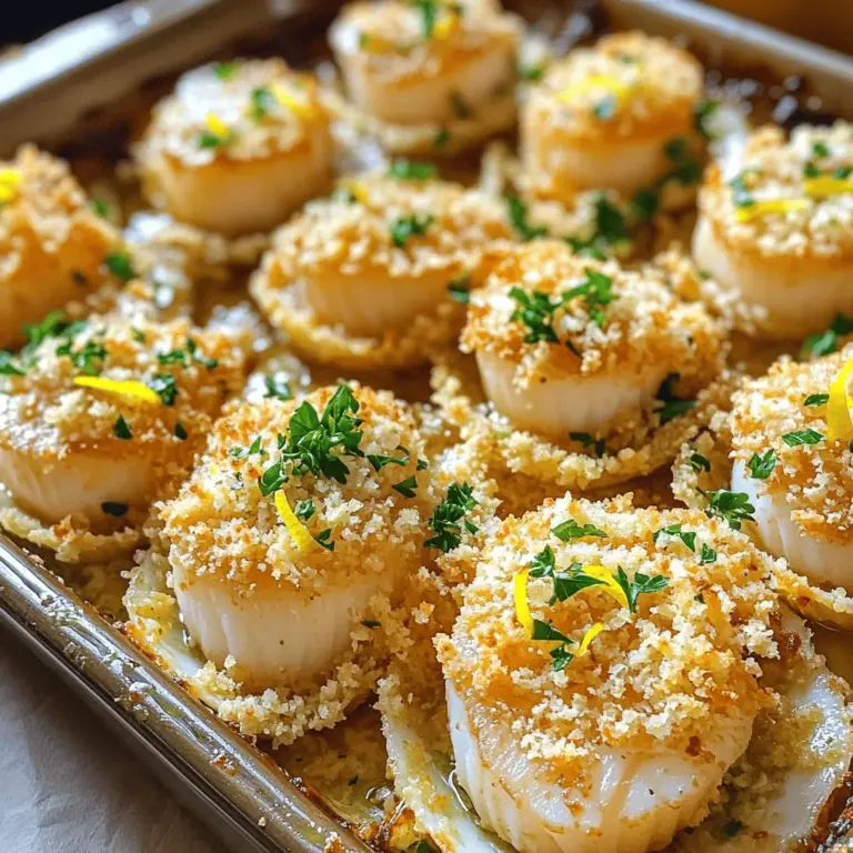 - 1 pound sea scallops, cleaned and patted dry - 4 tablespoons unsalted butter, melted - 4 cloves garlic, minced These main ingredients create a rich and savory base. The sea scallops should be fresh and firm. The unsalted butter adds creaminess, while fresh garlic gives a bold flavor. - 1 tablespoon fresh parsley, chopped - 1 teaspoon lemon zest - 1 tablespoon lemon juice - ½ teaspoon paprika These enhancers brighten the dish. Fresh parsley adds color and freshness. Lemon zest and juice provide a tangy kick. Paprika gives warmth and a hint of smokiness. - ½ cup breadcrumbs (preferably panko for crunch) - Salt and pepper to taste Panko breadcrumbs add great texture. They create a delightful crunch on top. Don't forget to season with salt and pepper for flavor balance. For the full recipe, check out the complete instructions above. Start by cleaning your scallops. Rinse them under cold water to remove any grit. Pat them dry with paper towels. This step is key for a good sear. If they are wet, they won't cook evenly. Next, make sure all the scallops are similar in size. This helps them cook at the same rate. You want them to be about the same thickness. If any scallops are too thick, cut them slightly to match the others. In a small bowl, mix four tablespoons of melted butter with four cloves of minced garlic. Add one tablespoon of chopped parsley, one teaspoon of lemon zest, and one tablespoon of lemon juice. This blend creates a rich flavor. Fresh garlic is very important here. It gives a strong, bold taste. Avoid using garlic powder, as it lacks the same zing. Take a lightly greased baking dish and arrange your scallops in a single layer. Space them out so each has room to cook properly. This way, they will not steam and will gain a nice texture. Spoon your garlic butter mixture evenly over each scallop. Make sure they are well-coated. Then, sprinkle half a cup of panko breadcrumbs on top. This adds a delightful crunch. Preheat your oven to 400°F (200°C) and bake for about 12-15 minutes. You'll know they are done when they turn opaque and the breadcrumbs are golden brown. Take them out and let them cool a bit before serving. For the full recipe, check the details above. When buying scallops, look for ones that smell fresh, like the ocean. They should have a firm texture and a slight sheen. Avoid scallops that smell fishy or have a dull appearance. Sea scallops are larger and meatier than bay scallops, making them ideal for this dish. Bay scallops are smaller and sweeter but may lack the same texture. Both can work, but I prefer sea scallops for their size and flavor. Adjust the seasonings to match your taste. If you love garlic, add more minced cloves. You can also balance the flavor with a pinch of salt and pepper. For a twist, try infusing other herbs like thyme or rosemary. Just chop them finely and mix them into the garlic butter. This adds depth and fun flavors to your scallops. To avoid overcooking scallops, keep an eye on them as they bake. They cook quickly, usually in 12 to 15 minutes. The scallops should be opaque and firm to the touch when done. For a perfect golden breadcrumb topping, use panko breadcrumbs. They crisp up nicely in the oven. You can drizzle more garlic butter over the breadcrumbs for extra flavor and crunch. {{image_2}} You can mix up the taste of your garlic butter baked scallops in fun ways. One easy way is by adding cheese. Parmesan gives a rich, salty kick. Feta adds a tangy twist. Both options melt beautifully over the scallops. Herbs can change the whole dish. Try dill for a fresh, bright flavor. Basil adds a sweet touch. You can sprinkle these herbs on top before baking. They will infuse the scallops with their unique tastes. Do you follow a keto diet? You can still enjoy this dish. Use almond flour instead of breadcrumbs. This keeps it low in carbs. You can also add more cheese for extra flavor and richness. If you need gluten-free options, look for gluten-free breadcrumbs. They work just as well. Many brands offer tasty choices that fit your needs. You won’t lose any crunch or taste! When serving garlic butter baked scallops, think about side dishes. A light salad pairs nicely. You can also serve roasted vegetables for a healthy option. Both choices balance the richness of the scallops. For a special touch, create a seafood platter. Add shrimp, crab, or mussels. This makes the dish feel fancy and fun. Your guests will love the variety and flavors! For the full recipe, check the earlier sections. Enjoy the cooking! To store baked scallops in the fridge, let them cool first. Place them in an airtight container. They can stay fresh for up to three days. If you want to store them longer, consider freezing. Wrap the scallops tightly in plastic wrap and then place them in a freezer-safe bag. They can last up to three months in the freezer. When reheating baked scallops, you must be gentle. The oven is the best method. Preheat the oven to 300°F (150°C). Place the scallops on a baking tray, cover them with foil, and heat for about 10 minutes. This keeps them moist. If you use a microwave, heat them in short bursts of 30 seconds. Check after each burst to avoid drying them out. To keep scallops fresh before cooking, buy them the day you plan to use them. Store them in the coldest part of your fridge. Place them on ice or in a bowl covered with a damp cloth. For garlic and herbs, store them in a cool, dark place. Keep garlic in a breathable bag or basket. Fresh herbs do best in the fridge in a glass of water, covered loosely with a plastic bag. This helps them stay fresh longer. You can tell when scallops are cooked by their color and texture. Perfectly cooked scallops turn opaque and firm. They should feel slightly springy when you touch them. If they are still translucent, they need more time. Keep an eye on the edges; they should not be rubbery. Cooking time is usually around 12-15 minutes at 400°F. Overcooking can lead to a tough texture, so check them closely. Yes, you can use frozen scallops! Just make sure to thaw them before cooking. To thaw, place them in the fridge overnight. If you're short on time, you can put them in a sealed bag and submerge it in cold water for about 30 minutes. Once thawed, pat them dry with a paper towel. This helps achieve that lovely sear and flavor in your garlic butter baked scallops. Garlic butter baked scallops pair well with many side dishes. Here are some tasty ideas: - Garlic bread: A perfect match to soak up the buttery sauce. - Steamed vegetables: Broccoli or asparagus add color and nutrition. - Salad: A light green salad with lemon vinaigrette complements the dish well. - Rice or quinoa: Simple grains balance the rich flavors of the scallops. - Creamy pasta: A light pasta can make for a satisfying meal. Feel free to mix and match these sides. Enjoy your meal! For the complete recipe, check out the Full Recipe. Garlic butter baked scallops are simple and tasty. We covered key ingredients like scallops, garlic, and butter, plus flavor boosters. I shared steps to prep and bake, ensuring perfect results. Tips on choosing scallops and baking techniques can help you excel. In the end, you can enjoy these scallops in many ways. Whether with a fresh salad or a seafood platter, the options are endless. Experiment with flavors and make this dish your own! Enjoy your cooking!
