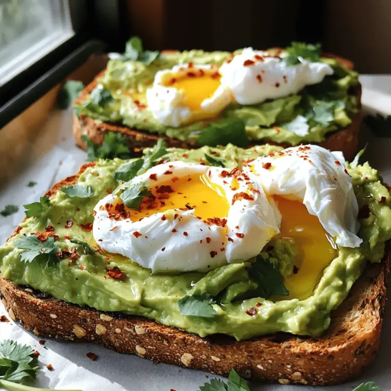 To make Avocado Toast with Poached Egg, gather these fresh ingredients: - 2 ripe avocados - 4 slices of whole grain bread - 4 large eggs - 1 tablespoon white vinegar - 1 tablespoon olive oil - 1 garlic clove, minced - Juice of 1 lemon - Salt and pepper to taste - Red pepper flakes (optional, for garnish) - Fresh herbs (such as cilantro or parsley, for garnish) When you choose avocados, look for ones that yield slightly when pressed. This shows they are ripe and ready to use. Whole grain bread gives a hearty base. The eggs should be large and fresh for the best poaching results. You can use white vinegar to help the egg whites set faster. Fresh garlic and lemon juice add great flavor to the avocado. Seasoning with salt and pepper enhances the taste, while red pepper flakes add the perfect kick. Fresh herbs bring color and additional flavor to your dish. For the full recipe, check out the details above! 1. Filling the saucepan with water Start by filling a medium saucepan with water. Use enough water to cover the eggs. Aim for about 3 inches deep. 2. Adding vinegar and creating a whirlpool Add 1 tablespoon of white vinegar to the water. This helps the egg whites stay together. Stir the water gently to create a whirlpool. This motion helps the eggs form a nice shape. 3. Timing for the perfect runny yolk Crack each egg into a small bowl. This way, you can add each egg without breaking the yolk. Once the water simmers, slide the eggs into the center of the whirlpool. Poach for 3-4 minutes for a runny yolk. If you like it firmer, cook a bit longer. 1. Slicing and mashing the avocados Take 2 ripe avocados and slice them in half. Remove the pit and scoop the flesh into a bowl. Use a fork to mash the avocado until smooth, or keep it chunky if you prefer. 2. Incorporating flavor with garlic and lemon Add 1 minced garlic clove and juice from 1 lemon to the mashed avocado. Mix well and season with salt and pepper. This adds a fresh taste to your avocado spread. 1. Options for toasting: toaster or skillet You can toast 4 slices of whole grain bread in a toaster or on a skillet. If using a skillet, heat a little olive oil for extra flavor. 2. Achieving the perfect crispy texture Toast until golden brown and crispy. This step is key for the perfect avocado toast. A good crunch adds great texture. For the full recipe, see the section above. To poach an egg just right, start with fresh eggs. Fresh eggs hold their shape better. Use a pot with simmering water, not boiling. Add a tablespoon of white vinegar to help the egg whites stay together. Stir the water to create a whirlpool. This helps the egg form a nice shape. Common pitfalls: - Egg breaks: Crack the egg into a small bowl first. This keeps the yolk intact. - Overcooked egg: Aim for 3-4 minutes for a runny yolk. Try a timer to help you. For creamy avocado, choose ripe ones. A ripe avocado feels slightly soft but not mushy. To mash, use a fork for a chunky texture. Add garlic and lemon juice to enhance the flavor. Mix until it reaches your desired consistency. Freshness indicators: - Color: A dark green color inside means it's ripe. - Skin: Check for small dark spots; this might mean it’s overripe. When choosing bread, whole grain is best for flavor and texture. Look for bread with seeds for extra crunch. You can also use sourdough for a tangy taste. Alternatives for gluten-free diets: - Gluten-free bread: Many shops sell tasty gluten-free options. - Rice cakes: A low-carb choice that still holds the toppings well. For the full recipe, check out the details above. {{image_2}} You can add fun toppings to your avocado toast. Try smoked salmon for a rich taste. Bacon adds a nice crunch and salty flavor. For veggies, slice fresh tomatoes or radishes. Both add color and freshness. You can also sprinkle some feta cheese for a creamy bite. To boost flavor, consider adding spices. A pinch of garlic powder or paprika works wonders. You can also try fresh herbs like basil or dill. For oil, flavored olive oil adds extra zest. Avocado oil is another great choice for health and taste. If you want a vegan option, swap eggs for chickpeas or tofu. Both are great for protein. For low-carb diets, skip the bread and use cucumber slices. You can also use cloud bread for a keto-friendly choice. This way, you can enjoy the same great taste while sticking to your diet. For the complete recipe, check out the Full Recipe section. To keep avocados fresh, store them in the fridge. Wrap them tightly in plastic wrap. This slows down browning. If you have cut avocados, sprinkle some lemon juice on them. This helps keep their green color. For toasted bread, keep it in an airtight container. This keeps it from getting stale. To reheat your toast, use a toaster or an oven. This way, it stays crispy. Avoid using the microwave as it can make it soggy. If you have leftover poached eggs, place them in warm water. This warms them up gently without cooking them more. You can prepare ingredients ahead of time to save time. Mash avocados the night before, but store them in an airtight container. Add lemon juice to prevent browning. You can also toast your bread in advance. Just keep it in a cool, dry place until you're ready to eat. For the full recipe, check the earlier section. To poach an egg perfectly, use fresh eggs. Fill a medium saucepan with water and bring it to a gentle simmer. Add a tablespoon of white vinegar to help the egg whites hold together. Create a gentle whirlpool by stirring the water. This helps the egg white wrap around the yolk. Crack the egg into a small bowl first, then slide it into the whirlpool. Cook for about 3-4 minutes for a runny yolk. Use a slotted spoon to remove it. You can prepare avocado toast in advance, but the avocado may brown. To slow browning, add lemon juice to the mashed avocado. Store it in an airtight container. Assemble the toast shortly before serving for the best taste. Toast the bread and add the avocado just before eating. This keeps the flavors fresh and bright. If you don’t have whole grain bread, many options exist. You can use sourdough, rye, or multigrain bread. Gluten-free bread also works well. For a low-carb option, try using lettuce wraps or zucchini slices. Each option gives a different taste and texture to your avocado toast. Avocados are very healthy. They are full of good fats that help your heart. They also have fiber, which aids digestion. Plus, avocados contain vitamins like E, K, and B. Eating avocados can help keep your skin healthy and your energy levels up. Yes, you can use frozen avocados. Just thaw them before using. Frozen avocados are great for smoothies too. However, they may be a bit mushy, so they work best for mashing. Use them in your avocado toast with confidence! Check out the Full Recipe for more details on how to make this dish delicious. To wrap up, we've explored how to make a tasty avocado toast with poached eggs. We covered the key ingredients, the steps to poach eggs, prepare avocados, and toast bread for the perfect crunch. You learned tips to avoid common mistakes and ways to customize the dish for your tastes. Enjoy experimenting with different toppings and flavors. This simple meal can be a great breakfast or snack. Remember, avocado toast is not just food; it’s a versatile canvas for your creativity!