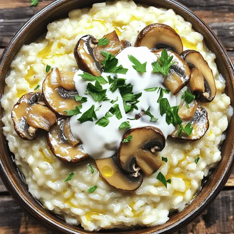 To make this delicious risotto, you will need these main ingredients: - 1 cup Arborio rice - 4 cups vegetable broth - 1 cup mushrooms (cremini or button), sliced - 1 small onion, finely chopped - 2 cloves garlic, minced - 1 cup heavy cream - 1/2 cup grated Parmesan cheese - 2 tablespoons olive oil - 1 teaspoon dried thyme - Salt and pepper to taste - Fresh parsley, chopped (for garnish) These ingredients come together to create a creamy and rich dish. Arborio rice is key, as it gives risotto its creamy texture. The mushrooms add a nice earthy flavor, while the cream and cheese make it extra indulgent. You can tweak this recipe to suit your taste. Here are some optional ingredients you might like: - Peas for a pop of color and sweetness - Spinach for a healthy boost - Bacon or pancetta for a meaty flavor - Different herbs like basil or rosemary for a fresh twist These additions can help you create your own version of this risotto. Feel free to mix and match! Having the right tools makes cooking easier and more fun. Here are some tools I recommend for this recipe: - Instant Pot or any electric pressure cooker - Wooden spoon for stirring - Measuring cups and spoons for accuracy - Chef’s knife for chopping - Cutting board for prep work Using these tools will help you prepare the risotto smoothly. They ensure your ingredients are ready to go when you need them. For the full recipe, check out the detailed steps to make this creamy mushroom risotto! First, set your Instant Pot to sauté mode. Add two tablespoons of olive oil and let it warm up. This step is key for flavor. When the oil is hot, toss in one small onion, finely chopped, and two cloves of minced garlic. Sauté these for about 2-3 minutes. You want the onion to turn translucent, which shows it’s ready. Next, add one cup of sliced mushrooms. Cremini or button mushrooms work well here. Sprinkle in one teaspoon of dried thyme for a nice herbal touch. Cook this mix for about 3-4 minutes. You’ll see the mushrooms soften and let out some moisture. This brings out their rich flavor. Now, stir in one cup of Arborio rice. Toast it for 1-2 minutes while stirring. This step helps your risotto get that nice creamy texture. After toasting, pour in four cups of vegetable broth. Make sure all the rice is covered. Close the lid tightly. Set your Instant Pot to manual high pressure for six minutes. Once the timer goes off, let it naturally release pressure for 10 minutes. After that, you can do a quick release for any leftover pressure. Once you open the lid, it’s time for the final touches. Stir in one cup of heavy cream and half a cup of grated Parmesan cheese. Mix it well until the cheese melts and the risotto becomes creamy. Season with salt and pepper to taste. If your risotto seems too thick, add a bit more broth. Serve your dish hot, garnished with fresh chopped parsley. This adds color and a fresh bite. For the full recipe, check out the details above! To make risotto creamy, you need to use Arborio rice. This rice type has starch that thickens the dish. Always toast the rice in the pot for a minute before adding broth. This step helps release more starch. Stir the mixture often to keep it smooth. After cooking, add heavy cream and cheese for extra creaminess. If your risotto is too thick, add more broth a little at a time. One common mistake is not letting the rice toast. Skipping this step can lead to a less creamy dish. Another mistake is adding all the broth at once. This can make the rice cook unevenly. Be sure to let the Instant Pot naturally release pressure. If you rush it, the risotto can become gummy. Lastly, don’t forget to taste and adjust the seasoning. You can switch out some ingredients for different flavors. If you want a lighter dish, use half-and-half instead of heavy cream. You can also use vegetable stock instead of broth. If you don’t have Parmesan cheese, try Pecorino Romano for a sharper taste. For mushrooms, you can mix in different types like shiitake or portobello. To add protein, include cooked chicken or shrimp. For a complete guide, check the Full Recipe. {{image_2}} You can easily make this risotto vegetarian or vegan. For a vegetarian dish, just use vegetable broth and keep the Parmesan cheese. To make it vegan, swap the heavy cream for coconut cream or a plant-based alternative. Nutritional yeast can replace Parmesan for a cheesy flavor. You still get all the creamy goodness without dairy. Want to add protein? Chicken or shrimp works great. For chicken, use diced breast or thighs. Sauté them first until golden, then add the onion and garlic. For shrimp, add them in during the last few minutes of cooking. They cook quickly, adding a nice touch to the risotto. Both options make this dish more filling. You can boost flavors with herbs and spices. Fresh herbs like basil or chives add brightness. You can also try adding a pinch of red pepper flakes for heat. If you love earthy tones, consider a dash of smoked paprika. Each of these choices enhances the dish's depth. Don't be shy to experiment; find what you love! For the full recipe, check out the [Full Recipe]. To keep your risotto fresh, first let it cool. Place it in an airtight container. Make sure it cools to room temperature before sealing. This helps avoid moisture buildup. Store the container in the fridge for up to three days. If you want to keep it longer, consider freezing it instead. When you reheat risotto, avoid the microwave if possible. It can make the rice dry. Instead, use a pan on low heat. Add a splash of broth or water to revive the creaminess. Stir it often to heat evenly. You want it warm and smooth, not sticky. Freezing risotto is simple. First, let it cool completely. Then, scoop portions into freezer bags. Flatten the bags to save space. Make sure to squeeze out as much air as you can. Store in the freezer for up to two months. To enjoy, thaw overnight in the fridge before reheating. This keeps the flavor and texture just right. For the full recipe, check the details above! You can use other types of rice, but Arborio rice is best. Arborio rice has a high starch content. This helps create that creamy texture you want in risotto. If you try other rice, like jasmine or basmati, the dish will not be as creamy. They cook faster and don’t absorb liquid the same way. Stick with Arborio for the best result. To make risotto without heavy cream, use milk or a plant-based option. Almond milk or coconut milk can work well too. You can also add extra vegetable broth for creaminess. Stir in some nutritional yeast for a cheesy flavor. This way, you keep the rich taste without heavy cream. Creamy mushroom risotto pairs well with many dishes. You can serve it with grilled chicken or roasted vegetables for a full meal. A fresh green salad also adds a nice contrast. For a rich touch, a glass of white wine is a perfect match. Enjoy your meal with these simple sides for a great dining experience. This article shows you how to make creamy mushroom risotto in an Instant Pot. We discussed key ingredients, step-by-step cooking instructions, and great tips for smooth texture. Variations let you add protein or make it vegan. Plus, we covered how to store and reheat leftovers. Remember, risotto is fun and customizable. Don’t be afraid to experiment with flavors. Enjoy your cooking!