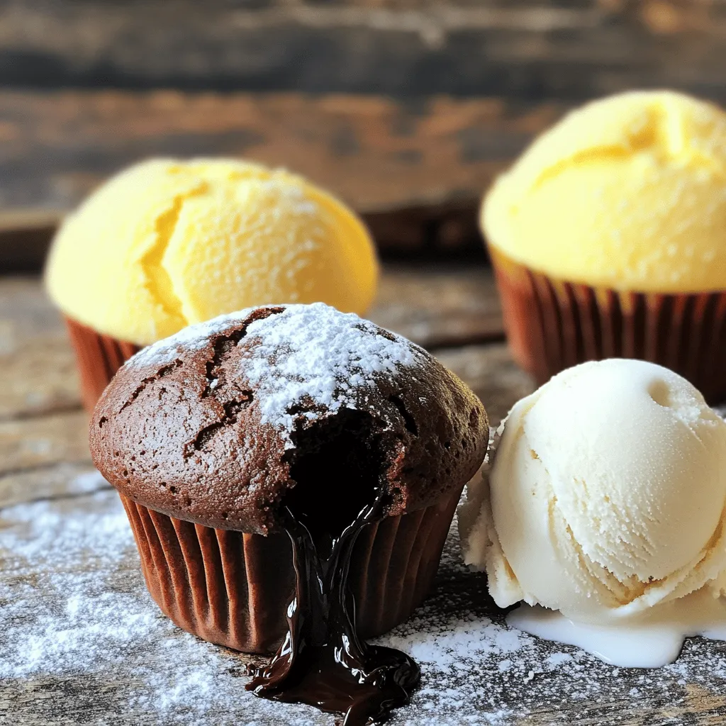 To make these tasty chocolate muffins, gather these main ingredients: - 1 cup all-purpose flour - 1/2 cup unsweetened cocoa powder - 1 tsp baking powder - 1/2 tsp baking soda - 1/4 tsp salt - 1/2 cup granulated sugar - 1/2 cup brown sugar, packed - 1/2 cup unsalted butter, melted - 2 large eggs - 1 tsp vanilla extract - 1/2 cup milk - 1/2 cup semi-sweet chocolate chips - 1/4 cup dark chocolate, chopped (for molten center) These ingredients work together to create a rich and moist muffin with a chocolatey center. The combination of sugars adds depth and sweetness. You can customize your muffins with these fun add-ins or substitutions: - Swap half of the all-purpose flour for whole wheat flour for added fiber. - Use almond milk or oat milk instead of regular milk for a dairy-free option. - Add nuts like walnuts or pecans for a crunchy texture. - Stir in a teaspoon of instant coffee for a deeper chocolate flavor. - Toss in some chopped fruits like bananas or raspberries for a fruity twist. These changes can make your muffins unique and tailored to your taste. Make your baking process smooth with these tools: - Muffin tin (12-cup) - Mixing bowls (one large, one medium) - Whisk - Rubber spatula - Measuring cups and spoons - Oven mitts - Cooling rack Having the right equipment helps you bake without fuss. These tools ensure your muffins turn out great every time. For the full recipe, check out the previous section. Start by preheating your oven to 350°F (175°C). Grease your muffin tin or use paper liners. In a medium bowl, mix together the flour, cocoa powder, baking powder, baking soda, and salt. This helps to combine dry ingredients well. Set this bowl aside for now. In a larger bowl, add the melted butter, granulated sugar, brown sugar, eggs, vanilla extract, and milk. Beat these together until smooth. Then, slowly add the dry mix to this wet mix. Stir gently until just mixed. Be cautious not to overmix. Finally, fold in the semi-sweet chocolate chips. This gives your muffins extra delight. Now, it's time to fill your muffin cups. Pour a small amount of batter into each cup, filling them about one-third full. This step is key to making room for the molten chocolate. Next, take a piece of dark chocolate and place it in the center of each cup. Cover it with more batter until the cups are two-thirds full. This will ensure a gooey center when baked. Place your muffin tin in the oven and bake for 12-15 minutes. Keep an eye on them! The edges should feel firm, while the tops should look slightly set. It's okay if the center remains soft; that's what gives that lava effect. Once done, let the muffins cool in the tin for about five minutes. Then, transfer them to a wire rack to cool completely. Enjoy the rich aroma as you wait! To get soft, fluffy chocolate muffins, follow these tips: - Use room temperature eggs and milk. This helps mix well. - Do not overmix the batter. Gently stir until just combined. - Use a scale for precise measurements. This gives you the best results. - Let the batter sit for a few minutes before baking. This helps the flavors blend. Here are common errors that can hurt your muffins: - Overbaking. Keep an eye on your muffins. They should be soft in the center. - Using cold ingredients. This can lead to a dense texture. - Not measuring your flour correctly. Too much flour can make muffins dry. - Skipping the resting time. This can lead to less flavor and texture. Serving your muffins right can make them even better: - Dust with powdered sugar for a nice finish. - Add a dollop of whipped cream for extra creaminess. - Pair with vanilla ice cream for a rich dessert. - Serve warm for that gooey chocolate center. Enjoy every bite! For the full recipe, check out the detailed instructions provided earlier. {{image_2}} You can make small changes to make these muffins a bit healthier. Try using whole wheat flour instead of all-purpose flour. This adds fiber and nutrients. You can also swap granulated sugar for coconut sugar. It has a lower glycemic index. For a richer taste, use Greek yogurt instead of butter. It will keep your muffins moist, too. Get creative with flavors! Add a few drops of peppermint extract for a minty twist. You can also mix in some orange zest for a fresh kick. For a richer chocolate flavor, add espresso powder. This will deepen the taste without making it taste like coffee. Experiment with your favorite flavors to make these muffins your own! You can make these muffins gluten-free by using almond flour or a gluten-free blend. Just ensure it has a good binding agent for the best texture. For a vegan option, replace the eggs with flaxseed meal or applesauce. Use plant-based butter and almond milk instead of dairy. These swaps keep the muffins just as tasty while meeting dietary needs. For the full recipe, check out the section above! To keep your chocolate muffins fresh, let them cool completely first. Place them in an airtight container. Store at room temperature for up to three days. If you want to keep them longer, the fridge is an option. Just note that this may change their texture. Always wrap the muffins in plastic wrap to prevent them from drying out. Freezing is a great way to save muffins for later. Wrap each muffin in plastic wrap or foil. Then, place them in a freezer bag or container. Make sure to remove as much air as possible. Label the bag with the date. You can freeze them for up to three months. When you’re ready to enjoy, thaw them overnight in the fridge or at room temperature. When you want to enjoy a muffin, reheating is easy. If they are frozen, let them thaw first. Then, place a muffin on a microwave-safe plate. Heat it in the microwave for about 15-20 seconds. For a crispier texture, use an oven. Preheat it to 350°F (175°C) and bake for about 5-7 minutes. Enjoy the warm, gooey center! For the full recipe, check out the heavenly chocolate lava muffins. Yes, you can make these muffins ahead of time. Bake them and let them cool completely. Then, store them in an airtight container at room temperature for up to three days. If you want to keep them longer, freeze them. Wrap each muffin tightly in plastic wrap and place them in a freezer bag. They can last up to three months in the freezer. If you need an egg substitute, try using applesauce. Use 1/4 cup of unsweetened applesauce for each egg. You can also use mashed bananas, yogurt, or flaxseed meal. To use flaxseed, mix 1 tablespoon of flaxseed meal with 2.5 tablespoons of water. Let it sit for about five minutes to thicken before adding it to the mix. Check the muffins around the 12-minute mark. Insert a toothpick into the center of a muffin. If it comes out clean or with just a few crumbs, they are done. The tops should be firm and slightly set. Remember, the center should remain soft for that lovely lava effect. For perfect muffins, keep an eye on them as they bake. Now you have all you need to make perfect chocolate muffins. We covered key ingredients, step-by-step instructions, and useful tips to avoid errors. You learned smart ways to vary the recipe and store leftovers, plus answers to common questions. My final tip? Enjoy sharing these treats with friends and family. Muffin magic is in your hands now, so get baking!