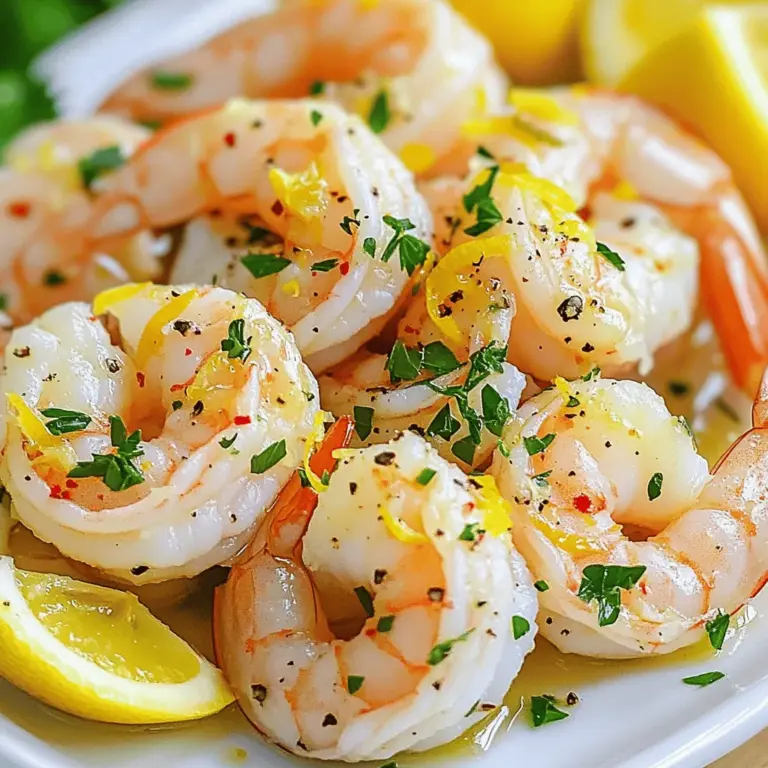 - 1 pound large shrimp, peeled and deveined - 4 cloves garlic, minced - 1/4 cup fresh lemon juice - Zest of 1 lemon - 1/4 cup olive oil - 1 teaspoon red pepper flakes (adjust to taste) - 1 tablespoon fresh parsley, chopped - Salt and pepper, to taste - Lemon wedges, for serving For this dish, I always choose fresh shrimp. They bring bright flavors and a juicy bite. You can find them at your local market. Look for shrimp that feels firm and has a clean smell. If you use frozen shrimp, make sure to thaw them well before cooking. The marinade is key to great taste. Fresh garlic gives a strong flavor. Lemon juice and zest add a nice zing. Olive oil makes everything rich and smooth. Red pepper flakes give a little heat, but you can use less if you want it milder. Garnish with parsley for color and freshness. Serve with lemon wedges for a zesty kick. You can find the full recipe for Zesty Lemon Garlic Shrimp in the earlier sections. To start, grab a medium bowl. In this bowl, mix together the olive oil, minced garlic, and fresh lemon juice. Add the lemon zest and red pepper flakes. Season with salt and pepper. Whisk it all together until it looks smooth and mixed well. This marinade gives the shrimp a bright and zesty flavor. Now, take your peeled and deveined shrimp and place them in the bowl with the marinade. Toss the shrimp gently to coat them evenly. This step is key to ensuring every bite is full of flavor. Let the shrimp marinate for at least 15 minutes. If you have time, let them sit for up to 30 minutes. This longer time allows the flavors to soak in even more. Once your shrimp have marinated, heat a large skillet over medium-high heat. When the skillet is hot, add the shrimp in a single layer. Cook them for about 2-3 minutes on one side. You want them to turn pink and opaque. After that, flip the shrimp over and cook for another 2 minutes. Once done, remove the skillet from heat. Garnish your shrimp with chopped parsley for a fresh touch. Serve them right away with lemon wedges for an extra zesty kick. For the full recipe, check the earlier section. When picking shrimp, look for large, fresh shrimp. They should smell like the sea, not fishy. You can choose either wild-caught or farmed shrimp. Wild shrimp often have better flavor. If using frozen shrimp, thaw them in the fridge overnight for best results. To make your dish even tastier, try adding some extras. Fresh basil or cilantro adds a nice twist. For a smoky flavor, add smoked paprika. A splash of white wine can also elevate the dish. Experiment with different spices to find your favorite mix. Cooking shrimp takes just a few minutes. They are done when they turn pink and curl into a C shape. Avoid overcooking, as it makes them tough. Pay close attention to the cooking time. Remove them from heat as soon as they're done. Follow the Full Recipe for precise cooking times. {{image_2}} You can boost the taste of your Zesty Lemon Garlic Shrimp with fun add-ins. Consider adding diced tomatoes for a fresh burst. Fresh spinach adds color and nutrients. For a kick, toss in sliced jalapeños or crushed red pepper. You can also mix in capers or olives for a salty touch. Each add-in brings a new twist, so feel free to get creative! You don’t have to stick to a skillet for cooking shrimp. You can grill them for a smoky flavor. Just thread the marinated shrimp on skewers and cook on medium heat. Broiling is another great option. Place the shrimp on a baking sheet and broil for about 2-3 minutes on each side. This method gives them a nice char and depth of flavor. Pair your shrimp with various sides for a complete meal. Serve over fluffy rice or creamy risotto for a hearty dish. You can also go with a fresh salad for a lighter option. Roasted vegetables add a nice crunch and color. If you want a crunchy touch, serve with garlic bread. Each side complements the shrimp and makes your meal special. For the full recipe, check below. After you enjoy your zesty lemon garlic shrimp, store any leftovers in an airtight container. This keeps the shrimp fresh. Place the container in the fridge. Your shrimp will stay good for up to two days. If you notice any strange smells or colors, it’s best to toss it out. If you want to keep your shrimp longer, freezing is a great option. First, make sure the shrimp is completely cooled. Place the shrimp in a freezer-safe bag or container. Remove as much air as you can to prevent freezer burn. Your shrimp can last up to three months in the freezer. When you're ready to use them, transfer them to the fridge to thaw overnight. To reheat your shrimp, avoid using the microwave. This can make them rubbery. Instead, use a skillet on low heat. Add a little olive oil and heat the shrimp slowly. This keeps them juicy and flavorful. You can also add a splash of lemon juice for extra zest while reheating. Enjoy your shrimp again just like the first time! For the full recipe, check out the previous section. You can tell shrimp is cooked when it turns pink and opaque. It should curl into a "C" shape. If it curls into an "O," it is overcooked. Cooking shrimp takes about 2 to 3 minutes per side. Keep an eye on it to avoid overcooking. Yes, you can use frozen shrimp for this recipe. Just make sure to thaw them first. Place them in the fridge overnight or run them under cold water for quick thawing. Pat the shrimp dry before marinating. This helps the marinade stick better. Zesty Lemon Garlic Shrimp goes well with many sides. Here are some great options: - Steamed rice or quinoa - Garlic bread or crusty baguette - Roasted vegetables like asparagus or broccoli - A fresh green salad with lemon vinaigrette - Pasta tossed in olive oil and herbs These sides will complement the bright flavors of the shrimp. For the full recipe, check out the main section on Zesty Lemon Garlic Shrimp. This post covered how to prepare zesty lemon garlic shrimp. You learned about the key ingredients, step-by-step cooking, and helpful tips. Remember to choose the right shrimp for the best taste. You can also explore fun variations to fit your meal. Storing leftovers properly keeps your dish tasty for later. Now you can cook shrimp with confidence. Enjoy your time in the kitchen and delight in every bite!