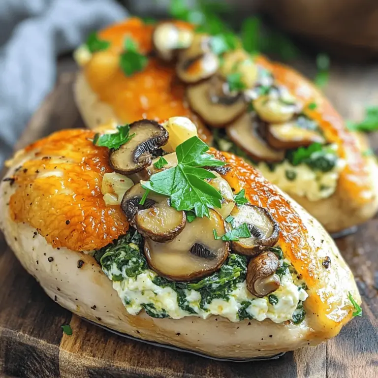 - 4 boneless, skinless chicken breasts - 2 cups finely chopped mushrooms - 1 small onion, finely chopped - 2 cloves garlic, minced - 1 cup chopped spinach - 1/2 cup low-fat cream cheese - 1/4 cup grated Parmesan cheese - 1 teaspoon dried thyme - 1 teaspoon salt - 1/2 teaspoon black pepper - 2 tablespoons olive oil - Fresh parsley for garnish The ingredients in this recipe come together to create a tasty dish. Each item plays its part in flavor and nutrition. Chicken breasts provide lean protein. Mushrooms add a rich, savory taste. Spinach boosts vitamins and minerals. Cream cheese keeps the stuffing creamy. Parmesan adds a nice, cheesy flavor. This dish is healthy and satisfying. Here’s a breakdown of the nutrients: - Calories: About 350 per serving - Protein: 30g - Fat: 15g - Carbs: 10g - Fiber: 2g The health benefits of the ingredients include: - Chicken breasts: High in protein, helps build muscle. - Mushrooms: Full of antioxidants, good for your immune system. - Spinach: Rich in iron and vitamins A and C. - Olive oil: Contains healthy fats that support heart health. This Healthy Mushroom Stuffed Chicken recipe combines taste and nutrition. You get a meal that fills you up and keeps you healthy. For the full recipe, check out the steps later in the article! First, you need to preheat your oven to 375°F (190°C). This is key for proper cooking. While the oven warms up, clear a large space on your counter. Gather your tools and ingredients so everything is ready when you start cooking. Now, let’s sauté the onions, garlic, and mushrooms. In a large skillet, heat 1 tablespoon of olive oil over medium heat. Add the finely chopped onion and cook for about 3-4 minutes until it turns translucent. Next, add the minced garlic and the chopped mushrooms. Stir and cook for 5-7 minutes until the mushrooms are soft and release their moisture. After that, stir in the chopped spinach and cook for 2 more minutes until it wilts. Once done, remove the skillet from heat and let the mixture cool slightly. In a large bowl, mix the cooled mushroom blend with cream cheese, Parmesan cheese, thyme, salt, and black pepper. Make sure it’s well combined. Now, it’s time to prepare the chicken breasts. Use a sharp knife to cut a pocket into each chicken breast. Slice horizontally but do not cut all the way through. This allows for stuffing. Let’s sear and bake the chicken. Take the stuffing and fill each chicken breast. Use toothpicks if needed to keep them closed. In the same skillet, heat the other tablespoon of olive oil. Sear the stuffed chicken for 2-3 minutes on each side until golden brown. Then, move the chicken to a baking dish. Now, bake the chicken in the preheated oven for 25-30 minutes. The chicken is done when the internal temperature reaches 165°F (75°C). Once cooked, remove it from the oven and let it rest for 5 minutes. Garnish with fresh parsley before serving. Enjoy this Healthy Mushroom Stuffed Chicken Delightful Recipe for a tasty meal. For the complete recipe, check out the Full Recipe. To make your Healthy Mushroom Stuffed Chicken shine, focus on seasoning. I like to use a mix of salt, black pepper, and thyme. You can adjust the salt to suit your taste. If you want more flavor, add a squeeze of lemon juice. This fresh touch brightens the dish. Using fresh herbs makes a big difference. Fresh thyme adds a lovely taste. Dried herbs are fine, too, but fresh makes the dish pop. Always use what you enjoy most. Keeping chicken breasts juicy is key. Start with brining. Soak the chicken in salty water for about 30 minutes. This helps the meat stay moist while cooking. When cooking, don’t overheat the skillet. A medium heat allows for even cooking. Sear both sides until golden brown, then bake. This two-step method locks in juices. Check the internal temperature; it should reach 165°F (75°C). For a beautiful plate, consider garnishing. Fresh parsley adds a pop of green. You can also use thin lemon slices for color. When plating, place the stuffed chicken in the center. Surround it with a colorful veggie side, like roasted carrots or green beans. A well-arranged plate makes your meal look gourmet. For more details, you can find the Full Recipe. {{image_2}} You can switch up the mushrooms and cheese in this recipe. If you want to try different mushrooms, use shiitake or portobello for a richer flavor. For cheese, consider goat cheese or feta for a tangy twist. You can also add other veggies like bell peppers, zucchini, or carrots to the stuffing. These will give your dish more color and nutrients. If you want added protein, consider including cooked quinoa or shredded chicken in the mix. This stuffed chicken pairs well with many sides. Consider serving it with a fresh salad or steamed vegetables for a light meal. You can also serve it over a bed of rice or quinoa for something heartier. For sauces, a light lemon butter sauce works wonders. A simple balsamic glaze can also add nice flavor and a touch of sweetness. Dipping sauces like a yogurt-based sauce or a tangy vinaigrette can enhance the meal. You can easily make this recipe gluten-free or dairy-free. For a gluten-free option, ensure your cream cheese is gluten-free and pair it with gluten-free sides. To make it dairy-free, swap the cream cheese and Parmesan with cashew cheese or a dairy-free cream cheese alternative. This way, you can enjoy the flavors without the dairy. Enjoy making this dish fit your dietary needs while still keeping it delicious! To store your Healthy Mushroom Stuffed Chicken, let it cool first. Place leftovers in an airtight container. You can refrigerate it for up to three days. If you want to keep it longer, freeze it. Wrap each chicken piece tightly in plastic wrap, then place it in a freezer-safe bag. This method helps keep the chicken fresh and tasty. When reheating, the goal is to keep the chicken moist. You can use an oven or a microwave. For the oven, preheat it to 350°F (175°C). Place the chicken in a baking dish and cover it with foil. Heat for about 20 minutes. If using a microwave, place the chicken on a microwave-safe plate. Cover with a damp paper towel and heat for 2-3 minutes. Check that it is hot throughout. Leftovers can stay fresh in the fridge for up to three days. If frozen, they can last for about three months. Always check for any signs of spoilage before eating. If it looks or smells off, it's best to discard it. Enjoy your Healthy Mushroom Stuffed Chicken safely! For the full recipe, feel free to check the earlier section. I recommend using cremini or button mushrooms for this recipe. Cremini mushrooms have a robust, earthy flavor. They add depth to the dish. Button mushrooms taste mild and sweet, making them a great choice too. You can mix both types for a tasty balance. If you want a richer flavor, try shiitake mushrooms. They work well but have a stronger taste. Yes, you can prep this dish in advance. Stuff the chicken breasts and store them in the fridge. Make sure to cover them tightly with plastic wrap or a lid. You can also make the stuffing a day ahead. Just keep it in the fridge until you are ready to use it. This way, you save time during a busy weeknight. To check if the chicken is done, use a meat thermometer. The internal temperature should reach 165°F (75°C). Insert the thermometer into the thickest part of the chicken, avoiding the stuffing. If you don’t have a thermometer, cut into the chicken. The meat should be white, with no pink. Juices should run clear, not pink. Absolutely! This recipe is great for meal prep. You can make a large batch and divide it into portions. Store each portion in airtight containers. These can last in the fridge for up to four days. You can also freeze them for up to three months. Just reheat them in the oven or microwave. Enjoy a healthy meal anytime! For the full recipe, check out the complete instructions above. This blog post covered a delicious stuffed chicken recipe. We detailed each ingredient, from chicken breasts to spinach. Next, I shared a step-by-step cooking guide and helpful tips for juicy chicken. You learned about variations, storage, and reheating too. Remember, you can change ingredients to fit your taste. Enjoy exploring this recipe and making it your own! Happy cooking!