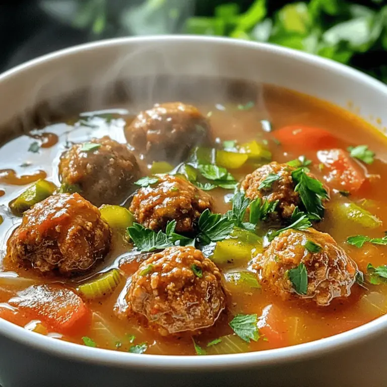 For a hearty Cajun meatball stew, you need the following main ingredients: - 1 pound ground beef - 1/2 pound ground pork - 1/4 cup breadcrumbs - 1/4 cup grated Parmesan cheese - 1 egg - 2 cloves garlic, minced - 2 tablespoons olive oil - 1 large onion, chopped - 1 green bell pepper, chopped - 2 ribs celery, chopped - 3 cups chicken broth - 1 can (14.5 oz) diced tomatoes - 2 cups okra, sliced (fresh or frozen) - 1 teaspoon Cajun seasoning - 1/2 teaspoon smoked paprika - 1 teaspoon Worcestershire sauce - 1 tablespoon hot sauce (optional) - Fresh parsley for garnish - Salt and pepper to taste Each of these ingredients brings unique flavors and textures to the dish. The ground beef and pork create rich meatballs. The vegetables add crunch and sweetness. The broth and tomatoes create a flavorful base. Cajun cooking shines with its spices. Essential spices include: - Cajun seasoning - Smoked paprika - Hot sauce These spices make the stew warm and tasty. Cajun seasoning adds a blend of herbs and heat. Smoked paprika gives a deep, smoky flavor. Hot sauce can be adjusted for your spice level. Seasoning enhances flavor by creating balance. It brings out the natural tastes in your stew. Don’t be afraid to taste and adjust as you cook. If you want to change things up, try these substitutes: - Ground turkey or chicken instead of beef and pork - Lentils or beans for a vegetarian option - Zucchini or bell peppers in place of okra Using turkey or chicken lowers fat content. Lentils provide protein without meat. You can also swap vegetables based on what you have. This makes the stew lighter and still delicious. For the full recipe, check out [Full Recipe]. Mixing the ingredients Start by grabbing a large bowl. Combine 1 pound of ground beef and 1/2 pound of ground pork. Add 1/4 cup of breadcrumbs, 1/4 cup of grated Parmesan cheese, and 1 egg. Toss in 2 minced garlic cloves, 1 teaspoon of Cajun seasoning, 1/2 teaspoon of smoked paprika, and salt and pepper to taste. Mix everything well until it forms a uniform blend. Shaping the meatballs Now, shape your mixture into small meatballs. Aim for about 1 inch in diameter. Place them on a plate as you go. This step is key. Good meatballs give your stew a hearty bite. Sautéing the vegetables In a large pot, heat 2 tablespoons of olive oil over medium heat. Add 1 chopped large onion, 1 chopped green bell pepper, and 2 chopped ribs of celery. Sauté these for about 5-7 minutes. You want the veggies to get soft and fragrant. This is where the base flavor starts. Browning the meatballs Carefully add the meatballs to the pot. Brown them on all sides, which should take about 5 minutes. Don’t overcrowd the pot. You want each meatball to get that nice golden crust. Adding liquids and other ingredients Once your meatballs are browned, pour in 3 cups of chicken broth. Add 1 can of diced tomatoes, 2 cups of sliced okra, 1 teaspoon of Worcestershire sauce, and hot sauce if you like it spicy. Stir everything together to blend the flavors. Cooking time and tips for perfect texture Bring the stew to a gentle simmer. Reduce the heat to low, cover the pot, and let it cook for 30-40 minutes. Stir occasionally to prevent sticking. This simmering time allows all the flavors to meld together beautifully. If you want a thicker stew, let it cook a bit longer without the lid. Enjoy your savory creation! For the complete details, refer to the Full Recipe. To make juicy meatballs, use a mix of beef and pork. The pork adds fat, which keeps them moist. Don’t overwork the meat when mixing. Just combine until ingredients blend. For browning, heat olive oil in a large pot. Add meatballs in batches to avoid crowding. This helps them brown evenly. Cook for about five minutes until all sides are golden. Adjust the seasoning to fit your taste. If you like more spice, add extra Cajun seasoning or hot sauce. Experimenting with flavors makes the dish unique to you. For heat, consider adding diced jalapeños or cayenne pepper. These add warmth and depth. Just a little can go a long way in enhancing the stew. Cajun Meatball Stew pairs well with rice or crusty bread. Both soak up the rich broth nicely. You can serve it in bowls or over a plate of rice. Garnish with fresh parsley for a pop of color. It adds a nice touch to the dish. You can also sprinkle a little extra Cajun seasoning on top for flair. For the full recipe, check out the recipe section above! {{image_2}} You can switch up the meat in this stew. Try turkey or chicken meatballs. These options create a lighter dish. If you prefer a vegetarian version, use lentils or chickpeas. They add protein and texture. Just make sure to adjust the cooking time. Cook the stew longer if using raw veggies. Feel free to add extra veggies or beans. Carrots, zucchini, or black beans work great. Each choice brings its own taste and nutrition. You can also play with spice levels. Add more Cajun seasoning for a bolder kick. Or, dial it back for a milder flavor. Adjust hot sauce based on your heat preference. You can serve this stew in many fun ways. For a traditional touch, serve it over rice. It soaks up the flavors well. You can also try it as a casserole. Layer it with cheese and bake until golden. This adds a nice twist to the meal. Each serving style can change your eating experience. To store leftovers of Cajun Meatball Stew, let it cool first. This helps keep the flavor. Place the stew in airtight containers. Glass or plastic containers work well. Make sure to leave some space at the top. The stew can expand when frozen. Store in the fridge for up to four days. If you need to keep it longer, freezing is best. To reheat the stew, use a pot on the stove. Heat it over medium until warm. Stir occasionally to avoid sticking. You can also use the microwave. Place the stew in a microwave-safe bowl. Cover it with a lid or a plate. Heat in short bursts, stirring in between. This keeps the flavor and texture nice. To freeze the stew properly, pour it into freezer-safe bags. Remove as much air as you can. Lay the bags flat in the freezer. This saves space and helps with thawing. When you’re ready to eat, take it out of the freezer. Thaw it overnight in the fridge. You can also use a microwave for quick thawing. Just make sure to stir often for even heating. Enjoy your Cajun Meatball Stew later with all its great flavors! Yes, you can make Cajun Meatball Stew ahead of time. Preparing in advance allows flavors to blend. It saves time on busy days. You can store it in the fridge for up to three days. For longer storage, freeze it in airtight containers. Just reheat it when ready to eat. This dish tastes even better the next day! Cajun Meatball Stew comes from Louisiana. It reflects the rich culture of Cajun people. Cajun cooking blends French, African, and Spanish flavors. Many Cajun dishes use fresh, local ingredients. This stew shows the essence of comfort food in Cajun homes. Sharing meals brings families together, making it special in their culture. You can adjust spice levels to your taste. Start with a small amount of hot sauce. Taste as you go, and add more if needed. If you want less heat, use mild sauce or leave it out. You can also add sweet peppers for a gentle flavor. Always balance the heat with other seasonings. Yes, you can use frozen okra in this recipe. Frozen vegetables are convenient and save prep time. Make sure to add them straight from the freezer. This keeps them firm and tasty. They will cook well in the stew. Just follow the full recipe to ensure great results! This blog post covered how to create a delicious Cajun Meatball Stew. You learned about the key ingredients like ground beef, pork, and spices. I shared step-by-step cooking instructions to achieve perfect meatballs and simmer the stew. Tips for enhancing flavor and serving suggestions added extra value. Remember, you can substitute ingredients and adjust the spice levels to your taste. Don't hesitate to experiment with different variations. Enjoy your cooking adventure!