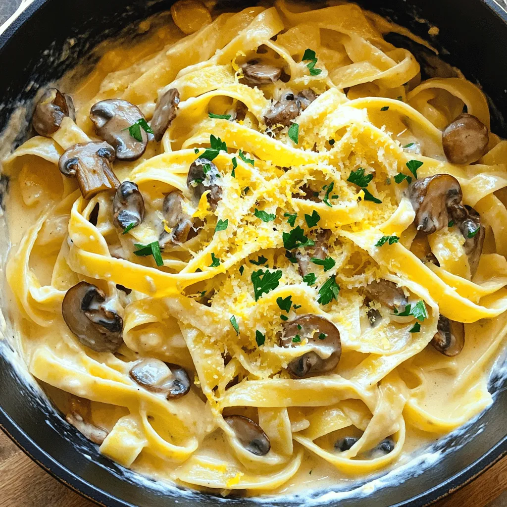 - 400g pasta (fettuccine or tagliatelle recommended) - 250g mushrooms (cremini or button) - 1 cup ricotta cheese - 2 cloves garlic, minced - 1 tablespoon olive oil - 1 tablespoon unsalted butter - 1/2 cup vegetable broth - 1/4 cup grated Parmesan cheese (optional) - Salt and freshly ground black pepper - Fresh parsley, chopped for garnish - Zest of 1 lemon When making Mushroom Ricotta Pasta, I always start with fresh ingredients. The pasta is the base. I prefer fettuccine or tagliatelle, as they hold the sauce well. Mushrooms add depth and flavor. I like cremini or button mushrooms, but you can use any kind you love. Ricotta cheese is a must for creaminess. It adds a rich texture that makes this dish stand out. Don't forget the garlic! It brings a warm aroma to the dish. Olive oil and butter create a lovely base for sautéing. Adding vegetable broth helps to create the sauce. It keeps the dish light while adding flavor. Seasoning is key. A pinch of salt and fresh pepper balances the richness of the cheese. For garnish, I love fresh parsley and a bit of lemon zest. This adds brightness to every bite. For the full recipe, check out the complete guide above. To start, bring a large pot of salted water to a boil. Add your pasta and cook it according to the package instructions. This usually takes around 8-10 minutes for fettuccine or tagliatelle. When the pasta is al dente, reserve about 1 cup of the pasta water. Then, drain the pasta and set it aside. Next, grab a large skillet. Heat 1 tablespoon of olive oil and 1 tablespoon of unsalted butter over medium heat. Once the butter melts, add the sliced mushrooms. Sauté them for about 5-7 minutes. You want them to turn golden brown and become tender. This step adds a rich flavor that makes the dish special. Now, add 2 cloves of minced garlic to the skillet. Sauté it for about 1-2 minutes until it smells great. Then, pour in 1/2 cup of vegetable broth. Bring it to a gentle simmer and let it reduce slightly for about 2-3 minutes. Lower the heat and stir in 1 cup of ricotta cheese. Mix until you have a creamy sauce. If the sauce seems too thick, add some of that reserved pasta water to reach your desired consistency. Finally, take your cooked pasta and toss it into the skillet with the sauce. Stir well to coat every piece of pasta. Season with salt, freshly ground black pepper, and a little lemon zest for brightness. If you like, sprinkle 1/4 cup of grated Parmesan cheese over the top and toss again. Serve your Mushroom Ricotta Pasta hot, garnished with fresh parsley. For the full recipe, check out the complete guide. To make your Mushroom Ricotta Pasta shine, use freshly grated Parmesan cheese. This cheese adds a rich and nutty taste that elevates the dish. Plus, it melts beautifully into the creamy sauce. You can also experiment with different mushrooms. Try shiitake or portobello for unique tastes and textures. Each type brings its own flavor, making your pasta even more exciting. You can adjust the sauce's thickness with pasta water. This water contains starch, which helps bind the sauce to the pasta. Start with a small amount and add more as needed until you reach your desired creaminess. For a bright twist, incorporate lemon zest. It adds a refreshing note that balances the richness of the ricotta. Garnish your dish with fresh parsley for a pop of color. It also adds a fresh flavor that complements the pasta. Serve your Mushroom Ricotta Pasta right away for the best texture. The creamy sauce clings to the pasta, making each bite delightful. {{image_2}} You can change the ricotta for mascarpone or cream cheese. This swap keeps the creaminess but adds a different flavor. You can also add vegetables like spinach or asparagus. These greens boost nutrition and add vibrant colors to the dish. Want more protein? You can add grilled chicken or shrimp for a nice touch. They both pair well with the creamy sauce. You can also mix in cooked sausage or pancetta. This adds richness and depth to the meal. If you need a gluten-free option, just use alternative pasta. Many stores offer great choices. For a vegan version, use dairy-free ricotta. This way, you can still enjoy a creamy texture without any dairy. This Mushroom Ricotta Pasta is easy to adapt to fit your needs! To keep your Mushroom Ricotta Pasta fresh, place it in an airtight container in the fridge. This method helps keep the flavors intact. It’s best to eat it within 2-3 days. After that, it may lose its creamy texture. When you’re ready to enjoy the leftovers, reheat them on the stovetop or in the microwave. On the stovetop, use medium-low heat and stir often. If it appears dry, add a splash of water or broth. This keeps the dish creamy and delicious. If you want to store it for longer, you can freeze the pasta. Just make sure to freeze it before adding any fresh garnishes. It can be stored for up to a month. When you’re ready, let it thaw in the fridge overnight before reheating. This way, you can enjoy your Mushroom Ricotta Pasta at a later date without losing flavor. For the full recipe, check out the previous sections! To make this dish vegetarian, simply use vegetable broth instead of chicken broth. You can also add more mushrooms for that rich, earthy flavor. Feel free to mix in other veggies like spinach or zucchini for added nutrition. Absolutely! You can use any pasta shape you like. Fettuccine and tagliatelle are great, but penne, farfalle, or even spaghetti will work well. Just remember to adjust the cooking time based on the pasta type you choose. If you don’t have ricotta, you can try using mascarpone cheese for a similar creamy texture. For a dairy-free option, look for plant-based ricotta made from nuts or tofu. This way, everyone can enjoy a tasty meal! To make Mushroom Ricotta Pasta gluten-free, use gluten-free pasta options available in stores. Many brands offer delicious choices made from rice, corn, or lentils. Just cook them according to package instructions for the best results. For the full recipe, check out the detailed instructions above! Mushroom ricotta pasta is simple and tasty. We explored the main ingredients like pasta, mushrooms, and ricotta. You learned steps to cook and make the sauce creamy. Tips for flavor and variations can enhance your dish. Plus, we discussed how to store and reheat leftovers. You can easily customize this dish to fit your taste. Enjoy creating your version of mushroom ricotta pasta! It's a fun way to impress friends and family while enjoying delicious food.