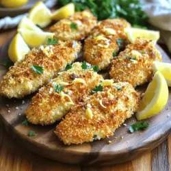 - 1 pound chicken tenders - 1 cup breadcrumbs (preferably panko) - 1/2 cup grated Parmesan cheese - 2 cloves garlic, minced - 1 tablespoon lemon zest - 2 tablespoons lemon juice - 1 teaspoon dried oregano - 1 teaspoon paprika - Salt and pepper to taste - 2 large eggs - 1 tablespoon olive oil - Fresh parsley, chopped (for garnish) When making Lemon Garlic Parmesan Chicken Tenders, these ingredients create a rich and tasty dish. You want fresh chicken tenders for the best flavor and texture. Panko breadcrumbs give that nice, crispy bite. Parmesan cheese adds a savory touch that pairs well with lemon and garlic. If you want to switch things up, try these ideas: - Alternatives for breadcrumbs: You can use crushed cornflakes or ground almonds for a gluten-free option. - Vegan options for chicken tenders: Use tofu or tempeh, marinated in lemon juice for flavor. - Dairy-free Parmesan substitutes: Nutritional yeast or cashew cheese can work well in place of Parmesan. Measuring ingredients is key for great results. Use dry measuring cups for solid items like breadcrumbs and cheese. For liquids, like lemon juice, use a liquid measuring cup. - Wet ingredients: Fill to the line and check at eye level. - Dry ingredients: Spoon them into the cup and level off with a knife. Following these tips will make your cooking easier and more precise. - Preheat your oven to 400°F (200°C). - Line a baking sheet with parchment paper. Start by setting your oven to the right temperature. This step is key for getting that perfect crispiness. While the oven warms up, prepare your baking sheet. The parchment paper helps the chicken from sticking. It also makes clean-up a breeze later. - Combine breadcrumbs, Parmesan cheese, garlic, zest, oregano, paprika, salt, and pepper. In a shallow bowl, mix your dry ingredients. Add breadcrumbs, grated Parmesan cheese, minced garlic, lemon zest, oregano, paprika, salt, and pepper. Stir well until everything blends. This mix gives your chicken a tasty and crunchy coating. The garlic and lemon zest really stand out and add flavor. In another bowl, whisk the eggs and add lemon juice. This will be your egg wash. Dip each chicken tender into the egg wash. Let any extra drip off. Then coat each tender in the breadcrumb mix. Press down lightly to make sure the coating sticks well. Place the coated chicken tenders on your prepared baking sheet. Drizzle olive oil over the chicken tenders to help them crisp up. Bake for 20-25 minutes. Your chicken is done when the coating turns golden and crispy. Check the internal temperature, which should reach 165°F (75°C). After baking, let them rest for a few minutes. This helps keep them juicy. For a nice touch, sprinkle some fresh parsley on top. For the full recipe, check the detailed instructions above. Enjoy your cooking! To get that perfect crunch, use the right breadcrumbs. I love panko for its light and airy texture. It makes the chicken tenders crispy and golden. You can find panko in most grocery stores. Another trick is to drizzle olive oil over the chicken before baking. This helps the coating turn crispy while the chicken cooks. Just a tablespoon does the job! Cooking chicken to the right temperature is crucial. Aim for an internal temperature of 165°F (75°C). This ensures your chicken is safe and juicy. For extra flavor, marinate your chicken tenders. A simple mix of lemon juice, olive oil, and garlic works wonders. Let it sit for at least 30 minutes before coating. This makes a big difference in taste. Pair your chicken tenders with tasty sides. Fresh salad or roasted veggies complement the dish well. You can also serve them with crispy fries for a fun meal. For presentation, arrange the chicken tenders on a nice platter! Add lemon wedges and a side of marinara or a creamy dip. This not only looks great but also adds flavor. Check out the Full Recipe for more details! {{image_2}} You can spice up your Lemon Garlic Parmesan Chicken Tenders in fun ways. Adding spices like cayenne gives a nice kick. If you like herbs, try Italian seasoning for a fresh twist. You can also switch up the cheese. Instead of Parmesan, use mozzarella for a gooey texture. Aged cheddar adds a rich flavor too. These small changes can create new favorites. You can make these tenders in different ways. If you have an air fryer, it’s great for a fast meal. Set it to 375°F, and cook them for 10-12 minutes. They will turn out crispy and golden. Pan-frying is another option. Use a skillet with a bit of oil. This gives a crunchy outside and juicy inside. Both methods offer delicious results. If you need gluten-free options, use almond flour instead of breadcrumbs. It gives a nice crunch and flavor. For low-carb diets, you can skip the carbs altogether. Try coating the chicken with crushed pork rinds. This adds crunch without the carbs. These modifications help everyone enjoy this dish while sticking to their diets. For the full recipe, check out the complete guide. To keep your chicken tenders fresh, place them in an airtight container. Make sure the tenders are cool before covering them. Store the container in the fridge. They stay good for 3 to 4 days. If you want to keep them longer, freezing is a great option. To reheat your chicken tenders, use the oven. Preheat it to 375°F (190°C). Place the tenders on a baking sheet. Bake for about 10 to 15 minutes. This method keeps them crispy. You can also use an air fryer for a quicker option. Set it to 350°F (175°C) and cook for about 5 to 7 minutes. You can freeze both uncooked and cooked chicken tenders. For uncooked, wrap them tightly in plastic wrap and then foil. Label the package with the date. They can last up to 3 months in the freezer. For cooked tenders, let them cool before wrapping. To thaw, place them in the fridge overnight. Avoid leaving them at room temperature. This keeps them safe to eat. To keep chicken tenders crispy, store them on a wire rack. This allows air to circulate. Avoid covering them with foil or plastic wrap, as that traps moisture. If reheating, use an oven or air fryer instead of a microwave. This helps regain that tasty crunch. Yes, you can prepare these chicken tenders ahead of time. You can coat them and then store them in the fridge for a few hours. This gives the coating time to set. You could also freeze them before baking. Just remember to thaw them fully before cooking. These chicken tenders last up to three days in the fridge. Be sure to keep them in an airtight container. This helps maintain their flavor and texture. If you notice any off smells or changes in color, it’s best to toss them out. You can find the full recipe for Lemon Garlic Parmesan Chicken Tenders in the recipe section above. Enjoy making these delicious crispy delights! This blog post shared a simple recipe for Lemon Garlic Parmesan Chicken Tenders. You learned about the key ingredients, from chicken to spices, and even some swaps for dietary needs. We covered step-by-step instructions to ensure success. Tips on achieving crispiness and ways to store leftovers help keep your meal fresh. For variants, you can experiment with spices and cooking methods. Enjoy this dish with your favorite sides, and feel free to customize it. Happy cooking!