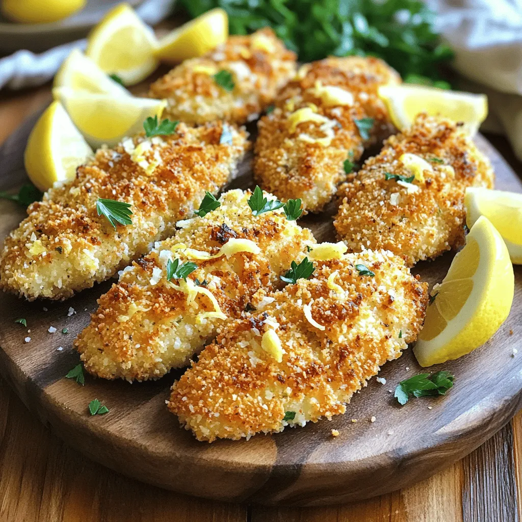 - 1 pound chicken tenders - 1 cup breadcrumbs (preferably panko) - 1/2 cup grated Parmesan cheese - 2 cloves garlic, minced - 1 tablespoon lemon zest - 2 tablespoons lemon juice - 1 teaspoon dried oregano - 1 teaspoon paprika - Salt and pepper to taste - 2 large eggs - 1 tablespoon olive oil - Fresh parsley, chopped (for garnish) When making Lemon Garlic Parmesan Chicken Tenders, these ingredients create a rich and tasty dish. You want fresh chicken tenders for the best flavor and texture. Panko breadcrumbs give that nice, crispy bite. Parmesan cheese adds a savory touch that pairs well with lemon and garlic. If you want to switch things up, try these ideas: - Alternatives for breadcrumbs: You can use crushed cornflakes or ground almonds for a gluten-free option. - Vegan options for chicken tenders: Use tofu or tempeh, marinated in lemon juice for flavor. - Dairy-free Parmesan substitutes: Nutritional yeast or cashew cheese can work well in place of Parmesan. Measuring ingredients is key for great results. Use dry measuring cups for solid items like breadcrumbs and cheese. For liquids, like lemon juice, use a liquid measuring cup. - Wet ingredients: Fill to the line and check at eye level. - Dry ingredients: Spoon them into the cup and level off with a knife. Following these tips will make your cooking easier and more precise. - Preheat your oven to 400°F (200°C). - Line a baking sheet with parchment paper. Start by setting your oven to the right temperature. This step is key for getting that perfect crispiness. While the oven warms up, prepare your baking sheet. The parchment paper helps the chicken from sticking. It also makes clean-up a breeze later. - Combine breadcrumbs, Parmesan cheese, garlic, zest, oregano, paprika, salt, and pepper. In a shallow bowl, mix your dry ingredients. Add breadcrumbs, grated Parmesan cheese, minced garlic, lemon zest, oregano, paprika, salt, and pepper. Stir well until everything blends. This mix gives your chicken a tasty and crunchy coating. The garlic and lemon zest really stand out and add flavor. In another bowl, whisk the eggs and add lemon juice. This will be your egg wash. Dip each chicken tender into the egg wash. Let any extra drip off. Then coat each tender in the breadcrumb mix. Press down lightly to make sure the coating sticks well. Place the coated chicken tenders on your prepared baking sheet. Drizzle olive oil over the chicken tenders to help them crisp up. Bake for 20-25 minutes. Your chicken is done when the coating turns golden and crispy. Check the internal temperature, which should reach 165°F (75°C). After baking, let them rest for a few minutes. This helps keep them juicy. For a nice touch, sprinkle some fresh parsley on top. For the full recipe, check the detailed instructions above. Enjoy your cooking! To get that perfect crunch, use the right breadcrumbs. I love panko for its light and airy texture. It makes the chicken tenders crispy and golden. You can find panko in most grocery stores. Another trick is to drizzle olive oil over the chicken before baking. This helps the coating turn crispy while the chicken cooks. Just a tablespoon does the job! Cooking chicken to the right temperature is crucial. Aim for an internal temperature of 165°F (75°C). This ensures your chicken is safe and juicy. For extra flavor, marinate your chicken tenders. A simple mix of lemon juice, olive oil, and garlic works wonders. Let it sit for at least 30 minutes before coating. This makes a big difference in taste. Pair your chicken tenders with tasty sides. Fresh salad or roasted veggies complement the dish well. You can also serve them with crispy fries for a fun meal. For presentation, arrange the chicken tenders on a nice platter! Add lemon wedges and a side of marinara or a creamy dip. This not only looks great but also adds flavor. Check out the Full Recipe for more details! {{image_2}} You can spice up your Lemon Garlic Parmesan Chicken Tenders in fun ways. Adding spices like cayenne gives a nice kick. If you like herbs, try Italian seasoning for a fresh twist. You can also switch up the cheese. Instead of Parmesan, use mozzarella for a gooey texture. Aged cheddar adds a rich flavor too. These small changes can create new favorites. You can make these tenders in different ways. If you have an air fryer, it’s great for a fast meal. Set it to 375°F, and cook them for 10-12 minutes. They will turn out crispy and golden. Pan-frying is another option. Use a skillet with a bit of oil. This gives a crunchy outside and juicy inside. Both methods offer delicious results. If you need gluten-free options, use almond flour instead of breadcrumbs. It gives a nice crunch and flavor. For low-carb diets, you can skip the carbs altogether. Try coating the chicken with crushed pork rinds. This adds crunch without the carbs. These modifications help everyone enjoy this dish while sticking to their diets. For the full recipe, check out the complete guide. To keep your chicken tenders fresh, place them in an airtight container. Make sure the tenders are cool before covering them. Store the container in the fridge. They stay good for 3 to 4 days. If you want to keep them longer, freezing is a great option. To reheat your chicken tenders, use the oven. Preheat it to 375°F (190°C). Place the tenders on a baking sheet. Bake for about 10 to 15 minutes. This method keeps them crispy. You can also use an air fryer for a quicker option. Set it to 350°F (175°C) and cook for about 5 to 7 minutes. You can freeze both uncooked and cooked chicken tenders. For uncooked, wrap them tightly in plastic wrap and then foil. Label the package with the date. They can last up to 3 months in the freezer. For cooked tenders, let them cool before wrapping. To thaw, place them in the fridge overnight. Avoid leaving them at room temperature. This keeps them safe to eat. To keep chicken tenders crispy, store them on a wire rack. This allows air to circulate. Avoid covering them with foil or plastic wrap, as that traps moisture. If reheating, use an oven or air fryer instead of a microwave. This helps regain that tasty crunch. Yes, you can prepare these chicken tenders ahead of time. You can coat them and then store them in the fridge for a few hours. This gives the coating time to set. You could also freeze them before baking. Just remember to thaw them fully before cooking. These chicken tenders last up to three days in the fridge. Be sure to keep them in an airtight container. This helps maintain their flavor and texture. If you notice any off smells or changes in color, it’s best to toss them out. You can find the full recipe for Lemon Garlic Parmesan Chicken Tenders in the recipe section above. Enjoy making these delicious crispy delights! This blog post shared a simple recipe for Lemon Garlic Parmesan Chicken Tenders. You learned about the key ingredients, from chicken to spices, and even some swaps for dietary needs. We covered step-by-step instructions to ensure success. Tips on achieving crispiness and ways to store leftovers help keep your meal fresh. For variants, you can experiment with spices and cooking methods. Enjoy this dish with your favorite sides, and feel free to customize it. Happy cooking!