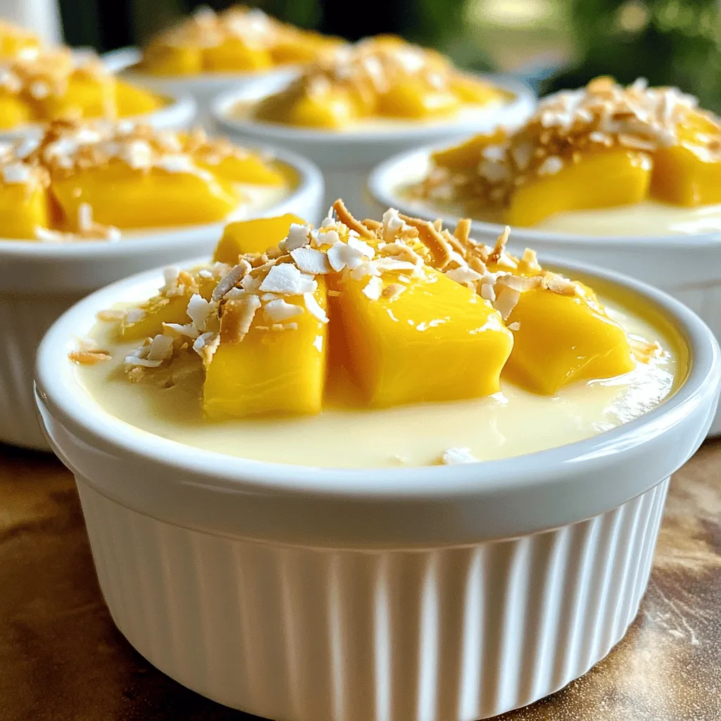 To make Coconut Panna Cotta, gather these items: - 1 can (400 ml) coconut milk - 1 cup heavy cream - 1/2 cup granulated sugar - 1 teaspoon vanilla extract - 2 tablespoons gelatin powder - 1/4 cup cold water - A pinch of salt You can make your panna cotta extra special with these garnishes: - Fresh mango slices - Toasted coconut flakes You will need a few tools to make this dessert: - A small bowl for blooming gelatin - A saucepan for mixing - Whisk for combining ingredients - Individual serving cups or ramekins for serving This recipe is simple and fun. Using fresh mango and toasted coconut adds a lovely touch. Enjoy the creamy texture with each bite! For the full recipe, check out the details above. To make Coconut Panna Cotta, I start by blooming the gelatin. I sprinkle 2 tablespoons of gelatin powder over 1/4 cup of cold water and let it sit for about 5 minutes. This step helps the gelatin dissolve better later. Next, I grab a saucepan. I mix 1 can of coconut milk, 1 cup of heavy cream, 1/2 cup of sugar, 1 teaspoon of vanilla extract, and a pinch of salt. I heat the mixture over medium heat. I stir it until the sugar dissolves, but I make sure it doesn’t boil. After that, I take the saucepan off the heat. I add the bloomed gelatin and whisk it until it fully dissolves. Now, I let the mixture cool a bit. Once it’s not too hot, I pour it into cups or ramekins. I like to use small cups for a lovely presentation. To get a smooth and creamy texture, it’s crucial not to let the mixture boil. Boiling can cause the panna cotta to become grainy. After adding the gelatin, whisk it well to ensure there are no lumps. Cooling the mixture slightly before pouring it helps too. If you pour it too hot, it can create bubbles. I cover the cups with plastic wrap and place them in the fridge. They need at least 4 hours to set. If you want the best results, I suggest letting them chill overnight. Once they are set, I run a knife around the edges to loosen them. I can either invert them onto a plate or serve them directly in the cups for a rustic look. Enjoy your creamy delight! For the full recipe, check out the Coconut Dream Panna Cotta! One common mistake is not blooming the gelatin properly. If you skip this step, your panna cotta may not set right. Always sprinkle gelatin over cold water and let it sit for five minutes. Another mistake is boiling the mixture. Heat it just until hot, not boiling. Boiling can ruin the creamy texture. To achieve a silky texture, balance the coconut milk and cream. Using too much coconut milk can make it too thick. Aim for one can of coconut milk and one cup of cream. This blend creates a rich, creamy panna cotta. If you want a firmer set, add a little more gelatin. You can enhance the flavor by adding fresh ingredients. Consider mixing in a bit of lime or ginger for a twist. Fresh mango slices also add a burst of flavor. Try using flavored extracts, like almond or coconut, to add depth. Don't forget the garnish! Toasted coconut flakes give a nice crunch and visual appeal. For a fun touch, drizzle some coconut milk on top before serving. For the complete recipe, check out the Full Recipe. {{image_2}} You can change the flavor of your panna cotta by using different types of milk. Almond milk gives a nutty taste. Oat milk adds a creamy texture. Cashew milk is rich and smooth. These options keep the dish light and fun. Just remember, each milk will change the flavor a little. You can make your coconut panna cotta even more exciting with fun flavor add-ins. Matcha powder gives a bright green color and a fresh taste. Coffee adds a rich, bold flavor. You can also use spices like cardamom for a warm kick. Mix in these flavors when you heat the coconut milk for best results. Fruits can make your panna cotta shine! Fresh mango slices are sweet and colorful. You can also use berries like strawberries or blueberries for a tart touch. Kiwi adds a fun green color. Arrange the fruits on top or around the panna cotta for a pretty look. Each fruit choice will add a new taste and texture. For the full recipe, check out the Coconut Dream Panna Cotta. To store leftover Coconut Panna Cotta, cover each cup with plastic wrap. This keeps out air and moisture. You can also place them in an airtight container. Be careful not to disturb the panna cotta as you cover it. This helps keep its smooth shape and texture. Coconut Panna Cotta lasts about 3 to 4 days in the fridge. Make sure to check for any changes in smell or texture before eating. If it looks or smells off, it’s best to throw it away. Always trust your senses when it comes to food safety. I don’t recommend freezing Coconut Panna Cotta. The texture may change when thawed. If you must freeze it, do so in an airtight container. You can freeze it for up to 2 months. When ready to eat, thaw it in the fridge overnight. The texture may not be as creamy, but it can still taste good. For best results, enjoy it fresh from the fridge. For the full recipe, check out the Coconut Dream Panna Cotta. Yes, you can use coconut cream instead of heavy cream. This change keeps the flavor rich and creamy. The panna cotta will still taste great, and it will be dairy-free. To make this dessert vegan, replace heavy cream with coconut cream. Use agar-agar instead of gelatin. Agar-agar is a plant-based thickener. Follow the same steps in the recipe, and enjoy! I love serving Coconut Panna Cotta in individual cups. You can also use ramekins. For a fun touch, garnish with fresh mango slices and toasted coconut flakes. This makes the dish look lovely and tasty. Coconut Panna Cotta can stay in the fridge for up to five days. Store it in an airtight container to keep it fresh. For the best taste, enjoy it within three days. Check out the Full Recipe for more details! In this article, we covered how to make Coconut Panna Cotta. We discussed the required ingredients, steps for cooking, and tips for success. We explored variations like different milk options and flavor add-ins. I also shared storage tips to keep your panna cotta fresh. With these insights, you can make this dessert with ease. Enjoy experimenting in your kitchen and creating your unique version! Remember, practice helps improve your skills and flavors. Happy cooking!