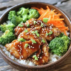 For your easy Chicken Teriyaki Bowls, you'll need some key items. Each ingredient adds flavor and texture. - Chicken - 1 lb (450g) boneless, skinless chicken thighs - Sauce Components - 1/4 cup soy sauce (low sodium preferred) - 1/4 cup honey - 2 tablespoons rice vinegar - 1 tablespoon sesame oil - 2 cloves garlic, minced - 1 teaspoon ginger, grated - Vegetables and Garnishes - 2 cups cooked jasmine rice - 1 cup steamed broccoli florets - 1 cup shredded carrots - 2 green onions, sliced - Sesame seeds for garnish These ingredients blend well together. The chicken gives protein, while the sauce brings a sweet, savory kick. The veggies add color and crunch. This dish is not only tasty but also easy to make. You can find the Full Recipe to guide you through the steps. Enjoy cooking! To make the teriyaki sauce, gather your ingredients. You need soy sauce, honey, rice vinegar, sesame oil, garlic, and ginger. In a small saucepan, mix these ingredients. Heat it over medium heat. Stir until the honey dissolves. Once it simmers, let it thicken for about 5-7 minutes. When done, take it off the heat and set it aside. Next, we cook the chicken. Cut the chicken thighs into bite-sized pieces. Season them with salt and pepper. Heat a tablespoon of oil in a large skillet over medium-high heat. Add the chicken in a single layer. Cook it for about 6-8 minutes. It should turn golden brown and be fully cooked. Stir occasionally for even cooking. After it’s cooked, pour the teriyaki sauce over the chicken. Stir well to coat it. Let it simmer for 2-3 minutes. This helps the chicken soak up the sauce. Now it’s time to assemble your bowls. Start with a base of cooked jasmine rice. Spoon the teriyaki chicken on top of the rice. Add steamed broccoli and shredded carrots next. Finally, garnish with sliced green onions and a sprinkle of sesame seeds. Serve hot and enjoy your delicious chicken teriyaki bowls! For the full recipe, check the detailed instructions and ingredients. To make a great teriyaki sauce, use low-sodium soy sauce. It keeps the dish from being too salty. Combine soy sauce, honey, rice vinegar, sesame oil, minced garlic, and grated ginger in a small pot. Heat this mix on medium heat. Stir until the honey melts. Let it simmer for about 5-7 minutes. The sauce should thicken nicely. This is where the magic happens! For the chicken, use boneless, skinless thighs. They remain juicy and tender. Cut the chicken into bite-sized pieces for even cooking. Season with a little salt and pepper. Heat oil in a large skillet on medium-high. Add the chicken pieces and spread them out. Cook for 6-8 minutes, turning them to brown on all sides. This step ensures the chicken cooks through and gains great flavor. When serving, start with a bed of jasmine rice. Spoon the teriyaki chicken on top. Add a generous amount of steamed broccoli and shredded carrots. This not only adds color but also nutrition. Finish by garnishing with sliced green onions and sesame seeds. Each bowl should look vibrant and inviting. For more details, check the Full Recipe. Enjoy every bite of your easy chicken teriyaki bowls! {{image_2}} You can change the chicken in this recipe. Try using turkey or pork instead. Both will soak up the teriyaki sauce well. You can also use firm tofu for a great vegetarian option. Just press the tofu to remove excess water. Cut it into cubes and sauté until golden. Feel free to swap out the vegetables. Bell peppers add a sweet crunch. Snap peas or green beans will give a nice snap. You can even use zucchini or mushrooms for a different texture. Just make sure you cut the veggies into bite-sized pieces for easy eating. While jasmine rice is great, other types work too. Brown rice adds a nutty flavor and is healthier. Quinoa is another choice and packs more protein. For a fun twist, you can use cauliflower rice for a low-carb option. Each rice type brings its own taste and texture to your bowl. For the full recipe, check out the details above. You can store leftover chicken teriyaki bowls in an airtight container. Place them in the fridge right after they cool down. They stay fresh for up to three days. When you’re ready to eat, check for any change in smell or texture before reheating. If you want to keep your chicken teriyaki bowls longer, freezing is a great option. Pack the bowls in freezer-safe containers. Make sure to leave some space at the top for expansion. You can freeze them for up to three months. Label each container with the date so you know how long they’ve been in the freezer. To reheat, you can use the microwave or the stovetop. For the microwave, heat in 30-second bursts until hot. Stir in between to warm evenly. If you prefer the stovetop, place the bowl in a pan over medium heat. Add a little water if needed to keep it moist. Heat it until warm throughout. Enjoy your flavorful chicken teriyaki bowls! For the complete recipe, check the Full Recipe. To make this recipe gluten-free, you can use tamari instead of soy sauce. Tamari is a great gluten-free option that still gives you that delicious umami flavor. Check the label to ensure it fits your needs. You can also use coconut aminos as a soy sauce substitute. This option is both gluten-free and lower in sodium. Yes, you can use chicken breast instead of thighs. Chicken breast is leaner and will still taste great. Just remember to cook it for a shorter time. Chicken breast cooks faster than thighs, so check for doneness at about 5-7 minutes. This way, you avoid dry chicken. You can serve your chicken teriyaki bowls with various sides. They pair well with extra steamed vegetables, like snap peas or bell peppers. You can also add a fresh salad or some edamame for crunch. For a heartier meal, try serving it with miso soup or pickled vegetables. For detailed instructions and ingredients, refer to the Full Recipe. This blog post covered how to make delicious chicken teriyaki bowls. We explored the main ingredients, step-by-step instructions, and helpful tips. You learned about variations, storage info, and FAQs. In summary, you now have everything to create tasty teriyaki bowls. Don’t be afraid to experiment with ingredients and flavors. Enjoy your cooking journey and share your meal with family and friends!