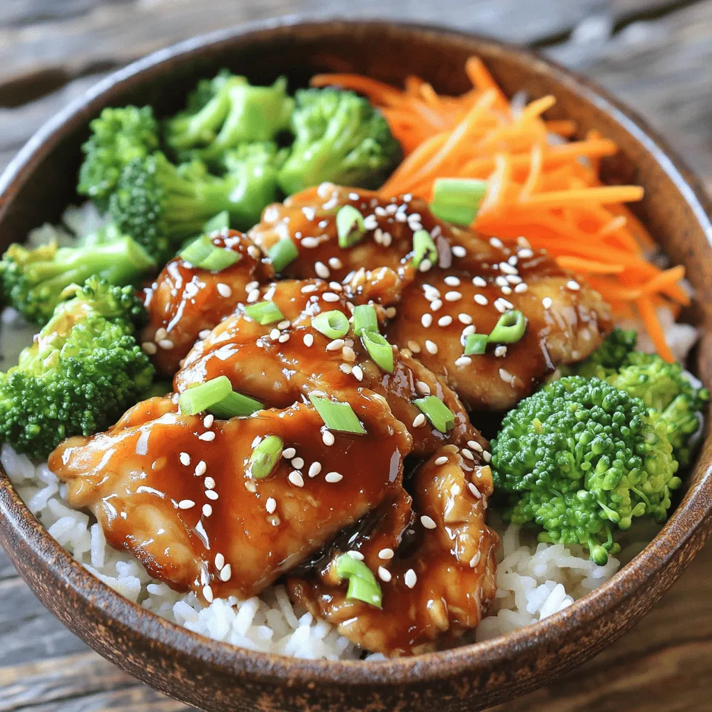 For your easy Chicken Teriyaki Bowls, you'll need some key items. Each ingredient adds flavor and texture. - Chicken - 1 lb (450g) boneless, skinless chicken thighs - Sauce Components - 1/4 cup soy sauce (low sodium preferred) - 1/4 cup honey - 2 tablespoons rice vinegar - 1 tablespoon sesame oil - 2 cloves garlic, minced - 1 teaspoon ginger, grated - Vegetables and Garnishes - 2 cups cooked jasmine rice - 1 cup steamed broccoli florets - 1 cup shredded carrots - 2 green onions, sliced - Sesame seeds for garnish These ingredients blend well together. The chicken gives protein, while the sauce brings a sweet, savory kick. The veggies add color and crunch. This dish is not only tasty but also easy to make. You can find the Full Recipe to guide you through the steps. Enjoy cooking! To make the teriyaki sauce, gather your ingredients. You need soy sauce, honey, rice vinegar, sesame oil, garlic, and ginger. In a small saucepan, mix these ingredients. Heat it over medium heat. Stir until the honey dissolves. Once it simmers, let it thicken for about 5-7 minutes. When done, take it off the heat and set it aside. Next, we cook the chicken. Cut the chicken thighs into bite-sized pieces. Season them with salt and pepper. Heat a tablespoon of oil in a large skillet over medium-high heat. Add the chicken in a single layer. Cook it for about 6-8 minutes. It should turn golden brown and be fully cooked. Stir occasionally for even cooking. After it’s cooked, pour the teriyaki sauce over the chicken. Stir well to coat it. Let it simmer for 2-3 minutes. This helps the chicken soak up the sauce. Now it’s time to assemble your bowls. Start with a base of cooked jasmine rice. Spoon the teriyaki chicken on top of the rice. Add steamed broccoli and shredded carrots next. Finally, garnish with sliced green onions and a sprinkle of sesame seeds. Serve hot and enjoy your delicious chicken teriyaki bowls! For the full recipe, check the detailed instructions and ingredients. To make a great teriyaki sauce, use low-sodium soy sauce. It keeps the dish from being too salty. Combine soy sauce, honey, rice vinegar, sesame oil, minced garlic, and grated ginger in a small pot. Heat this mix on medium heat. Stir until the honey melts. Let it simmer for about 5-7 minutes. The sauce should thicken nicely. This is where the magic happens! For the chicken, use boneless, skinless thighs. They remain juicy and tender. Cut the chicken into bite-sized pieces for even cooking. Season with a little salt and pepper. Heat oil in a large skillet on medium-high. Add the chicken pieces and spread them out. Cook for 6-8 minutes, turning them to brown on all sides. This step ensures the chicken cooks through and gains great flavor. When serving, start with a bed of jasmine rice. Spoon the teriyaki chicken on top. Add a generous amount of steamed broccoli and shredded carrots. This not only adds color but also nutrition. Finish by garnishing with sliced green onions and sesame seeds. Each bowl should look vibrant and inviting. For more details, check the Full Recipe. Enjoy every bite of your easy chicken teriyaki bowls! {{image_2}} You can change the chicken in this recipe. Try using turkey or pork instead. Both will soak up the teriyaki sauce well. You can also use firm tofu for a great vegetarian option. Just press the tofu to remove excess water. Cut it into cubes and sauté until golden. Feel free to swap out the vegetables. Bell peppers add a sweet crunch. Snap peas or green beans will give a nice snap. You can even use zucchini or mushrooms for a different texture. Just make sure you cut the veggies into bite-sized pieces for easy eating. While jasmine rice is great, other types work too. Brown rice adds a nutty flavor and is healthier. Quinoa is another choice and packs more protein. For a fun twist, you can use cauliflower rice for a low-carb option. Each rice type brings its own taste and texture to your bowl. For the full recipe, check out the details above. You can store leftover chicken teriyaki bowls in an airtight container. Place them in the fridge right after they cool down. They stay fresh for up to three days. When you’re ready to eat, check for any change in smell or texture before reheating. If you want to keep your chicken teriyaki bowls longer, freezing is a great option. Pack the bowls in freezer-safe containers. Make sure to leave some space at the top for expansion. You can freeze them for up to three months. Label each container with the date so you know how long they’ve been in the freezer. To reheat, you can use the microwave or the stovetop. For the microwave, heat in 30-second bursts until hot. Stir in between to warm evenly. If you prefer the stovetop, place the bowl in a pan over medium heat. Add a little water if needed to keep it moist. Heat it until warm throughout. Enjoy your flavorful chicken teriyaki bowls! For the complete recipe, check the Full Recipe. To make this recipe gluten-free, you can use tamari instead of soy sauce. Tamari is a great gluten-free option that still gives you that delicious umami flavor. Check the label to ensure it fits your needs. You can also use coconut aminos as a soy sauce substitute. This option is both gluten-free and lower in sodium. Yes, you can use chicken breast instead of thighs. Chicken breast is leaner and will still taste great. Just remember to cook it for a shorter time. Chicken breast cooks faster than thighs, so check for doneness at about 5-7 minutes. This way, you avoid dry chicken. You can serve your chicken teriyaki bowls with various sides. They pair well with extra steamed vegetables, like snap peas or bell peppers. You can also add a fresh salad or some edamame for crunch. For a heartier meal, try serving it with miso soup or pickled vegetables. For detailed instructions and ingredients, refer to the Full Recipe. This blog post covered how to make delicious chicken teriyaki bowls. We explored the main ingredients, step-by-step instructions, and helpful tips. You learned about variations, storage info, and FAQs. In summary, you now have everything to create tasty teriyaki bowls. Don’t be afraid to experiment with ingredients and flavors. Enjoy your cooking journey and share your meal with family and friends!