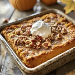 To make this easy and delicious pumpkin pie dump cake, you need the following ingredients: - 1 can (15 oz) pumpkin puree - 1 can (12 oz) evaporated milk - 3 large eggs - 1 cup granulated sugar - 1 teaspoon vanilla extract - 1 tablespoon pumpkin pie spice - 1 box yellow cake mix - 1/2 cup unsalted butter, melted - 1 cup chopped pecans (optional) - Whipped cream for serving Each ingredient plays a key role in creating that sweet and spiced flavor we all love. You can make this recipe even easier by swapping some ingredients. Here are a few options: - Pumpkin puree: You can use homemade pumpkin puree if you prefer. Just make sure it’s smooth. - Evaporated milk: Try coconut milk for a dairy-free option. It adds a nice flavor too. - Granulated sugar: Brown sugar works well for a deeper taste. Just use the same amount. - Eggs: Use flaxseed meal mixed with water as a vegan option. One tablespoon of flaxseed with three tablespoons of water equals one egg. These swaps help you tailor the recipe to your needs while keeping it tasty. Want to jazz up your pumpkin pie dump cake? Here are some fun add-ins: - Chopped pecans: They add a nice crunch and flavor. Just sprinkle them on top. - Chocolate chips: For a sweet twist, mix in some chocolate chips. They melt and create a rich layer. - Dried cranberries or raisins: These add a fruity burst and balance the spices. Feel free to experiment! Each add-in gives a new twist to this classic recipe. First, let’s gather all the ingredients. You need: - 1 can (15 oz) pumpkin puree - 1 can (12 oz) evaporated milk - 3 large eggs - 1 cup granulated sugar - 1 teaspoon vanilla extract - 1 tablespoon pumpkin pie spice - 1 box yellow cake mix - 1/2 cup unsalted butter, melted - 1 cup chopped pecans (optional) - Whipped cream for serving Now, preheat your oven to 350°F (175°C) and grease a 9x13 inch baking dish with non-stick spray. In a large bowl, mix the pumpkin puree, evaporated milk, eggs, sugar, vanilla extract, and pumpkin pie spice. Whisk until it gets smooth. When the mixture is ready, pour it into the greased dish. Spread it evenly so every bite has great flavor. Next, take the dry yellow cake mix and sprinkle it over the pumpkin mixture. Make sure every part is covered. Now it’s time to add butter! Drizzle the melted butter over the top of the cake mix. This step helps keep the cake moist. If you like, sprinkle chopped pecans on top for some extra crunch. Place the baking dish in the oven. Bake for 45-50 minutes. The top should turn golden brown, and the center should be set. If it wobbles too much, give it a few more minutes. Once the cake is done, let it cool for a bit. This will make it easier to cut. Serve it warm, topped with a dollop of whipped cream. You can also enjoy it cold the next day! For a fun twist, add a sprinkle of cinnamon or nutmeg on the whipped cream. This recipe is so easy and delicious, you’ll want to make it often! For the full recipe, check out the details above. To make the best pumpkin pie dump cake, use fresh ingredients. Fresh eggs and good-quality pumpkin puree make a big difference. Mix the pumpkin and spices well so every bite is tasty. Make sure to spread the cake mix evenly over the pumpkin layer. This helps it bake evenly. Drizzle melted butter all over the cake mix. It adds moisture and flavor. Bake until golden brown, but do not overbake. Check with a toothpick to know when it’s done. One common mistake is not greasing the baking dish. This can lead to a cake that sticks and tears. Another mistake is adding too much butter. It can make the cake too greasy. Also, avoid skipping the cooling step. Letting it cool makes it easier to slice. Don't rush to serve it warm. The flavors deepen as it cools. Lastly, do not skip the whipped cream on top. It adds a nice touch to every piece. To boost flavor, try adding nuts or chocolate chips. Chopped pecans on top give a nice crunch. You can also mix in some chocolate chips for a sweet twist. For extra spice, add a pinch of nutmeg or cinnamon. To change the texture, use a gluten-free cake mix. This makes it suitable for more diets. You can even use almond flour instead of cake mix. This will give a unique flavor and texture to your dump cake. For the full recipe, check out the detailed instructions above. {{image_2}} You can easily make this cake gluten-free. Just swap the yellow cake mix for a gluten-free mix. Many brands offer great options that taste just as good. Always check the labels to ensure they are certified gluten-free. This change lets everyone enjoy the cake, even those with gluten sensitivities. To make a vegan version, you'll need to replace the eggs and evaporated milk. Use 1/4 cup of unsweetened applesauce for each egg. For the evaporated milk, use a plant-based milk like almond or coconut. This keeps the cake moist. Your vegan friends will love this twist! Pumpkin pie dump cake can be fun to play with. Try adding chocolate chips for a sweet twist. They melt into the cake and add richness. You can also mix in nuts for crunch. Pecans or walnuts work well. Want a spiced kick? Add some more pumpkin pie spice or even cinnamon. Each variation brings its own charm to the dish. Check out the Full Recipe for more ideas! Store leftover pumpkin pie dump cake in an airtight container. It keeps well in the fridge. Make sure it cools fully before sealing. This helps avoid soggy cake. You can enjoy the leftovers for up to four days. Just remember to keep it covered. If you want some extra flavor, add a little whipped cream on top before serving. You can freeze pumpkin pie dump cake if you want to keep it longer. First, let it cool completely. Then, cut it into portions. Wrap each piece tightly in plastic wrap. Place the wrapped pieces in a freezer-safe bag or container. This will help keep it fresh. It can last in the freezer for up to three months. When you are ready to eat, just thaw it in the fridge overnight. To enjoy your pumpkin pie dump cake again, reheat it simply. Preheat your oven to 350°F (175°C). Place the cake in an oven-safe dish and cover it with foil. Heat for about 15 to 20 minutes or until warm. You can also use the microwave. Heat a slice for about 30 seconds. Just be careful not to overheat, or it might dry out. For a tasty touch, add whipped cream before serving. For the full recipe, check the section above. A dump cake is a simple dessert. You mix ingredients in a pan without much fuss. For this pumpkin pie dump cake, you combine pumpkin puree, spices, and cake mix. The ease makes it a favorite for many home cooks. You don’t need to make a crust or fuss with layers. Just dump the ingredients in a dish, bake, and enjoy! Yes, you can use fresh pumpkin. Just make sure to cook and puree it first. Fresh pumpkin can add a deeper flavor to your cake. However, canned pumpkin is more convenient and saves time. Both options work well, so choose what fits your schedule best. The pumpkin pie dump cake will last about 3 to 4 days in the fridge. Store it in an airtight container to keep it fresh. You can also freeze it for up to 2 months. Just make sure to let it cool completely before freezing. This way, you can enjoy it later without losing taste. For the full recipe, check out the main article. In this post, I shared how to make a delicious pumpkin pie dump cake. We covered ingredients, substitutions, and optional add-ins. Next, I detailed step-by-step prep and baking tips to achieve a perfect cake. I also shared ways to avoid common mistakes and enhance flavors. You learned about gluten-free and vegan options, plus how to store leftovers. To sum up, this cake is easy to make and so tasty. Enjoy every bite and feel free to get creative!