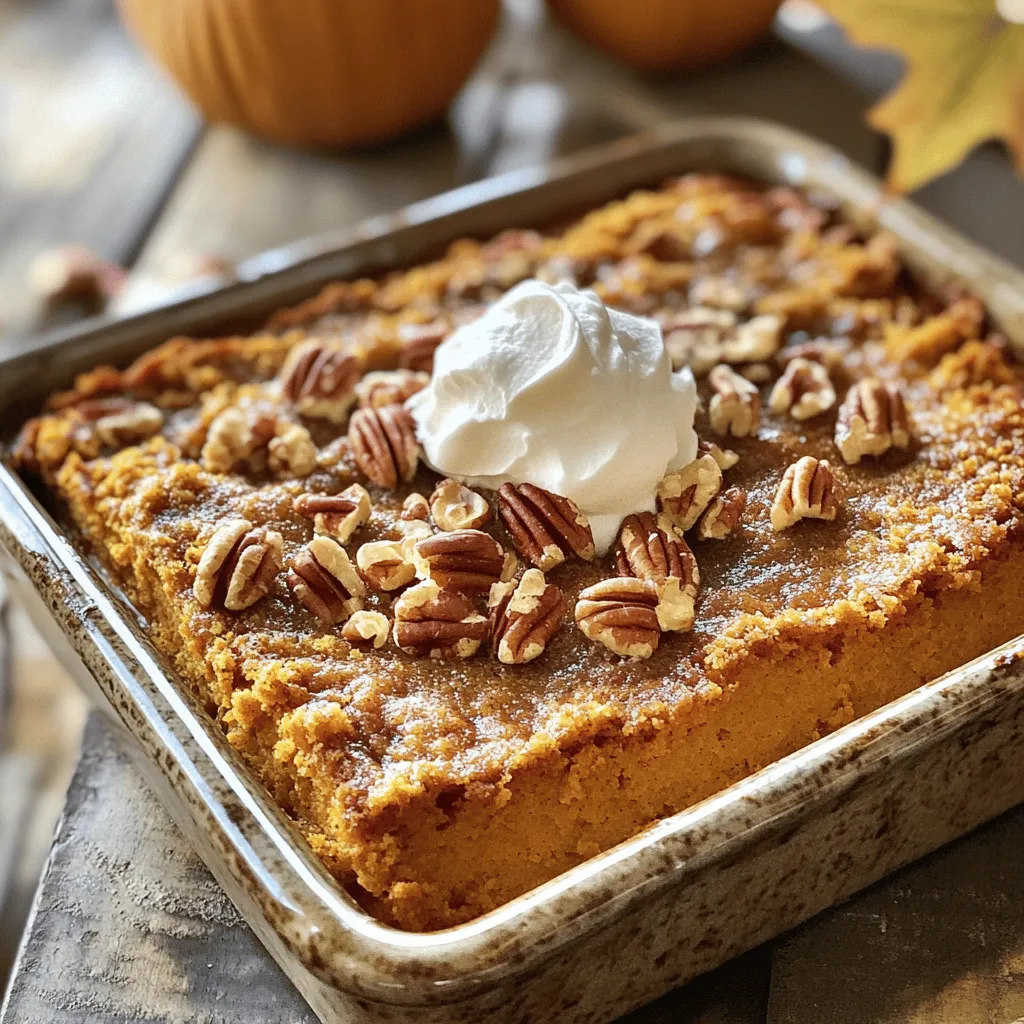 To make this easy and delicious pumpkin pie dump cake, you need the following ingredients: - 1 can (15 oz) pumpkin puree - 1 can (12 oz) evaporated milk - 3 large eggs - 1 cup granulated sugar - 1 teaspoon vanilla extract - 1 tablespoon pumpkin pie spice - 1 box yellow cake mix - 1/2 cup unsalted butter, melted - 1 cup chopped pecans (optional) - Whipped cream for serving Each ingredient plays a key role in creating that sweet and spiced flavor we all love. You can make this recipe even easier by swapping some ingredients. Here are a few options: - Pumpkin puree: You can use homemade pumpkin puree if you prefer. Just make sure it’s smooth. - Evaporated milk: Try coconut milk for a dairy-free option. It adds a nice flavor too. - Granulated sugar: Brown sugar works well for a deeper taste. Just use the same amount. - Eggs: Use flaxseed meal mixed with water as a vegan option. One tablespoon of flaxseed with three tablespoons of water equals one egg. These swaps help you tailor the recipe to your needs while keeping it tasty. Want to jazz up your pumpkin pie dump cake? Here are some fun add-ins: - Chopped pecans: They add a nice crunch and flavor. Just sprinkle them on top. - Chocolate chips: For a sweet twist, mix in some chocolate chips. They melt and create a rich layer. - Dried cranberries or raisins: These add a fruity burst and balance the spices. Feel free to experiment! Each add-in gives a new twist to this classic recipe. First, let’s gather all the ingredients. You need: - 1 can (15 oz) pumpkin puree - 1 can (12 oz) evaporated milk - 3 large eggs - 1 cup granulated sugar - 1 teaspoon vanilla extract - 1 tablespoon pumpkin pie spice - 1 box yellow cake mix - 1/2 cup unsalted butter, melted - 1 cup chopped pecans (optional) - Whipped cream for serving Now, preheat your oven to 350°F (175°C) and grease a 9x13 inch baking dish with non-stick spray. In a large bowl, mix the pumpkin puree, evaporated milk, eggs, sugar, vanilla extract, and pumpkin pie spice. Whisk until it gets smooth. When the mixture is ready, pour it into the greased dish. Spread it evenly so every bite has great flavor. Next, take the dry yellow cake mix and sprinkle it over the pumpkin mixture. Make sure every part is covered. Now it’s time to add butter! Drizzle the melted butter over the top of the cake mix. This step helps keep the cake moist. If you like, sprinkle chopped pecans on top for some extra crunch. Place the baking dish in the oven. Bake for 45-50 minutes. The top should turn golden brown, and the center should be set. If it wobbles too much, give it a few more minutes. Once the cake is done, let it cool for a bit. This will make it easier to cut. Serve it warm, topped with a dollop of whipped cream. You can also enjoy it cold the next day! For a fun twist, add a sprinkle of cinnamon or nutmeg on the whipped cream. This recipe is so easy and delicious, you’ll want to make it often! For the full recipe, check out the details above. To make the best pumpkin pie dump cake, use fresh ingredients. Fresh eggs and good-quality pumpkin puree make a big difference. Mix the pumpkin and spices well so every bite is tasty. Make sure to spread the cake mix evenly over the pumpkin layer. This helps it bake evenly. Drizzle melted butter all over the cake mix. It adds moisture and flavor. Bake until golden brown, but do not overbake. Check with a toothpick to know when it’s done. One common mistake is not greasing the baking dish. This can lead to a cake that sticks and tears. Another mistake is adding too much butter. It can make the cake too greasy. Also, avoid skipping the cooling step. Letting it cool makes it easier to slice. Don't rush to serve it warm. The flavors deepen as it cools. Lastly, do not skip the whipped cream on top. It adds a nice touch to every piece. To boost flavor, try adding nuts or chocolate chips. Chopped pecans on top give a nice crunch. You can also mix in some chocolate chips for a sweet twist. For extra spice, add a pinch of nutmeg or cinnamon. To change the texture, use a gluten-free cake mix. This makes it suitable for more diets. You can even use almond flour instead of cake mix. This will give a unique flavor and texture to your dump cake. For the full recipe, check out the detailed instructions above. {{image_2}} You can easily make this cake gluten-free. Just swap the yellow cake mix for a gluten-free mix. Many brands offer great options that taste just as good. Always check the labels to ensure they are certified gluten-free. This change lets everyone enjoy the cake, even those with gluten sensitivities. To make a vegan version, you'll need to replace the eggs and evaporated milk. Use 1/4 cup of unsweetened applesauce for each egg. For the evaporated milk, use a plant-based milk like almond or coconut. This keeps the cake moist. Your vegan friends will love this twist! Pumpkin pie dump cake can be fun to play with. Try adding chocolate chips for a sweet twist. They melt into the cake and add richness. You can also mix in nuts for crunch. Pecans or walnuts work well. Want a spiced kick? Add some more pumpkin pie spice or even cinnamon. Each variation brings its own charm to the dish. Check out the Full Recipe for more ideas! Store leftover pumpkin pie dump cake in an airtight container. It keeps well in the fridge. Make sure it cools fully before sealing. This helps avoid soggy cake. You can enjoy the leftovers for up to four days. Just remember to keep it covered. If you want some extra flavor, add a little whipped cream on top before serving. You can freeze pumpkin pie dump cake if you want to keep it longer. First, let it cool completely. Then, cut it into portions. Wrap each piece tightly in plastic wrap. Place the wrapped pieces in a freezer-safe bag or container. This will help keep it fresh. It can last in the freezer for up to three months. When you are ready to eat, just thaw it in the fridge overnight. To enjoy your pumpkin pie dump cake again, reheat it simply. Preheat your oven to 350°F (175°C). Place the cake in an oven-safe dish and cover it with foil. Heat for about 15 to 20 minutes or until warm. You can also use the microwave. Heat a slice for about 30 seconds. Just be careful not to overheat, or it might dry out. For a tasty touch, add whipped cream before serving. For the full recipe, check the section above. A dump cake is a simple dessert. You mix ingredients in a pan without much fuss. For this pumpkin pie dump cake, you combine pumpkin puree, spices, and cake mix. The ease makes it a favorite for many home cooks. You don’t need to make a crust or fuss with layers. Just dump the ingredients in a dish, bake, and enjoy! Yes, you can use fresh pumpkin. Just make sure to cook and puree it first. Fresh pumpkin can add a deeper flavor to your cake. However, canned pumpkin is more convenient and saves time. Both options work well, so choose what fits your schedule best. The pumpkin pie dump cake will last about 3 to 4 days in the fridge. Store it in an airtight container to keep it fresh. You can also freeze it for up to 2 months. Just make sure to let it cool completely before freezing. This way, you can enjoy it later without losing taste. For the full recipe, check out the main article. In this post, I shared how to make a delicious pumpkin pie dump cake. We covered ingredients, substitutions, and optional add-ins. Next, I detailed step-by-step prep and baking tips to achieve a perfect cake. I also shared ways to avoid common mistakes and enhance flavors. You learned about gluten-free and vegan options, plus how to store leftovers. To sum up, this cake is easy to make and so tasty. Enjoy every bite and feel free to get creative!