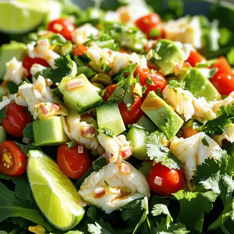 To make a tasty crab salad, you need a few key items. Here’s what you’ll want: - 1 pound fresh crab meat (lump or claw meat) - 1 cup cucumber, finely diced - 1 cup cherry tomatoes, halved - 1/2 cup red bell pepper, finely chopped - 1/4 cup shallots, finely minced - 1/4 cup fresh cilantro, chopped - 2 tablespoons lime juice - 1 tablespoon olive oil - 1 avocado, diced - Salt and pepper to taste - Mixed greens for serving These ingredients blend well together and create a fresh taste. The crab meat is the star. It adds sweet and rich flavors to the dish. You can boost your crab salad with some fun extras. Here are a few ideas: - Diced jalapeños for a spicy kick - Chopped celery for a nice crunch - Fresh herbs like dill or parsley for more flavor - A touch of garlic for depth Feel free to mix and match based on your taste. These add-ins can make your salad unique and exciting. When buying crab meat, freshness matters most. Here’s how to choose the best: - Look for meat that is white and has a sweet scent. - Avoid any meat that smells fishy or has strong odors. - Check for lumps of meat without shells or bits. Quality crab meat has big, clean pieces. Buying fresh crab meat helps ensure your salad tastes amazing. You can find it in seafood markets or grocery stores. Remember, quality crab meat makes all the difference in your dish. For the full recipe, check out the Crab Delight Salad. To make this crab salad, start by gathering all your ingredients. You will need fresh crab meat, cucumber, cherry tomatoes, red bell pepper, shallots, cilantro, lime juice, olive oil, avocado, salt, and pepper. First, take a large mixing bowl. Gently mix the crab meat, cucumber, tomatoes, bell pepper, shallots, and cilantro. This step is crucial. You want to keep the crab meat in big chunks. When you mix the ingredients, do it softly. Use a big spoon to lift the mixture. Avoid smashing the crab meat. You want it to stay fluffy and tender. After you mix everything, prepare the dressing. In a small bowl, whisk lime juice, olive oil, salt, and pepper. The dressing adds a bright flavor. Once mixed, drizzle it over the crab mixture. Toss gently again to coat everything evenly. For a lovely plate, start with mixed greens. Place a handful on each plate. Then, carefully spoon the crab salad on top. To make it extra special, add some cilantro leaves and lime wedges as a garnish. This adds color and freshness. You can serve it with crispy tortilla chips for a nice crunch. This whole process makes your crab salad look and taste amazing. For the complete recipe, check the [Full Recipe]. To make your crab salad shine, focus on fresh ingredients. Use crab meat that is sweet and tender. Lump or claw meat works best for flavor. Chop your veggies finely for a nice crunch. This adds texture and balance to the dish. A touch of lime juice brightens the salad. Don't skip on salt and pepper; they enhance the taste. Mix gently to keep the crab meat intact. Too much stirring can break it apart. If you have leftovers, store them properly. Place the salad in an airtight container. Keep it in the fridge. It’s best to eat it within two days. The avocado will brown quickly. To avoid this, add it just before serving. If you don't finish it, remove the avocado first. This keeps the salad fresh longer. Make your crab salad just before you plan to eat. This keeps all the flavors bright and fresh. If you have to prepare it ahead of time, do so no more than four hours in advance. The longer it sits, the more flavors blend, which can be nice but may lose some freshness. Remember, a fresh crab salad is a delightful treat that everyone will love! For more details, check the Full Recipe. {{image_2}} You can switch up the dressing for crab salad. A classic mayo and lemon juice blend works well. Try using Greek yogurt for a creamy twist. You can also mix olive oil, vinegar, and Dijon mustard for a light option. Each dressing offers a unique taste. Experiment to find your favorite! Adding fruits and vegetables can make your crab salad more fun. Diced mango or pineapple gives a sweet touch. Fresh herbs like dill or basil add flavor depth. You can also toss in diced celery for crunch. Consider using radishes for a peppery bite. These extras make your salad vibrant and exciting! Want some heat? Add jalapeños or Sriracha to kick up the spice. A sprinkle of cayenne pepper can also spice things up. You might enjoy adding a bit of wasabi for a unique twist. Pairing crab with spicy elements offers a great balance. Make sure to taste as you go! For the full recipe, see the Crab Delight Salad section above. To store leftover crab salad, place it in an airtight container. Make sure the lid seals tightly. This keeps out air and moisture. You can store it in the fridge for up to two days. If you plan to keep it longer, consider freezing it. However, note that freezing may alter the texture. When you prepare your crab salad, use fresh ingredients. Fresh crab meat adds great flavor. Keep the crab meat in the coldest part of your fridge until you are ready to use it. Store vegetables like cucumbers and tomatoes in the crisper drawer. This helps them stay crisp and tasty. If you slice vegetables ahead of time, store them in water to keep them fresh longer. Crab salad is best served cold. It tastes fresh and bright this way. If you want to warm it, do so gently. Use low heat on the stove. Avoid using a microwave, as it can make the crab tough. Remember, the flavors shine when served chilled. So, enjoy your crab salad fresh from the fridge! For the full recipe, check out the Crab Delight Salad. I recommend using lump crab meat or claw meat. Both types have great flavor and texture. Lump meat comes from the crab’s body, while claw meat is from the claws. Lump meat is more delicate and sweet. Claw meat is a bit firmer and has a stronger taste. You can mix both types for a unique flavor in your salad. Yes, you can make crab salad ahead of time. However, I suggest you add the avocado just before serving. This keeps it fresh and prevents browning. You can mix all other ingredients and store them in the fridge. This way, the flavors will blend nicely. Just remember to stir gently when you're ready to serve. Crab salad is a healthy choice! It is low in calories but high in protein. One serving can provide about 20 grams of protein, which helps build muscle. The fresh veggies add vitamins and minerals, making it nutritious. The healthy fats from avocado and olive oil are good for your heart. Enjoying crab salad can be a smart part of a balanced diet. For a deeper look at the health benefits, refer to the Full Recipe for detailed nutrition facts. In this post, we covered how to make a tasty crab salad. We looked at key ingredients, step-by-step instructions, and tips for a perfect mix. You can enhance your dish with different dressings and fun add-ins like fruits or spices. Remember to store any leftover salad correctly for the best taste. Crab salad is healthy and can be prepared ahead of time. Enjoy experimenting with this simple yet delicious recipe in your kitchen!