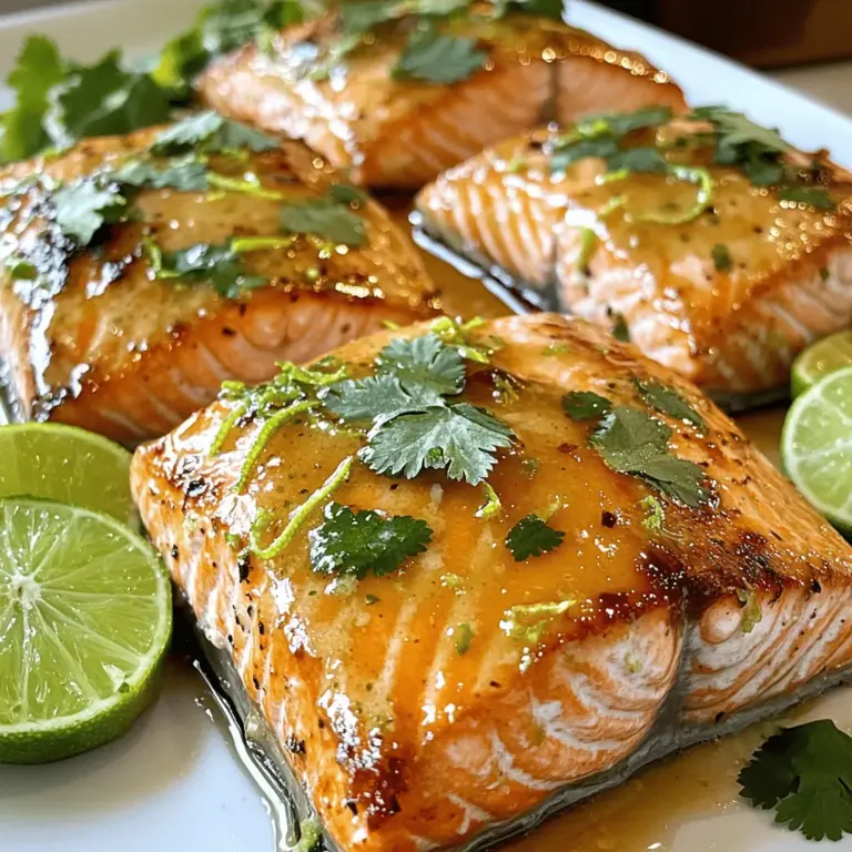 - 4 salmon fillets - 1/4 cup unsalted butter, melted - 1/4 cup honey - 2 tablespoons lime juice - 3 cloves garlic, minced - 1 teaspoon lime zest - Salt and pepper, to taste - Fresh cilantro, for garnish (optional) - Lime wedges, for serving Gather these ingredients before you start cooking. The salmon fillets are the star of the dish. They provide a rich, buttery flavor that pairs well with the sweet honey and zesty lime. The unsalted butter adds a creamy texture that helps the sauce cling to the fish. Using fresh garlic elevates the dish, giving it a nice kick. Lime juice and zest add brightness, balancing the sweetness of the honey. Make sure to season with salt and pepper for the best taste. For a touch of color and flavor, fresh cilantro makes a lovely garnish. Lime wedges serve as a refreshing side. These simple ingredients come together to create a delicious meal that you can enjoy any night of the week. For the full recipe, check out the cooking instructions that follow. 1. Preheating the oven: Start by preheating your oven to 400°F (200°C). This step is key for even cooking. Line a baking sheet with parchment paper. You can also lightly grease it with cooking spray. This helps prevent the salmon from sticking. 2. Mixing the honey-lime garlic butter: In a mixing bowl, combine 1/4 cup of melted butter, 1/4 cup of honey, and 2 tablespoons of lime juice. Add 3 cloves of minced garlic and 1 teaspoon of lime zest. Stir everything until it blends well. This mixture adds a sweet and tangy flavor to the salmon. 1. Placing and seasoning the salmon: Lay the 4 salmon fillets on your prepared baking sheet. Season each fillet with salt and pepper to taste. This simple step boosts the taste of the fish. 2. Baking the salmon: Drizzle the honey-lime garlic butter mixture over the salmon. Make sure every fillet is coated. Bake in the oven for about 12-15 minutes. You want the salmon to be cooked through and flaky. 3. Optional broiling for caramelization: If you want a nice, caramelized finish, you can switch to broil for the last 2-3 minutes. Keep a close eye on it to avoid burning. This step adds depth to the flavors. Once the salmon is done, take it out of the oven. Let it rest for a couple of minutes. Serve it garnished with fresh cilantro if you like. Add lime wedges on the side. The lime adds a fresh burst of flavor that complements the dish perfectly. Enjoy your honey-lime garlic butter baked salmon! For the full recipe, refer to the details above. How to know when salmon is done? Salmon is ready when it flakes easily with a fork. If you insert a fork into the thickest part, it should separate with little effort. The fish should also look opaque and have a light pink color. Use a food thermometer for best results. The internal temperature should reach 145°F (63°C). Importance of resting time after baking Letting the salmon rest for a couple of minutes after baking is key. This helps the juices settle, making the fish moist and flavorful. If you cut into it right away, you lose those tasty juices. Just wait a bit, and your salmon will be so much better. Adding herbs and spices You can boost the flavor of your honey-lime garlic butter baked salmon by adding fresh herbs. Cilantro, parsley, or dill work great. You can also sprinkle in spices like paprika or chili flakes for a kick. These little tweaks can make your dish shine. Adjusting sweetness or acidity If you like a sweeter taste, add more honey to the mix. For more zing, squeeze in extra lime juice. Balancing these flavors is key to a perfect dish. Taste your sauce before pouring it over the salmon. Adjust it to suit your taste buds. Check out the Full Recipe for more tips. {{image_2}} You can change the honey in the recipe. Maple syrup or agave nectar works well. These sweeteners add a unique flavor. You can also use brown sugar for a richer taste. Just mix it with the butter, lime juice, and garlic as you would with honey. When it comes to fish, salmon is great, but it’s not your only choice. You can use tilapia, trout, or even cod. These fish are mild and soak up the flavors well. Adjust the cooking time if you switch fish. Thinner fillets cook faster. Grilling adds a smoky flavor to your salmon. Preheat your grill to medium heat. Brush the salmon fillets with the honey-lime garlic butter. Place them skin-side down on the grill. Cook for about 6-8 minutes on each side. You want the salmon to be flaky and tender. If you prefer pan-searing, heat a skillet over medium-high heat. Add a little oil before placing the salmon in the pan. Sear for about 4-5 minutes on each side. This method gives a nice crispy edge while keeping the inside juicy. Try these variations for a fun twist on the classic baked salmon. For the full recipe, check out the complete instructions above. After enjoying your honey-lime garlic butter baked salmon, you may have some leftovers. To keep them fresh, store the salmon in an airtight container. Place it in the fridge. It will stay good for up to three days. Make sure to cool it down to room temperature before sealing. This method helps keep the flavors intact. When you're ready to eat, just reheat gently. Use a microwave or an oven to warm it up. For long-term storage, you can freeze the cooked salmon. Wrap each fillet tightly in plastic wrap. Then place the wrapped salmon in a freezer bag. Be sure to remove as much air as possible. This helps prevent freezer burn. The salmon can last up to three months in the freezer. When you want to eat it, thaw the salmon overnight in the fridge. To reheat, place it in a preheated oven at 350°F (175°C) for about 10-15 minutes. This way, the salmon stays moist and tasty. You can find the full recipe for honey-lime garlic butter baked salmon above. How do I know when my salmon is fully cooked? You can tell your salmon is done when it flakes easily with a fork. The inside should look opaque and no longer shiny. If you have a food thermometer, the thickest part should reach 145°F (63°C). This ensures it is safe to eat. Can I use frozen salmon for this recipe? Yes, you can use frozen salmon! Just ensure to thaw it fully before cooking. Thaw it in the fridge overnight or place it in a sealed bag and submerge it in cold water for about an hour. This helps maintain the fish's texture and flavor. What side dishes pair well with honey-lime garlic butter baked salmon? This dish goes well with many sides. Consider serving it with: - Steamed asparagus - Garlic mashed potatoes - Quinoa salad - Grilled vegetables - Rice pilaf These options complement the flavors without overpowering them. How long can I keep leftovers in the fridge? You can store leftover salmon in the fridge for up to three days. Make sure to place it in an airtight container to keep it fresh. If you want to enjoy it longer, consider freezing it. This blog post shared a delicious honey-lime garlic butter salmon recipe. We covered ingredients, step-by-step cooking instructions, tips, and storage advice. You can use common variations and substitutions too. Cooking salmon can be easy and fun. With simple steps and tasty flavors, you’ll impress anyone. Try adding your twist to this dish! Your friends and family will love it. Enjoy your cooking adventure!