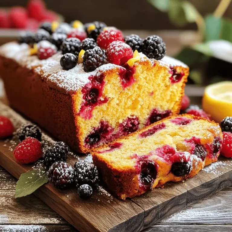 - 2 cups all-purpose flour - 1 cup sugar - 1 teaspoon baking powder - 1/2 teaspoon baking soda - 1/2 teaspoon salt - 1/2 cup unsalted butter, softened - 2 large eggs - 1 teaspoon vanilla extract - 1/2 cup plain yogurt - 1 cup mixed berries (blueberries, raspberries, strawberries, chopped) - 1 tablespoon lemon zest - 1 tablespoon fresh lemon juice - Powdered sugar for dusting (optional) Using fresh berries is key to great flavor. They add vibrant taste and color. When choosing berries, look for plump and firm ones. Avoid any that are mushy or have mold. For flour, all-purpose works best here. It gives the loaf a nice structure. If you want a lighter loaf, you can use cake flour. Just remember, each flour has its own texture. You can try different sweeteners like honey or maple syrup. They add unique flavors. If you want a vegan option, replace eggs with flax eggs and use plant-based yogurt. This way, everyone can enjoy this tasty loaf! - Preheat your oven to 350°F (175°C). - Grease a 9x5 inch loaf pan with butter or non-stick spray. - In a mixing bowl, whisk together: - 2 cups all-purpose flour - 1 cup sugar - 1 teaspoon baking powder - 1/2 teaspoon baking soda - 1/2 teaspoon salt - Set the dry mixture aside for now. - In another large bowl, cream together: - 1/2 cup unsalted butter, softened - 1 cup sugar - Mix until fluffy and light. - Add in 2 large eggs, one at a time. Mix well after each egg. - Stir in 1 teaspoon vanilla extract. - Next, mix in: - 1/2 cup plain yogurt - 1 tablespoon lemon zest - 1 tablespoon fresh lemon juice - Mix until everything is well combined. - Gradually add the dry mixture to the wet ingredients. Stir gently until just combined. - Be careful not to overmix! - Gently fold in 1 cup of mixed berries. - Pour the batter into the prepared loaf pan. - Smooth the top with a spatula. - Bake in the preheated oven for 55-60 minutes. - Test for doneness by inserting a toothpick into the center. It should come out clean. - Once baked, remove from the oven. Let it cool in the pan for 10 minutes. - Transfer the loaf to a wire rack to cool completely. - Dust with powdered sugar before serving if you like. For the full recipe, check the details above. Enjoy your sweet berry loaf delight! To get that soft, fluffy loaf, avoid overmixing the batter. When you mix the flour, do it gently. This keeps the loaf light and airy. Use room temperature ingredients, too. This helps the butter and eggs blend well, giving you a nice rise. You can add spices like cinnamon or nutmeg for extra flavor. They pair well with berries. For garnishing, sprinkle powdered sugar on top. This makes the loaf look pretty and adds a sweet touch. Fresh berries on the side also add color and taste. Be careful not to overbake. Check the loaf around 55 minutes. If a toothpick comes out clean, it’s done. For storing leftovers, wrap the loaf in plastic wrap or foil. This keeps it fresh and moist. Store it in a cool, dry place. {{image_2}} You can change the berries you use in this recipe. Try blackberries, raspberries, or strawberries. Each berry brings its special taste. Mixing different berries makes the loaf colorful and fun. You can even use seasonal fruits. In summer, add peaches or cherries. In fall, think about apples or pears. Each fruit adds a unique twist to your loaf. If you are gluten-free, you can swap all-purpose flour for a gluten-free blend. Just make sure it works well for baking. For those watching their sugar, consider using a sugar substitute. You can also reduce the sugar amount in the recipe. This still keeps your loaf tasty while being kinder to your waistline. Want to add more flavor? Consider mixing in nuts. Walnuts or pecans give a nice crunch. You could also add chocolate chips for a sweet twist. Experimenting with extracts can change your loaf's taste too. Almond or coconut extract can make it unique. Each addition opens a door to new flavors. So, feel free to get creative and mix things up! To keep your Sweet Berry Loaf Delight fresh, use an airtight container. A glass or plastic container works well. Make sure it seals tightly to lock in moisture. You can also wrap the loaf tightly in plastic wrap. For the best flavor, store it in the fridge. This helps it stay moist longer. If you want to keep it for a long time, freezing is a good option. Just slice the loaf first for easy thawing. Sweet Berry Loaf Delight lasts about 3 to 4 days in the fridge. If you freeze it, it can last up to 3 months. Look for signs of spoilage like mold or a sour smell. If you see any of these, it’s time to toss it. To reheat, slice the loaf into pieces. Place it in the microwave for about 10-15 seconds. If you want a crispy edge, use a toaster oven. This gives the loaf a nice texture. When serving leftovers, try adding a bit of butter or cream cheese. It adds richness and flavor. Enjoy your Sweet Berry Loaf Delight warm for the best taste! To make your loaf extra moist, use the right ingredient ratios. You should use enough yogurt and butter. The yogurt adds moisture while keeping it light. If you want, you can replace some butter with applesauce. This change keeps the taste great and adds extra moisture. Always measure your ingredients carefully. Too much flour can dry out your loaf. Yes, you can use frozen berries! They work well in this recipe. Just remember to thaw them before mixing. Drain any excess juice to prevent a soggy loaf. Toss the thawed berries in a bit of flour before adding them to the batter. This helps them stay evenly distributed and not sink to the bottom. You can easily make this recipe ahead of time. Bake the loaf and let it cool completely. Wrap it tightly in plastic wrap or foil. Store it at room temperature for up to three days. For longer storage, put it in the fridge or freezer. Just remember to slice it before freezing. This makes it easy to enjoy later. I love to serve my Sweet Berry Loaf Delight with fresh whipped cream or yogurt. These add a nice creaminess to each slice. You can also pair it with a cup of tea or coffee. A glass of milk works well too. For a fun twist, add a scoop of vanilla ice cream. It makes a tasty dessert after dinner! In this article, we explored how to make a delicious Sweet Berry Loaf Delight. You learned about the key ingredients and their roles, tips for perfect texture, and common mistakes to avoid. We also discussed storage options and answered frequently asked questions. You can now bake this delightful treat with confidence. With a few tweaks, you can make it your own. Enjoy experimenting with flavors and sharing it with others!