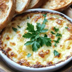 To create this tasty dip, you need a few key items. Here’s what you will need: - 1 cup cream cheese, softened - 1 cup sour cream - 1 cup shredded mozzarella cheese - 1 cup grated parmesan cheese - 4 cloves garlic, minced - 1 teaspoon Italian seasoning - 1 teaspoon garlic powder - Salt and pepper to taste These ingredients combine to make a rich and creamy base. The cream cheese and sour cream add smoothness. The cheeses give flavor and thickness. The garlic, both minced and in powder form, brings a strong taste. Italian seasoning adds a lovely herbal note, while salt and pepper balance everything. For dipping, I suggest using a crusty bread. Here’s my favorite choice: - 1 loaf of crusty bread (like ciabatta or baguette) This type of bread holds up well against the dip. The crust adds crunch, while the soft inside is perfect for scooping. You can cut the bread into thick slices for a better dipping experience. Toasting the slices makes them even better. To make your dip shine, consider these extra touches: - 1 tablespoon fresh parsley, chopped (for garnish) Fresh parsley adds a pop of color and a hint of freshness. You can also serve the dip with crunchy vegetable sticks for a healthy option. Carrots, celery, or bell peppers work great. If you want to impress, add a sprinkle of extra cheese on top before serving. For the full recipe, refer to the details above. Enjoy the process of making this delicious Baked Garlic Bread Dip! First, preheat your oven to 350°F (175°C). This is key for a good bake. In a medium bowl, mix together the softened cream cheese, sour cream, mozzarella, and parmesan. Blend these until smooth and creamy. Next, stir in the minced garlic, Italian seasoning, garlic powder, salt, and pepper. Make sure all the ingredients are mixed well. Transfer this cheesy mixture to a small, oven-safe dish. Spread it out evenly to ensure even baking. Baking time is crucial for the best flavor. Bake your dip for about 25 to 30 minutes. Look for a bubbly surface and a lightly golden top. This indicates that the dip is ready. I like to check on it halfway through. If you want extra flavor, consider adding more garlic or a sprinkle of extra cheese on top before baking. This will enhance the taste and make it even more delicious. While the dip is baking, it’s time to prepare the bread. Slice your crusty bread into thick pieces. Lay these on a baking sheet. Toast the bread for about 8 to 10 minutes until it turns golden and crispy. This adds a nice crunch. When the dip is done, let it cool for a few minutes. Serve the warm dip with your crispy bread on the side. Enjoy this tasty treat with family and friends! For the full recipe, check out the details above. To make your dip super creamy, use room-temperature cream cheese. This helps it mix well with other ingredients. You can also use full-fat sour cream. It adds richness. Blend everything until smooth. If you want it even creamier, add a splash of milk. This makes the dip dreamy and easy to scoop. Fresh ingredients make all the difference. Use fresh garlic instead of powder for a bold taste. Chopped fresh parsley adds color and flavor. You can also add fresh herbs like basil or chives. They brighten the dip. Try mixing in a bit of lemon juice for a zesty kick. This will elevate the taste and make it pop. Serve the dip hot right from the oven. Pair it with toasted bread for a crunchy bite. Crusty bread, like ciabatta or a baguette, works best. You can also serve with veggie sticks for a fresh crunch. For a fun twist, try pita chips or crackers. They add variety to your appetizer spread. Don't forget to sprinkle extra parsley on top for a nice touch! {{image_2}} If you like heat, add a kick to your dip. Mix in some diced jalapeños or a spoonful of hot sauce. You can also use pepper jack cheese instead of mozzarella for a spicy twist. This change will excite your taste buds and make your dip unforgettable. To make this dip vegetarian, just skip any meat-based ingredients. You can add chopped spinach or artichokes for extra flavor and nutrients. Using fresh herbs like basil or thyme can also enhance the taste. These small changes keep the dip tasty while catering to vegetarian diets. For a gluten-free version, choose gluten-free bread for dipping. Many brands offer great options that taste just as good. You can also serve the dip with fresh veggies like carrots, celery, or bell peppers. This way, everyone can enjoy your tasty creation without worry. For the full recipe, visit the main section. After enjoying your baked garlic bread dip, you may have some left. To store it, let the dip cool first. Then, transfer it to an airtight container. Make sure to seal it well. Store it in the fridge for up to three days. If you have leftover bread, keep it in a separate bag. This helps keep it fresh and prevents it from getting soggy. When you're ready to enjoy the dip again, reheating is easy. Preheat your oven to 350°F (175°C). Place the dip in an oven-safe dish. Cover it with foil to keep it moist. Bake for about 15 to 20 minutes until it's warm. You can also heat it in the microwave. Use a microwave-safe bowl and heat it in short bursts of 30 seconds. Stir in between until it’s hot. The baked garlic bread dip stays fresh in the fridge for three days. If you want to keep it longer, you can freeze it. In a freezer-safe container, it can last up to two months. Just remember to thaw it in the fridge overnight before reheating. This way, you can enjoy your delicious dip whenever you want! For the full recipe, check the previous sections. Yes, you can make this dip ahead of time. Prepare the dip and place it in a baking dish. Cover it and store it in the fridge for up to two days. When you are ready to bake it, just take it out and let it sit at room temperature for about 30 minutes. This helps it cook evenly. Then, follow the baking steps in the Full Recipe. If you want to swap out cream cheese, try using Greek yogurt or ricotta cheese. Both options add a creamy texture. You can also use a vegan cream cheese for a dairy-free option. Just keep in mind that the flavor may change a bit. Adjust seasonings as needed to keep it tasty. You’ll know the dip is done when it’s bubbly and golden on top. This usually takes about 25-30 minutes at 350°F (175°C). Keep an eye on it during the last few minutes. If the top isn’t golden yet, you can broil it for a minute or two. Just watch it closely to avoid burning. Freezing this dip is a great option for later. Prepare the dip but do not bake it. Instead, cover it tightly with plastic wrap and foil, then freeze. When you're ready to enjoy it, defrost it in the fridge overnight. Bake as directed in the Full Recipe. Crusty bread works best for this dip. Baguette and ciabatta are great choices. They hold up well when dipped. You can also use toasted breadsticks or crackers. Experiment to find your favorite! This blog post shared how to make a tasty Baked Garlic Bread Dip. We explored the key ingredients and helpful tips for baking. I discussed fun variations and how to store leftovers. Each part gives you ways to make this dish your own. In the end, you can enjoy a hot, creamy dip that delights everyone. Try it out and make your own special dips!