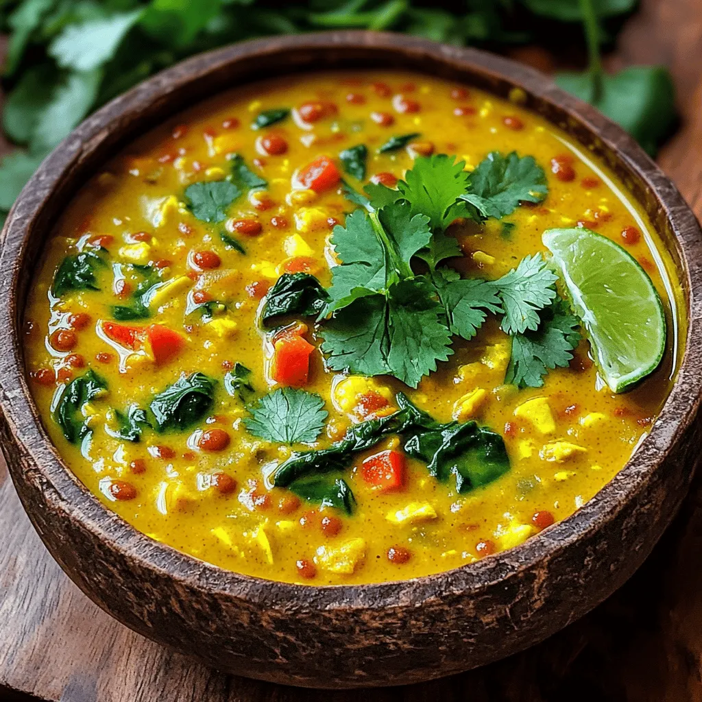 To make a great Coconut Curry Lentil Soup, you need these simple ingredients: - 1 cup red lentils, rinsed - 1 can (14 oz) coconut milk - 4 cups vegetable broth - 1 tablespoon olive oil - 1 onion, finely chopped - 3 cloves garlic, minced - 1 tablespoon fresh ginger, grated - 1 tablespoon curry powder - 1 teaspoon turmeric powder - 1 teaspoon cumin - 1 red bell pepper, diced - 1 cup spinach, chopped - Salt and pepper to taste - Fresh cilantro, for garnish - Lime wedges, for serving When selecting your ingredients, freshness counts. Pick bright, firm vegetables. Look for lentils that are not broken or damaged. Choose coconut milk that is creamy and free from additives. Always opt for low-sodium vegetable broth for better taste control. Fresh herbs like cilantro should be vibrant and fragrant. This adds more flavor to your soup. If you have allergies or special diets, there are many swaps you can make: - Red lentils can be replaced with green lentils or split peas. - Use light coconut milk for a lower-fat option. - If you are allergic to nuts, ensure your broth is nut-free. - Swap olive oil for avocado oil if preferred. - For a vegan option, you can use vegetable broth instead of chicken broth. - If you can't have garlic, you can omit it or use garlic powder instead. These substitutes can help you enjoy this delicious soup while staying within your dietary needs. With the full recipe, you can create a bowl of warmth and nutrition that fits your lifestyle. Start by gathering all your ingredients. It helps to have everything ready. Chop the onion, garlic, and ginger. Dice the red bell pepper. Rinse one cup of red lentils under cold water until the water runs clear. Measure out your spices and coconut milk. This prep makes cooking smooth and fast. Heat one tablespoon of olive oil in a large pot over medium heat. Add the chopped onion first. Sauté it for about five minutes until it looks soft. Then, stir in the minced garlic and grated ginger. Cook for another minute. You want that lovely aroma to fill your kitchen. Next, add the curry powder, turmeric, and cumin to the pot. Stir everything well. Toast the spices for about two minutes. This step brings out their full flavors. Now, toss in the diced red bell pepper and the rinsed lentils. Mix them in well. Pour in four cups of vegetable broth and one can of coconut milk. Bring this mix to a gentle boil. Once it bubbles, lower the heat to let it simmer. Cook for about 20 to 25 minutes. The lentils should be nice and tender. After the lentils are soft, add one cup of chopped spinach. Cook for another five minutes. This adds color and nutrition to the soup. Now it’s time to taste your soup. Add salt and pepper to your liking. You can adjust the seasoning based on your preference. Serve your Coconut Curry Lentil Soup hot. Garnish it with fresh cilantro and lime wedges. This adds a bright touch to every bowl. Enjoy this flavorful and nourishing soup with family and friends! For the full recipe, check out the detailed instructions above. To make your coconut curry lentil soup extra tasty, focus on the spices. Toasting spices like curry powder, turmeric, and cumin brings out their full flavor. Add them to the pot after you sauté the onions, garlic, and ginger. This step makes a big difference. The key to creamy soup is the coconut milk. Use full-fat coconut milk for a rich taste. It pairs well with the lentils, giving a smooth texture. If you want a lighter option, you can use light coconut milk. Don’t forget to season as you go. Taste the soup after adding each ingredient. This helps you find the right flavor balance. Adjust the salt and pepper to suit your taste. To store your coconut curry lentil soup, let it cool first. Then, transfer the soup to an airtight container. It can stay fresh in the fridge for up to five days. For longer storage, freeze it in portions. Use freezer-safe bags or containers. When reheating, do it slowly. Heat the soup on the stove over medium-low heat. Stir often to prevent sticking. You can also use a microwave, but be sure to cover it to avoid mess. Add a splash of vegetable broth or water if the soup thickens too much. Serve your coconut curry lentil soup in warm bowls. Top each bowl with fresh cilantro for color and flavor. Lime wedges are a great side, too. Squeeze some lime juice over the soup for a zesty kick. This soup pairs well with crusty bread or rice. For a full meal, add a simple salad on the side. You can also enjoy it with naan for a fun twist. If you want to spice it up, add a pinch of red pepper flakes or hot sauce. Try the full recipe for coconut curry lentil soup, and enjoy every comforting bite! {{image_2}} You can use different lentils in this soup. Red lentils cook fast and break down well. Yellow lentils are a great choice too. They have a slightly nutty taste. Green lentils stay firm and add texture. You can mix them for fun flavors. Each type gives a unique twist to your dish. If you like heat, add chili powder or fresh chilies. Start with a small amount. You can always add more later. For a milder soup, skip the hot spices. Instead, focus on the warm flavors of curry and turmeric. Adjusting spices helps you create the perfect bowl for your taste. You can boost nutrition by adding veggies or beans. Carrots, zucchini, or sweet potatoes work well. They add color and taste. For protein, chickpeas or tofu are great options. You can toss in leafy greens like kale for extra vitamins. These add-ins make your soup even more filling and healthy. For the complete recipe, check out the Full Recipe. After you enjoy your bowl of Coconut Curry Lentil Soup, store any leftovers in an airtight container. Let the soup cool to room temperature before sealing it. This step helps keep the soup fresh. Place the container in the fridge, where it will last for about 3 to 5 days. You can freeze Coconut Curry Lentil Soup for longer storage. Start by letting the soup cool completely. Then, pour it into freezer-safe containers or heavy-duty freezer bags. Leave some space at the top for expansion as the soup freezes. Label the bags with the date. The soup can stay in the freezer for up to 3 months. Reheating your soup is easy. For the best flavor, use the stovetop. Pour the soup into a saucepan and heat over medium heat. Stir often until it warms through. This method keeps the soup creamy. You can also use the microwave if you’re short on time. Place the soup in a microwave-safe bowl, cover it, and heat in short bursts. Stir between heats for even warming. Enjoy your delicious Coconut Curry Lentil Soup again! For the full recipe, check out the detailed list above. Coconut Curry Lentil Soup is a warm, flavorful dish made with lentils, coconut milk, and spices. The soup combines red lentils with coconut milk to create a creamy texture. I add spices like curry powder, turmeric, and cumin for depth. Fresh veggies like onion, garlic, and bell pepper enhance the taste. Spinach adds a healthy twist to this comforting bowl. Coconut Curry Lentil Soup lasts about five days in the fridge. Store it in an airtight container to keep it fresh. If you want the best taste, eat it within three days. The flavors will develop, but the soup may thicken as it sits. You can always add a bit of broth when reheating to loosen it up. Yes, you can make Coconut Curry Lentil Soup in advance. It tastes even better after sitting for a day. Prepare the soup and let it cool before storing it. When you're ready to eat, just reheat the soup on the stove. This makes it a great meal prep option. You can enjoy a warm, delicious soup anytime! - Full Recipe: Coconut Curry Lentil Soup 🥥 Coconut curry lentil soup offers a rich blend of flavors and nutrition. We discussed key ingredients, cooking steps, and helpful tips to make it perfect every time. Remember, you can customize it with different lentils and spices to fit your taste. Store the leftovers for later or freeze for a quick meal. Enjoy this soup warm and comforting, and don't hesitate to experiment with variations. Cooking should be fun and creative, so dive in and make it your own!