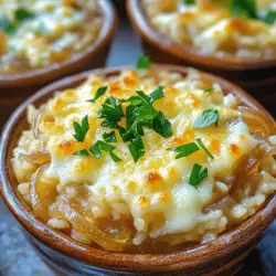 - 1 cup Arborio rice - 4 large onions, thinly sliced - 4 cups vegetable broth - 2 tablespoons olive oil - 2 tablespoons butter - 2 cloves garlic, minced - 1 teaspoon dried thyme - 1 bay leaf - Salt and pepper to taste - 1 cup Gruyère cheese, grated (or a dairy-free alternative) - Fresh parsley, chopped (for garnish) This dish starts strong with Arborio rice. Its creamy texture makes it ideal for this recipe. The onions add sweetness and depth. I love using four large onions; they really shine in this dish. Garlic brings a lovely aroma. You can’t go wrong with fresh thyme and a bay leaf for flavor. The vegetable broth adds richness. Don’t forget to season with salt and pepper. Finally, Gruyère cheese melts beautifully, giving that classic French taste. A sprinkle of fresh parsley on top adds a nice touch. - Alternative cheeses or dairy-free substitutions - Fresh herbs for garnish If you want to mix things up, try different cheeses. Cheddar or mozzarella also work well. For a dairy-free option, use a vegan cheese. Fresh herbs like thyme or chives can enhance the dish’s flavor. They add a fresh note that brightens every bite. - Pot for cooking - Wooden spoon for stirring - Broiler-safe serving dishes You’ll need a good pot to cook the rice and caramelize the onions. A wooden spoon helps you stir without scratching your pot. Broiler-safe serving dishes will help you achieve that bubbly, golden cheese on top. These tools make the process smooth and enjoyable. Happy cooking! To make French onion soup rice, start with the onions. Use a large pot for this. Heat olive oil and butter over medium heat. Add your sliced onions. Cook them low and slow for about 25-30 minutes. Stir them often. You want them to turn a rich golden-brown color. This caramelizing technique brings out their sweet flavor. Low and slow cooking is key. It helps develop a deep taste in the onions. Next, add the Arborio rice to the pot. Toast the rice in the onion mixture for about 2 minutes. Stir constantly to prevent sticking. This step adds flavor and helps with texture. Then, begin adding the vegetable broth. Add it one cup at a time. Wait until the rice absorbs the broth before adding more. This process takes about 20 minutes. The rice should be creamy and al dente, which means it is soft but still has a little bite. Once the rice is cooked, remove the bay leaf. Season the rice with salt and pepper to taste. Now, stir in half of the grated Gruyère cheese. Mix until it melts and blends well. Transfer the rice to individual dishes or keep it in the pot for family style. Top each serving with the remaining cheese. Broil in the oven for 3-5 minutes until the cheese is bubbly and golden. Finally, garnish with fresh parsley. This adds a nice touch and a pop of color. For the full recipe, check out the complete guide. To get sweet, rich onions, timing and heat matter. Start on medium heat. Stir the onions often. If they cook too fast, turn down the heat. This helps avoid burned onions. Burned onions ruin the sweet taste we want. Use a heavy pot. This helps the heat spread evenly. For creamy rice, stirring is key. Stir the rice often as you add broth. This helps it soak up the flavors. If the rice seems dry, add more broth. If the rice is too sticky, it might be overcooked. Try using less broth next time. You want the rice soft, but not mushy. For serving, you can use individual bowls or a big dish. Both look nice! Top each serving with extra cheese. It melts and creates a yummy crust. Fresh parsley adds a nice touch. It brings color and a fresh taste. {{image_2}} You can add proteins to French onion soup rice for extra flavor and nutrition. Consider using: - Shredded chicken - Ground beef or turkey - Cooked lentils - Chickpeas If using meat, cook it separately first. Then, mix it in with the rice towards the end. For plant-based proteins, add them during the last few minutes of cooking. This way, they blend well without losing texture. To take your dish to the next level, consider adding herbs and spices. Some great options include: - Fresh thyme - Bay leaves - Rosemary - Black pepper You can also swap out the cheese. Gruyère is classic, but you might try: - Fontina - Mozzarella - Vegan cheese Each cheese brings a unique taste and texture to the dish. Making this dish fit your diet is easy. For gluten-free versions, use gluten-free broth and ensure no added ingredients contain gluten. For a vegan approach, replace butter with olive oil and use a dairy-free cheese. If you're watching carbs, consider using cauliflower rice instead of Arborio. It cooks faster and still pairs well with the onion and broth flavors. After you finish your meal, let the rice cool first. This helps keep it fresh. Store it in a sealed container. Use a glass or plastic container that fits well in your fridge. This will keep the rice from drying out. Leftovers stay good for about 3 to 4 days in the fridge. To reheat, use the stovetop for the best results. Add a splash of broth or water. This helps keep the rice creamy. Heat on low to medium, stirring often. It should take about 5 to 10 minutes to warm up. You can also use the microwave, but be careful. Heat for 1 to 2 minutes, stirring halfway through. Check to see if it’s warm all the way through. If you want to save some for later, freezing is a great choice. First, let the rice cool completely. Then, scoop it into freezer-safe bags. Remove as much air as you can before sealing. You can freeze it for up to 2 months. When you’re ready to eat, take it out and thaw in the fridge overnight. Reheat as mentioned before to keep it creamy. Making French Onion Soup Rice takes about 1 hour in total. Here’s the breakdown: - Prep Time: 15 minutes. You will slice onions and gather ingredients. - Cook Time: 45 minutes. This includes caramelizing the onions and cooking the rice. You can use brown rice, but it will change the dish. Brown rice takes longer to cook, about 40-50 minutes. It has a chewier texture, while Arborio rice is creamy and tender. If you choose brown rice, add more broth and watch the cooking time closely. This dish pairs well with several side options: - A simple green salad for freshness. - Crusty bread to soak up the flavors. - Roasted vegetables for extra nutrition. - Grilled chicken or fish for protein. Yes, this dish is great for meal prep! Here are some tips: - Make Ahead: Prepare the rice and store it in the fridge for up to 3 days. - Storage: Use airtight containers to keep it fresh. - Reheating: Reheat in a pot with a splash of broth to keep it creamy. For the full recipe, check out the [Full Recipe]. This blog post covered making French Onion Soup Rice, focusing on key ingredients and tools. We explored steps for perfect caramelization, rice cooking, and finishing touches. I offered tips for creamy texture and variations for different diets. Remember, practice makes perfect, so don't hesitate to experiment. Whether you enjoy it fresh or reheated, this dish brings flavor and comfort to your table. Get started and make this meal your own!
