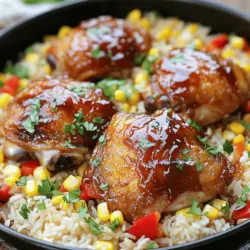 - 4 bone-in, skin-on chicken thighs - 1 cup jasmine rice - 2 cups chicken broth - 1/2 cup honey BBQ sauce - 1 small onion, diced - 3 cloves garlic, minced - 1 red bell pepper, chopped - 1 cup frozen corn - 1 teaspoon smoked paprika - 1 teaspoon garlic powder - Salt and pepper to taste - 2 tablespoons olive oil - Fresh parsley or green onions for garnish The chicken thighs are key for flavor and moisture. Bone-in, skin-on pieces stay juicy while cooking. Jasmine rice cooks well in this dish and adds a nice aroma. Use chicken broth for depth. It gives the rice extra flavor. Honey BBQ sauce adds sweetness and tang. Adjust the amount to your taste. Fresh veggies, like onion and bell pepper, enhance the dish's overall texture and taste. You can swap chicken thighs for chicken breasts if you prefer leaner meat. Brown rice works well too, but it needs more cooking time. For a vegetarian option, use firm tofu instead of chicken. You can also add black beans for protein. If you want more spice, try adding diced jalapeños or a dash of cayenne pepper. For a twist, mix in some pineapple chunks for sweetness. For the full recipe, check out the One-Pan Honey BBQ Chicken Rice. 1. Prepare the Chicken: Start by seasoning the chicken thighs. Use smoked paprika, garlic powder, salt, and pepper. Make sure to coat both sides well. 2. Sauté Aromatics: Heat olive oil in a large skillet over medium heat. Add the diced onion and cook for 3-4 minutes. The onion should turn translucent. Then, mix in minced garlic and chopped bell pepper. Cook for an extra 2 minutes until it smells great. 3. Brown the Chicken: Move the veggies to the side of the skillet. Place the chicken thighs skin-side down in the skillet. Sear them for 5-7 minutes until the skin is golden. Flip the chicken and cook for another 5 minutes. 4. Add Rice and Sauce: Pour in jasmine rice, chicken broth, and honey BBQ sauce. Stir everything well to combine all the flavors. 5. Incorporate Corn: Toss in the frozen corn and gently mix it into the rice and chicken. 6. Simmer: Bring the mix to a gentle boil. Then, lower the heat to a soft simmer. Cover the skillet and let it cook for 25-30 minutes. The rice should be fluffy, and the chicken needs to reach 165°F or 75°C. 7. Let it Rest: Once cooked, remove the skillet from heat. Let it sit, covered, for 5 minutes. This helps the flavors blend nicely. 8. Serve: Fluff the rice with a fork. Garnish with freshly chopped parsley or green onions. - Seasoning: Season well for maximum flavor. Don't skip the salt and pepper. - Sautéing: Keep the heat at medium. This helps the onion and garlic cook evenly. - Browning: Ensure the chicken has enough space in the skillet to brown properly. Avoid overcrowding. - Simmering: Always cover the skillet. This keeps the moisture in, making the rice fluffy. - Resting: Letting it rest after cooking is crucial. It helps the dish settle and taste better. - Prep Time: 10 minutes - Cook Time: 40 minutes (including browning and simmering) - Internal Temperature: Chicken must reach 165°F or 75°C for safe eating. For the full recipe, check out the One-Pan Honey BBQ Chicken Rice . To make your One-Pan Honey BBQ Chicken Rice shine, focus on timing. Start by browning the chicken well. This step adds flavor. The crispy skin will taste amazing. Use a large skillet to avoid crowding. This helps cook everything evenly. Stir often to prevent sticking. Check the rice for doneness. Fluff it gently with a fork when ready. A few mistakes can ruin this dish. First, don’t skip seasoning the chicken. It needs flavor. Second, avoid using too much liquid. The rice should absorb it, not swim in it. Lastly, don’t rush the resting time. Letting it sit helps flavors blend. These small steps lead to a great meal. For this recipe, you need some key tools. A large skillet works best for cooking. You’ll also need a wooden spoon for stirring. A sharp knife helps you chop the veggies easily. Measuring cups ensure you get the rice and broth right. Lastly, have a meat thermometer handy. This tool checks that your chicken is safe to eat. {{image_2}} You can easily change this dish with different ingredients. For the chicken, use boneless thighs or breasts if you prefer. If you want a lighter version, swap the jasmine rice for quinoa or brown rice. You can also add vegetables like zucchini or spinach for more nutrition. Try mixing in black beans or chickpeas to boost protein and fiber. To make this dish gluten-free, check the BBQ sauce label. Some sauces contain gluten, so look for a certified gluten-free brand. For a low-carb option, use cauliflower rice instead of jasmine rice. This keeps the dish light while still being delicious. Want to elevate the flavor? Add a splash of lime juice for brightness. If you enjoy spice, toss in some chili flakes or diced jalapeños. Fresh herbs like cilantro or basil can also add a burst of freshness. Consider trying different BBQ sauce flavors, such as apple or chipotle, to mix things up. For the full experience, check out the [Full Recipe]. After you enjoy your One-Pan Honey BBQ Chicken Rice, cool it down first. Use an airtight container. Store it in the fridge for up to 3 days. If you want to keep it longer, freezing is a good option. To reheat, take the chicken rice out of the fridge. Place it in a skillet with a splash of water or broth. Heat on low until warm. You can also use a microwave. Cover the bowl and heat in short bursts. Stir between each burst to ensure even heating. If you freeze your leftovers, use a freezer-safe container. Make sure to label it with the date. It will stay good for up to 3 months. Thaw overnight in the fridge before reheating. This way, the flavors will remain tasty and fresh. For the full recipe, refer to the One-Pan Honey BBQ Chicken Rice . I recommend using jasmine rice for this dish. It has a soft texture and a nice aroma. Jasmine rice pairs well with the honey BBQ sauce. You can also try basmati rice if you want a different flavor. Just ensure to adjust the cooking time based on the type of rice you use. Yes, you can use boneless chicken thighs or breasts in this recipe. Boneless chicken cooks faster than bone-in chicken. If you use boneless cuts, reduce the cooking time slightly. Make sure the internal temperature reaches 165°F or 75°C for safety. To add heat, you can include red pepper flakes or cayenne pepper. Stir in some hot sauce with the BBQ sauce to spice things up. You can also add diced jalapeños for a fresh kick. Adjust the amount based on your spice preference. This dish goes well with a simple green salad or roasted vegetables. You can also serve it with coleslaw for a crunchy side. If you want something heartier, cornbread or garlic bread makes a nice addition. Feel free to get creative with your sides! For the complete cooking process, check out the Full Recipe. This blog post detailed how to create a tasty one-pan dish. We covered the right ingredients, cooking steps, and tips for success. You learned about substitutions for dietary needs and storage tips for leftovers. Remember, avoiding common mistakes will boost your cooking. Keep experimenting with flavors to make it your own. I hope you now feel ready to try your hand at this simple, delicious recipe. Enjoy every bite of your creation!