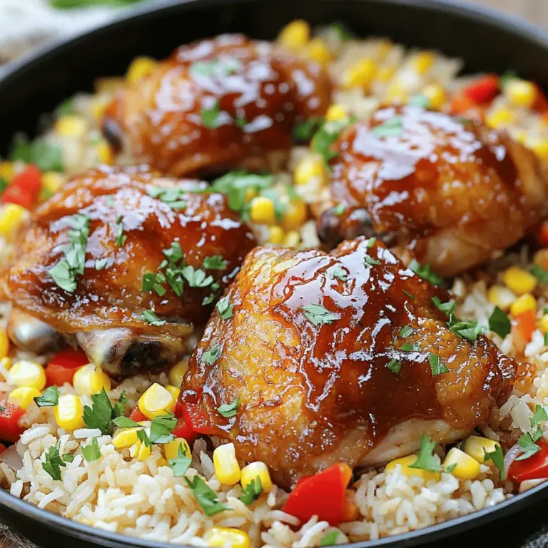 - 4 bone-in, skin-on chicken thighs - 1 cup jasmine rice - 2 cups chicken broth - 1/2 cup honey BBQ sauce - 1 small onion, diced - 3 cloves garlic, minced - 1 red bell pepper, chopped - 1 cup frozen corn - 1 teaspoon smoked paprika - 1 teaspoon garlic powder - Salt and pepper to taste - 2 tablespoons olive oil - Fresh parsley or green onions for garnish The chicken thighs are key for flavor and moisture. Bone-in, skin-on pieces stay juicy while cooking. Jasmine rice cooks well in this dish and adds a nice aroma. Use chicken broth for depth. It gives the rice extra flavor. Honey BBQ sauce adds sweetness and tang. Adjust the amount to your taste. Fresh veggies, like onion and bell pepper, enhance the dish's overall texture and taste. You can swap chicken thighs for chicken breasts if you prefer leaner meat. Brown rice works well too, but it needs more cooking time. For a vegetarian option, use firm tofu instead of chicken. You can also add black beans for protein. If you want more spice, try adding diced jalapeños or a dash of cayenne pepper. For a twist, mix in some pineapple chunks for sweetness. For the full recipe, check out the One-Pan Honey BBQ Chicken Rice. 1. Prepare the Chicken: Start by seasoning the chicken thighs. Use smoked paprika, garlic powder, salt, and pepper. Make sure to coat both sides well. 2. Sauté Aromatics: Heat olive oil in a large skillet over medium heat. Add the diced onion and cook for 3-4 minutes. The onion should turn translucent. Then, mix in minced garlic and chopped bell pepper. Cook for an extra 2 minutes until it smells great. 3. Brown the Chicken: Move the veggies to the side of the skillet. Place the chicken thighs skin-side down in the skillet. Sear them for 5-7 minutes until the skin is golden. Flip the chicken and cook for another 5 minutes. 4. Add Rice and Sauce: Pour in jasmine rice, chicken broth, and honey BBQ sauce. Stir everything well to combine all the flavors. 5. Incorporate Corn: Toss in the frozen corn and gently mix it into the rice and chicken. 6. Simmer: Bring the mix to a gentle boil. Then, lower the heat to a soft simmer. Cover the skillet and let it cook for 25-30 minutes. The rice should be fluffy, and the chicken needs to reach 165°F or 75°C. 7. Let it Rest: Once cooked, remove the skillet from heat. Let it sit, covered, for 5 minutes. This helps the flavors blend nicely. 8. Serve: Fluff the rice with a fork. Garnish with freshly chopped parsley or green onions. - Seasoning: Season well for maximum flavor. Don't skip the salt and pepper. - Sautéing: Keep the heat at medium. This helps the onion and garlic cook evenly. - Browning: Ensure the chicken has enough space in the skillet to brown properly. Avoid overcrowding. - Simmering: Always cover the skillet. This keeps the moisture in, making the rice fluffy. - Resting: Letting it rest after cooking is crucial. It helps the dish settle and taste better. - Prep Time: 10 minutes - Cook Time: 40 minutes (including browning and simmering) - Internal Temperature: Chicken must reach 165°F or 75°C for safe eating. For the full recipe, check out the One-Pan Honey BBQ Chicken Rice . To make your One-Pan Honey BBQ Chicken Rice shine, focus on timing. Start by browning the chicken well. This step adds flavor. The crispy skin will taste amazing. Use a large skillet to avoid crowding. This helps cook everything evenly. Stir often to prevent sticking. Check the rice for doneness. Fluff it gently with a fork when ready. A few mistakes can ruin this dish. First, don’t skip seasoning the chicken. It needs flavor. Second, avoid using too much liquid. The rice should absorb it, not swim in it. Lastly, don’t rush the resting time. Letting it sit helps flavors blend. These small steps lead to a great meal. For this recipe, you need some key tools. A large skillet works best for cooking. You’ll also need a wooden spoon for stirring. A sharp knife helps you chop the veggies easily. Measuring cups ensure you get the rice and broth right. Lastly, have a meat thermometer handy. This tool checks that your chicken is safe to eat. {{image_2}} You can easily change this dish with different ingredients. For the chicken, use boneless thighs or breasts if you prefer. If you want a lighter version, swap the jasmine rice for quinoa or brown rice. You can also add vegetables like zucchini or spinach for more nutrition. Try mixing in black beans or chickpeas to boost protein and fiber. To make this dish gluten-free, check the BBQ sauce label. Some sauces contain gluten, so look for a certified gluten-free brand. For a low-carb option, use cauliflower rice instead of jasmine rice. This keeps the dish light while still being delicious. Want to elevate the flavor? Add a splash of lime juice for brightness. If you enjoy spice, toss in some chili flakes or diced jalapeños. Fresh herbs like cilantro or basil can also add a burst of freshness. Consider trying different BBQ sauce flavors, such as apple or chipotle, to mix things up. For the full experience, check out the [Full Recipe]. After you enjoy your One-Pan Honey BBQ Chicken Rice, cool it down first. Use an airtight container. Store it in the fridge for up to 3 days. If you want to keep it longer, freezing is a good option. To reheat, take the chicken rice out of the fridge. Place it in a skillet with a splash of water or broth. Heat on low until warm. You can also use a microwave. Cover the bowl and heat in short bursts. Stir between each burst to ensure even heating. If you freeze your leftovers, use a freezer-safe container. Make sure to label it with the date. It will stay good for up to 3 months. Thaw overnight in the fridge before reheating. This way, the flavors will remain tasty and fresh. For the full recipe, refer to the One-Pan Honey BBQ Chicken Rice . I recommend using jasmine rice for this dish. It has a soft texture and a nice aroma. Jasmine rice pairs well with the honey BBQ sauce. You can also try basmati rice if you want a different flavor. Just ensure to adjust the cooking time based on the type of rice you use. Yes, you can use boneless chicken thighs or breasts in this recipe. Boneless chicken cooks faster than bone-in chicken. If you use boneless cuts, reduce the cooking time slightly. Make sure the internal temperature reaches 165°F or 75°C for safety. To add heat, you can include red pepper flakes or cayenne pepper. Stir in some hot sauce with the BBQ sauce to spice things up. You can also add diced jalapeños for a fresh kick. Adjust the amount based on your spice preference. This dish goes well with a simple green salad or roasted vegetables. You can also serve it with coleslaw for a crunchy side. If you want something heartier, cornbread or garlic bread makes a nice addition. Feel free to get creative with your sides! For the complete cooking process, check out the Full Recipe. This blog post detailed how to create a tasty one-pan dish. We covered the right ingredients, cooking steps, and tips for success. You learned about substitutions for dietary needs and storage tips for leftovers. Remember, avoiding common mistakes will boost your cooking. Keep experimenting with flavors to make it your own. I hope you now feel ready to try your hand at this simple, delicious recipe. Enjoy every bite of your creation!