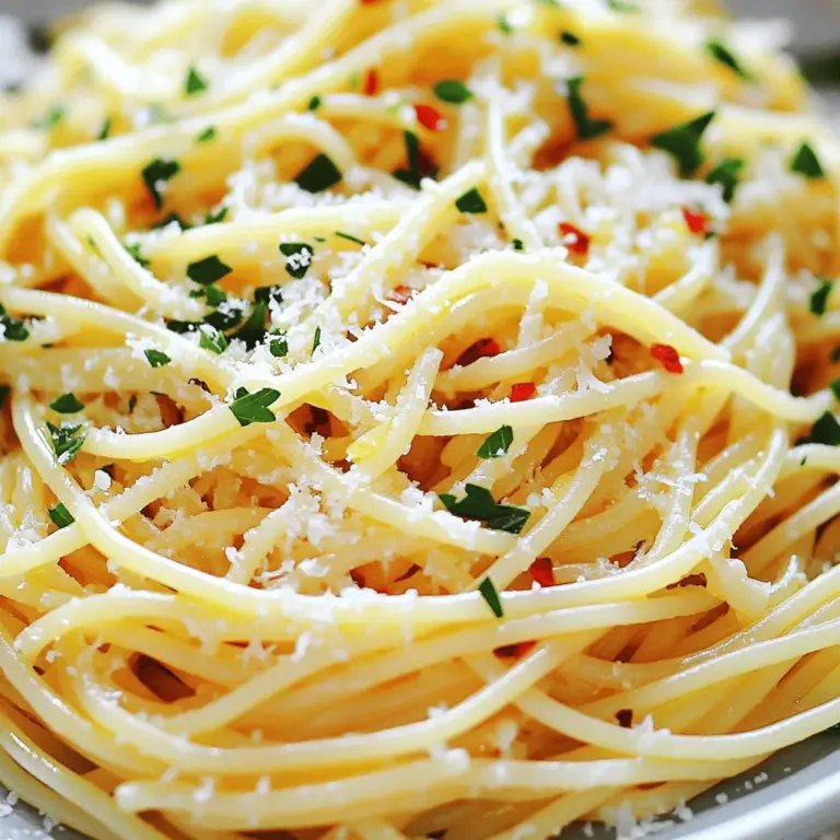 To make a great Spaghetti Aglio e Olio, you need a few simple ingredients. Here’s what you’ll need: - Spaghetti - Garlic - Olive Oil - Red Pepper Flakes - Fresh Parsley - Lemon Zest - Salt - Parmesan Cheese (optional) Using fresh garlic and high-quality olive oil makes a big difference. The red pepper flakes give it a nice kick, while parsley adds color and freshness. Lemon zest brightens the dish and brings all the flavors together. If you like, sprinkle some Parmesan cheese on top for extra richness. This recipe is quick, easy, and full of flavor, perfect for any night of the week. For the full recipe, check out Spaghetti Aglio e Olio with a Kick! . First, you need to boil water. Fill a large pot with water and add salt. The salt helps flavor the pasta. Turn on the heat and bring the water to a boil. Once the water is boiling, carefully add the spaghetti. Stir it gently to prevent sticking. Cook the spaghetti for about 8 to 10 minutes. You want it to be al dente. This means it should be soft but still firm when you bite it. When the spaghetti is done, save 1 cup of the water. Then, drain the spaghetti in a colander. Now, let’s make the garlic oil. Take a large skillet and heat the olive oil over medium heat. Add the thinly sliced garlic to the oil. Sauté the garlic for 2 to 3 minutes. You want it to turn golden and fragrant. Be careful not to burn the garlic. Burnt garlic tastes bitter and ruins the dish. Once the garlic is golden, add the red pepper flakes. Stir for another 30 seconds to blend the flavors. Next, add the drained spaghetti to the skillet. Toss the pasta to coat it with the garlic oil. If the pasta looks dry, add some reserved pasta water. This helps create a nice, silky sauce. Mix in the chopped parsley and lemon zest. Taste the pasta and add salt if needed. Now, plate the spaghetti. You can garnish it with more parsley and grated Parmesan if you like. A drizzle of olive oil on top adds extra flavor. Enjoy your delicious Spaghetti Aglio e Olio! For the full recipe, check the link above. - Best practices for garlic preparation: Use fresh garlic for the best taste. Thinly slice the cloves. This helps release their flavor better. Avoid crushing the garlic. Slicing gives you a milder taste. Keep an eye on it while cooking. Burnt garlic can ruin your dish. - Customizing spice levels with red pepper flakes: Start with one teaspoon of red pepper flakes. This gives a nice kick without overwhelming the dish. If you like it spicier, add more flakes. Just remember, it's easier to add than to take away. Taste as you go. Adjust to find your perfect heat level. - Garnishing ideas: Fresh parsley adds color and freshness. Sprinkle it on top before serving. You can also add lemon zest for a bright touch. If you like cheese, freshly grated Parmesan will impress your guests. - Plate arrangement for visual appeal: Twirl the spaghetti on a fork before placing it on the plate. This creates a neat, inviting look. Drizzle a bit of olive oil on top for shine. A simple dish can look fancy with a little effort. {{image_2}} You can make Spaghetti Aglio e Olio even better by adding protein. Shrimp or chicken work great. Just cook them in the garlic oil before adding the pasta. This adds tasty flavor and makes the meal more filling. If you want a vegetarian twist, try adding roasted vegetables. Bell peppers or zucchini blend well. You can also toss in some chickpeas for a hearty touch. Pairing can elevate your meal. A simple green salad is a perfect side. A tangy lemon vinaigrette complements the dish. If you want more, garlic bread adds a nice crunch. For drinks, a crisp white wine works well. Try a Pinot Grigio or Sauvignon Blanc. They balance the garlic and spice nicely. Enjoy your meals with these ideas for a great dining experience. After enjoying your Spaghetti Aglio e Olio, store any leftovers properly. First, let the pasta cool down to room temperature. This helps prevent moisture build-up in the container. Use an airtight container to keep the pasta fresh. Store it in the fridge for up to three days. To reheat your spaghetti, avoid the microwave if you can. Instead, use a skillet on low heat. Add a splash of water or olive oil to keep it moist. Stir gently until warmed through. This method helps to maintain the pasta's texture and flavor. If you must use the microwave, cover the dish with a damp paper towel. This adds steam and helps prevent drying out. Enjoy your meal just like the first time! To boost flavor in Spaghetti Aglio e Olio, use good quality olive oil. You can add more garlic or use roasted garlic for depth. Fresh herbs like basil or oregano also enhance the taste. Adding lemon juice or zest gives a bright twist. For a spicy kick, increase red pepper flakes to your liking. Yes, you can make Spaghetti Aglio e Olio ahead. Cook the spaghetti and garlic oil, then mix just before serving. Keep the pasta and oil separate in the fridge. This way, they stay fresh. When ready to eat, reheat the oil and toss with the pasta. Spaghetti Aglio e Olio comes from Naples, Italy. It dates back to the early 20th century. The dish is simple, made with garlic, oil, and spaghetti. It represents Italian kitchen wisdom, using few ingredients for great taste. Its popularity spread due to its quick prep and delicious flavor. To store leftovers, let the spaghetti cool first. Place it in an airtight container. It lasts up to three days in the fridge. For longer storage, freeze it in portions. When reheating, add a splash of water or oil to keep it moist. Enjoy your meal again with ease! This blog shared how to make a tasty dish: Spaghetti Aglio e Olio. You learned about key ingredients like garlic, olive oil, and red pepper flakes. I also showed you how to cook the pasta and create the garlic oil properly. We discussed tips for enhancing flavor, serving, and even variations you might enjoy. Now that you have these skills, you can impress anyone with your cooking. Enjoy making this dish and share it with friends and family!