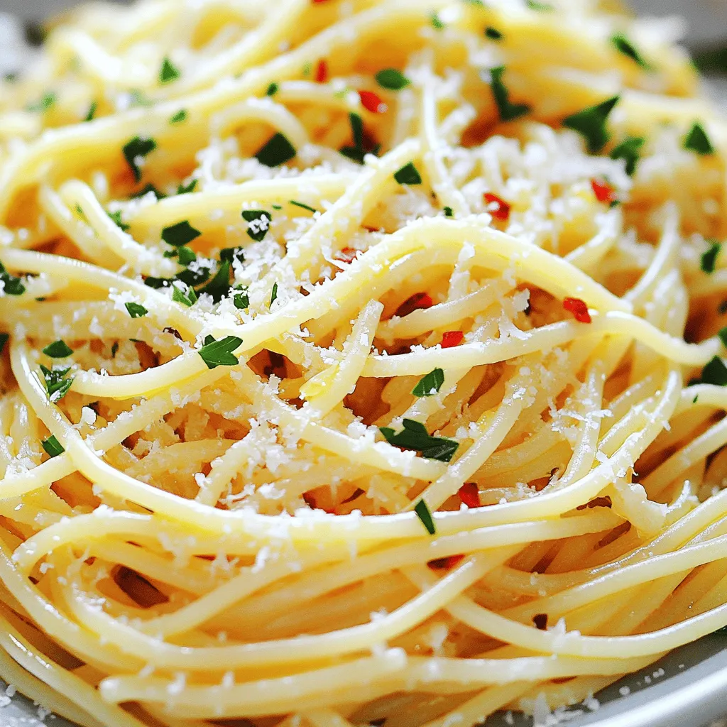 To make a great Spaghetti Aglio e Olio, you need a few simple ingredients. Here’s what you’ll need: - Spaghetti - Garlic - Olive Oil - Red Pepper Flakes - Fresh Parsley - Lemon Zest - Salt - Parmesan Cheese (optional) Using fresh garlic and high-quality olive oil makes a big difference. The red pepper flakes give it a nice kick, while parsley adds color and freshness. Lemon zest brightens the dish and brings all the flavors together. If you like, sprinkle some Parmesan cheese on top for extra richness. This recipe is quick, easy, and full of flavor, perfect for any night of the week. For the full recipe, check out Spaghetti Aglio e Olio with a Kick! . First, you need to boil water. Fill a large pot with water and add salt. The salt helps flavor the pasta. Turn on the heat and bring the water to a boil. Once the water is boiling, carefully add the spaghetti. Stir it gently to prevent sticking. Cook the spaghetti for about 8 to 10 minutes. You want it to be al dente. This means it should be soft but still firm when you bite it. When the spaghetti is done, save 1 cup of the water. Then, drain the spaghetti in a colander. Now, let’s make the garlic oil. Take a large skillet and heat the olive oil over medium heat. Add the thinly sliced garlic to the oil. Sauté the garlic for 2 to 3 minutes. You want it to turn golden and fragrant. Be careful not to burn the garlic. Burnt garlic tastes bitter and ruins the dish. Once the garlic is golden, add the red pepper flakes. Stir for another 30 seconds to blend the flavors. Next, add the drained spaghetti to the skillet. Toss the pasta to coat it with the garlic oil. If the pasta looks dry, add some reserved pasta water. This helps create a nice, silky sauce. Mix in the chopped parsley and lemon zest. Taste the pasta and add salt if needed. Now, plate the spaghetti. You can garnish it with more parsley and grated Parmesan if you like. A drizzle of olive oil on top adds extra flavor. Enjoy your delicious Spaghetti Aglio e Olio! For the full recipe, check the link above. - Best practices for garlic preparation: Use fresh garlic for the best taste. Thinly slice the cloves. This helps release their flavor better. Avoid crushing the garlic. Slicing gives you a milder taste. Keep an eye on it while cooking. Burnt garlic can ruin your dish. - Customizing spice levels with red pepper flakes: Start with one teaspoon of red pepper flakes. This gives a nice kick without overwhelming the dish. If you like it spicier, add more flakes. Just remember, it's easier to add than to take away. Taste as you go. Adjust to find your perfect heat level. - Garnishing ideas: Fresh parsley adds color and freshness. Sprinkle it on top before serving. You can also add lemon zest for a bright touch. If you like cheese, freshly grated Parmesan will impress your guests. - Plate arrangement for visual appeal: Twirl the spaghetti on a fork before placing it on the plate. This creates a neat, inviting look. Drizzle a bit of olive oil on top for shine. A simple dish can look fancy with a little effort. {{image_2}} You can make Spaghetti Aglio e Olio even better by adding protein. Shrimp or chicken work great. Just cook them in the garlic oil before adding the pasta. This adds tasty flavor and makes the meal more filling. If you want a vegetarian twist, try adding roasted vegetables. Bell peppers or zucchini blend well. You can also toss in some chickpeas for a hearty touch. Pairing can elevate your meal. A simple green salad is a perfect side. A tangy lemon vinaigrette complements the dish. If you want more, garlic bread adds a nice crunch. For drinks, a crisp white wine works well. Try a Pinot Grigio or Sauvignon Blanc. They balance the garlic and spice nicely. Enjoy your meals with these ideas for a great dining experience. After enjoying your Spaghetti Aglio e Olio, store any leftovers properly. First, let the pasta cool down to room temperature. This helps prevent moisture build-up in the container. Use an airtight container to keep the pasta fresh. Store it in the fridge for up to three days. To reheat your spaghetti, avoid the microwave if you can. Instead, use a skillet on low heat. Add a splash of water or olive oil to keep it moist. Stir gently until warmed through. This method helps to maintain the pasta's texture and flavor. If you must use the microwave, cover the dish with a damp paper towel. This adds steam and helps prevent drying out. Enjoy your meal just like the first time! To boost flavor in Spaghetti Aglio e Olio, use good quality olive oil. You can add more garlic or use roasted garlic for depth. Fresh herbs like basil or oregano also enhance the taste. Adding lemon juice or zest gives a bright twist. For a spicy kick, increase red pepper flakes to your liking. Yes, you can make Spaghetti Aglio e Olio ahead. Cook the spaghetti and garlic oil, then mix just before serving. Keep the pasta and oil separate in the fridge. This way, they stay fresh. When ready to eat, reheat the oil and toss with the pasta. Spaghetti Aglio e Olio comes from Naples, Italy. It dates back to the early 20th century. The dish is simple, made with garlic, oil, and spaghetti. It represents Italian kitchen wisdom, using few ingredients for great taste. Its popularity spread due to its quick prep and delicious flavor. To store leftovers, let the spaghetti cool first. Place it in an airtight container. It lasts up to three days in the fridge. For longer storage, freeze it in portions. When reheating, add a splash of water or oil to keep it moist. Enjoy your meal again with ease! This blog shared how to make a tasty dish: Spaghetti Aglio e Olio. You learned about key ingredients like garlic, olive oil, and red pepper flakes. I also showed you how to cook the pasta and create the garlic oil properly. We discussed tips for enhancing flavor, serving, and even variations you might enjoy. Now that you have these skills, you can impress anyone with your cooking. Enjoy making this dish and share it with friends and family!