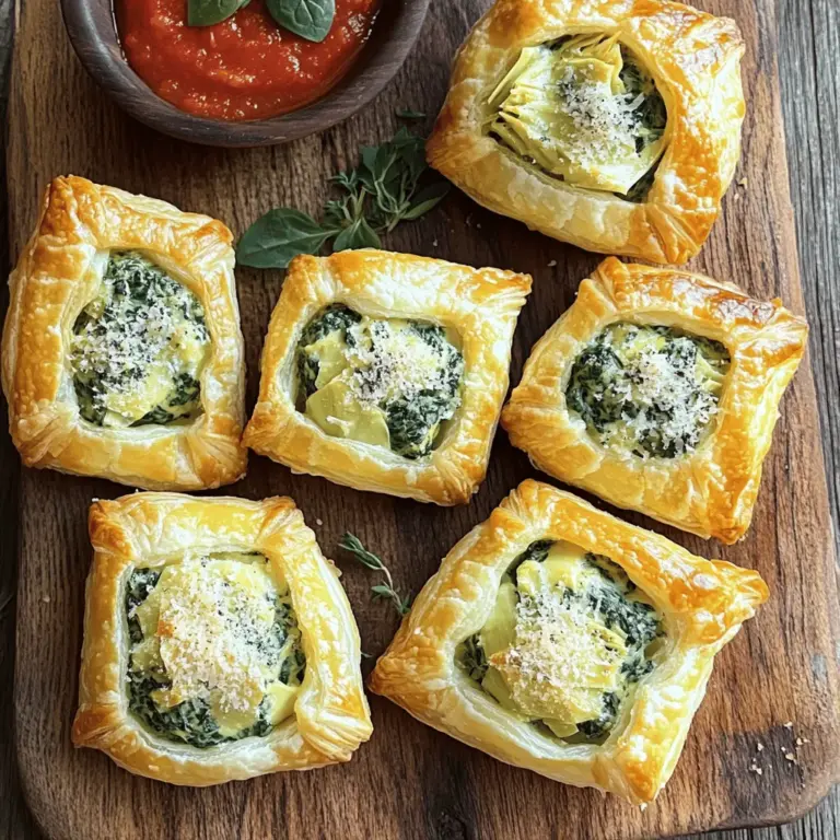 - 1 cup fresh spinach, chopped - 1/2 cup canned artichoke hearts, drained and chopped - 1/2 cup cream cheese, softened - 1/2 cup sour cream - 1/2 cup grated Parmesan cheese - 1/2 cup shredded mozzarella cheese - 1/4 teaspoon garlic powder - 1/4 teaspoon red pepper flakes (optional for heat) - Salt and pepper to taste - 1 package of puff pastry (2 sheets) - Egg wash (1 egg beaten with 1 tablespoon water) Fresh spinach and artichokes form the base of this dish. I love using fresh spinach for its bright color and flavor. Canned artichokes save time and still taste great once mixed in. Dairy makes the dip creamy and rich. Cream cheese and sour cream blend together nicely. The Parmesan adds a salty kick, while mozzarella gives it a stretchy texture. These cheeses work together to create a delicious filling. Seasonings bring it all to life. Garlic powder adds a nice touch, and red pepper flakes give a hint of spice. Adjust the salt and pepper to your taste. Puff pastry is key for these bites. It puffs up beautifully in the oven, creating a crispy shell. The egg wash helps achieve that golden color we all love. This recipe is simple to follow. For the full recipe, check out the other sections. Enjoy making these tasty bites! - Preheat the oven to 400°F (200°C). - Line a baking sheet with parchment paper. - In a bowl, combine: - 1 cup fresh spinach, chopped - 1/2 cup canned artichoke hearts, drained and chopped - 1/2 cup cream cheese, softened - 1/2 cup sour cream - 1/2 cup grated Parmesan cheese - 1/2 cup shredded mozzarella cheese - 1/4 teaspoon garlic powder - 1/4 teaspoon red pepper flakes (optional) - Salt and pepper to taste - Mix until creamy and well combined. - Roll out the puff pastry on a floured surface. - Cut the pastry into 2-inch squares. - Place a teaspoon of filling in the center of each square. - Fold the corners toward the center and pinch to seal. - Brush with egg wash for a nice color. - Arrange the bites on the baking sheet. - Bake for 15-20 minutes until they are golden brown and puffed up. You can find the full recipe above for more details! To make the filling creamy, blend all ingredients well. Use a fork to mash the cream cheese. This helps it mix nicely with the other ingredients. Stir until it looks smooth, with no lumps. To seal the pastry and prevent leaks, pinch the corners tightly. Ensure the filling does not touch the edges. This keeps the filling inside while baking. You can also use a fork to press down on the edges. This adds a nice design and helps seal it better. For garnishing, sprinkle some extra Parmesan on top. This adds a nice touch and flavor. Fresh herbs like parsley or basil can brighten the bites. Serve them warm on a platter for the best look. Pair these bites with marinara sauce for dipping. The tangy sauce complements the creamy filling. You can also serve them with ranch or a spicy dip for added flavor. Fresh artichokes bring a bright taste. However, canned artichokes save time and work well too. Drain them well before using to avoid excess moisture. For cheese, use a mix of Parmesan and mozzarella. This gives a nice flavor and gooey texture. You can also try adding cheddar for a sharp kick. Mixing different cheeses adds depth to the taste. For the full recipe, check out the Spinach Artichoke Dip Bites section. {{image_2}} You can make these bites even heartier by adding protein. Cooked chicken or crispy bacon work great. Simply shred or chop the cooked chicken and stir it into the filling. For bacon, cook until crispy, then crumble it into the mix. This adds flavor and makes it more filling. You can adjust the amount based on your taste. A little extra protein can turn these bites into a meal. If you want to make these bites vegan, it's easy to switch out dairy. Use vegan cream cheese and sour cream instead. Nutritional yeast can replace Parmesan cheese, adding a cheesy flavor. For mozzarella, try a vegan cheese blend. These swaps keep the essence of the dish while meeting vegan needs. You won't lose the creamy texture, and your guests will love them. To jazz up the filling, try adding herbs or spices. Fresh herbs like basil or dill give a bright taste. You can also use dried herbs like oregano or thyme for depth. If you want heat, consider adding cayenne pepper or smoked paprika. A squeeze of lemon juice can brighten the flavor, too. Experiment with these additions to find what you love best in your bites. Feel free to check the Full Recipe for more details on making these delicious bites! To keep your Spinach Artichoke Dip Bites fresh, store them in an airtight container. You can refrigerate them for up to three days. If you want to keep them longer, freeze the bites. Place them in a freezer-safe bag or container. Just make sure to remove as much air as possible. When you are ready to enjoy the leftovers, avoid the microwave. Instead, preheat your oven to 350°F (175°C). Place the bites on a baking sheet. Heat them for about 10 to 15 minutes. This helps restore the flaky texture of the pastry. In the fridge, Spinach Artichoke Dip Bites last for about three days. If you freeze them, they can stay good for up to three months. Just label the container with the date to keep track. Enjoy your delicious bites at any time! To make Spinach Artichoke Dip Bites from scratch, follow the full recipe. Start by preheating your oven to 400°F. Line a baking sheet with parchment paper. In a bowl, mix 1 cup of chopped spinach, 1/2 cup of chopped artichoke hearts, 1/2 cup of softened cream cheese, 1/2 cup of sour cream, and 1/2 cup of grated Parmesan cheese. Add in 1/2 cup of shredded mozzarella, 1/4 teaspoon of garlic powder, and salt and pepper to taste. You can add red pepper flakes for some heat if you like. Roll out puff pastry and cut it into 2-inch squares. Place a teaspoon of the mixture in each square. Fold and pinch to seal. Brush with an egg wash. Bake for 15 to 20 minutes until golden brown. Enjoy these tasty bites warm! Yes, you can prepare the bites in advance. Make the filling and assemble the bites the day before. After sealing them, place them on a baking sheet. Cover and refrigerate. When ready to enjoy, just bake them straight from the fridge. This saves time and helps with serving. If you want to freeze them, do so before baking. Place them in a single layer in a freezer bag. They will last up to three months. Bake from frozen, adding a few extra minutes to the cooking time. If you don’t have puff pastry, you can use other doughs. Crescent roll dough works great and is easy to find. You can also use biscuit dough for a thicker bite. Both options will give a different texture but still taste yummy. Just follow the same steps for filling and sealing the bites. For a gluten-free version, try using gluten-free dough. These Spinach Artichoke Dip Bites are easy to make and delicious. We discussed fresh ingredients, from spinach to cheeses and spices. I shared step-by-step instructions for a perfectly baked treat. You can add protein or make vegan versions to fit your taste. Storing leftovers is simple, and reheating is easy too. Enjoy these bites at your next gathering or as a tasty snack. With a bit of creativity, you can make them your own while impressing friends and family.