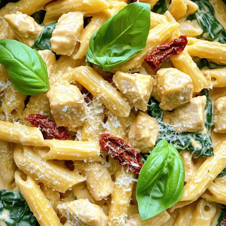 - 2 cups penne pasta - 1 lb boneless, skinless chicken breasts, cubed - 2 tablespoons olive oil - 3 cloves garlic, minced - 1 small onion, diced - 1 cup heavy cream - 1 cup chicken broth - 1 cup spinach, chopped - 1 cup sun-dried tomatoes, chopped - 1 cup grated Parmesan cheese - Salt and pepper to taste - 1 teaspoon Italian seasoning - Fresh basil leaves for garnish To make a great Creamy Chicken Penne, gather all your ingredients. Fresh ingredients make a big difference. You need penne pasta, which gives a nice bite. The chicken adds protein and flavor, while garlic and onion boost the taste. Heavy cream makes the dish rich and smooth. Chicken broth adds depth to the sauce. Spinach and sun-dried tomatoes give color and nutrition. Finally, Parmesan cheese adds that savory touch. Don't forget salt, pepper, and Italian seasoning to round out the flavors. Check the Full Recipe for a detailed guide. Having all these ingredients ready makes cooking easy and fun! First, you need to cook the penne pasta. Fill a large pot with water and add a pinch of salt. Bring the water to a boil. Once it’s boiling, add 2 cups of penne pasta. Cook it according to the package instructions. I like mine al dente, which means it should be firm but not hard. This usually takes about 10-12 minutes. After cooking, drain the pasta and set it aside. Next, focus on the chicken and vegetables. In a large skillet, heat 2 tablespoons of olive oil over medium heat. Add 1 pound of cubed, boneless, skinless chicken breasts to the skillet. Season it with salt, pepper, and 1 teaspoon of Italian seasoning. Cook the chicken until it turns golden brown, which should take about 6-8 minutes. Once the chicken is done, add 1 small diced onion and 3 cloves of minced garlic. Sauté these together until the onion is soft and see-through, about 3-4 minutes. Now it's time to make the creamy sauce. Pour in 1 cup of chicken broth and bring it to a gentle simmer. Stir in 1 cup of heavy cream and let it bubble for about 2-3 minutes. Add 1 cup of chopped spinach and 1 cup of chopped sun-dried tomatoes. Cook until the spinach wilts. Lower the heat and add the cooked penne pasta. Mix well so each piece of pasta gets coated in that rich sauce. Finally, stir in 1 cup of grated Parmesan cheese. This makes the sauce creamy and delicious. Taste it and add more salt or pepper if needed. For the full recipe, don’t forget to check the complete list of steps! To make your sauce rich and smooth, start with quality heavy cream. The cream adds a velvety texture. Stir it in slowly, allowing it to combine well with the chicken broth. This helps create a thick and creamy sauce. Always taste as you go. If it needs more flavor, a pinch of salt or pepper can make a big difference. For juicy chicken, cut it into small cubes. This helps it cook evenly. Use medium heat to avoid burning. Cook the chicken until golden brown, about 6-8 minutes. Let it rest for a few minutes after cooking. This keeps it tender and moist. Don't rush this step; it makes your dish shine. Plan your steps to save time. Start by boiling the penne pasta. While that cooks, chop your garlic, onion, and other ingredients. After draining the pasta, focus on the chicken. Cook it, then add the onion and garlic. This method keeps everything fresh. You will have a hot, ready meal in just 30 minutes. Enjoy your cooking adventure with this creamy chicken penne! For the full recipe, check out the recipe card above. {{image_2}} You can easily boost the nutrition of Creamy Chicken Penne by adding more veggies. Some great options include: - Bell peppers - Mushrooms - Zucchini - Broccoli Chop them up and sauté them with the chicken. This adds color and flavor. More vegetables make the dish healthy and tasty. If you want to change the protein, try these options: - Shrimp - Tofu - Turkey - Sausage Each protein brings a unique taste. Shrimp works well with the creamy sauce. Tofu is a great choice for a vegetarian option. You may want more or less creaminess in your dish. To increase creaminess, add more heavy cream or cheese. If you want it lighter, use less cream or swap for low-fat milk. This way, you can enjoy Creamy Chicken Penne just how you like it. To store your creamy chicken penne, let it cool down first. Then, place it in an airtight container. This keeps the dish fresh for up to three days. You can keep it in the fridge. Make sure to label the container with the date. When you are ready to eat, reheat the creamy chicken penne gently. Use the microwave or a skillet on low heat. If the sauce seems thick, add a splash of chicken broth or cream. Stir well as you heat. This keeps the dish creamy and tasty. You can freeze creamy chicken penne, but it’s best to do this before adding the cheese. Store it in a freezer-safe container. It lasts for about three months. When ready to eat, thaw it overnight in the fridge. Reheat on the stove and add cheese just before serving. This keeps the flavors fresh. For the full recipe, refer to the earlier section. Yes, you can make Creamy Chicken Penne in advance. Cook the pasta and sauce separately. Store each in airtight containers. When ready to serve, heat the sauce on low. Add the cooked pasta and mix well. This keeps the pasta from getting too soft. If you need a substitute for heavy cream, try whole milk mixed with butter. Use three parts milk to one part melted butter. You can also use half-and-half for a lighter option. Another choice is coconut cream for a dairy-free version. Each option gives a slightly different taste. To add spice to your Creamy Chicken Penne, use crushed red pepper flakes. Start with a pinch and add more for heat. You can also mix in diced jalapeños or a splash of hot sauce. For a different flavor, try smoked paprika. Adjust the spice level to fit your taste. For the full recipe, check out the [Full Recipe]. This creamy chicken penne is easy and delicious. We covered the key ingredients, from pasta to chicken. You learned how to cook everything step by step. I shared tips to make the sauce perfect and ideas for variations. Plus, I included storage tips for leftovers. Now, you can enjoy this dish your way. Make it for friends or family. Follow these steps for a tasty meal that everyone will love. Happy cooking!