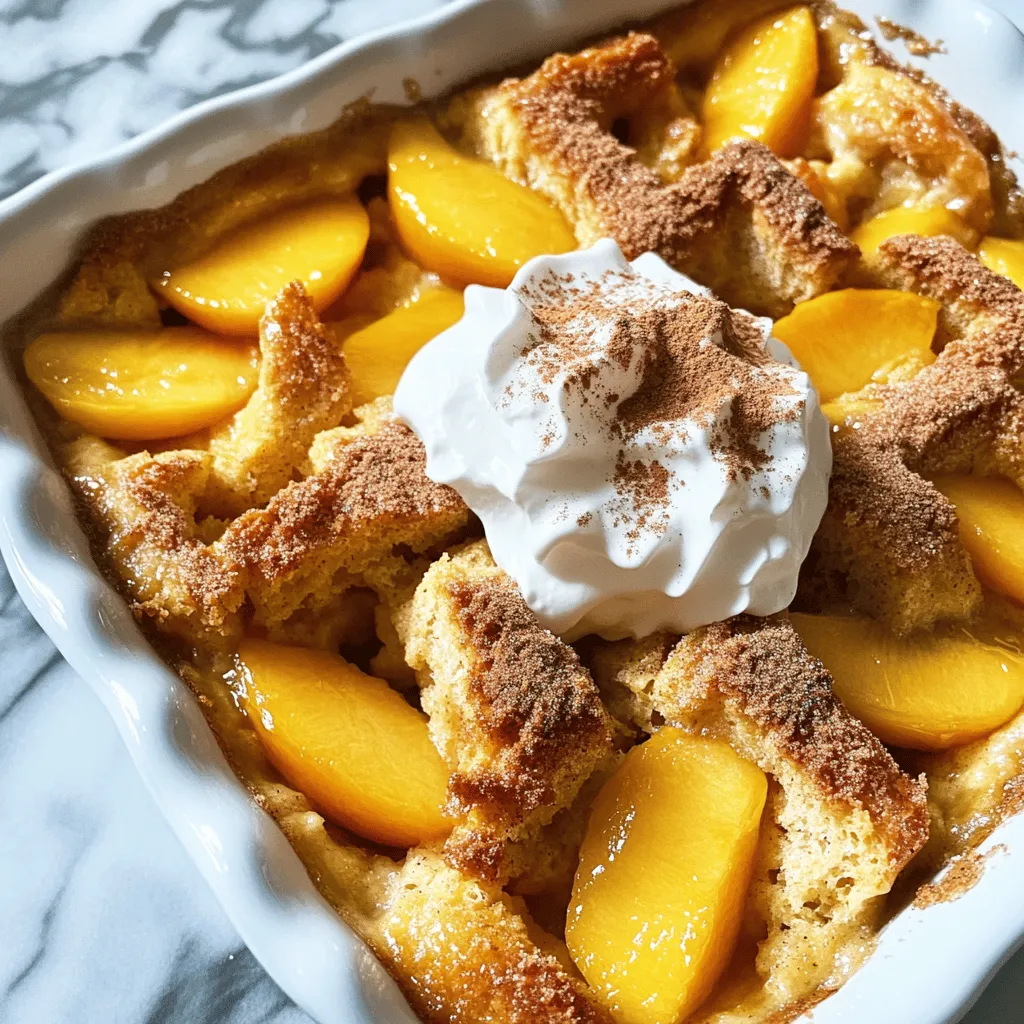 To make this Peach Cobbler Bread Pudding, you will need the following ingredients: - 1 loaf of challah or brioche bread, cubed - 3 cups fresh peaches, peeled and diced (or canned peaches, drained) - 4 large eggs - 2 cups whole milk - 1 cup heavy cream - 1 cup granulated sugar - 1 teaspoon vanilla extract - 1 teaspoon ground cinnamon - ½ teaspoon nutmeg - ½ cup brown sugar - 2 tablespoons butter, melted - Pinch of salt - Optional toppings: Whipped cream or vanilla ice cream Each ingredient plays a key role in making this dessert delicious. The bread adds texture. The peaches bring sweetness and juiciness. Eggs and cream create a rich custard. Sugar balances flavors, while spices add warmth. Using fresh peaches gives the best taste. Canned peaches can work if fresh ones aren't available. You can adjust the amount of sugar based on how sweet your peaches are. This recipe is easy to follow. You can find the full recipe later. Enjoy gathering these ingredients and get ready for a delightful baking experience! - Preheat your oven to 350°F (175°C). - Grease a 9x13 inch baking dish with butter or cooking spray. - In a large bowl, mix cubed bread with diced peaches. Toss them gently so the peaches blend well with the bread. - Whisk together the eggs, milk, heavy cream, sugar, and spices until smooth. The mixture should look creamy and well-combined. - Pour the custard mixture over the bread and peach mix. Let it sit for about 10-15 minutes. This helps the bread soak up the flavors. - Sprinkle brown sugar on top of the mixture. Bake for 45-50 minutes. The top should turn golden brown and a toothpick should come out clean. - Once baked, let it cool for 10 minutes before serving. This makes it easier to cut and serve. For this recipe, challah and brioche are my top picks. Both breads have a rich texture. They soak up the custard well. Challah has a slightly sweet flavor, while brioche is buttermilk-based. You can also use other breads like Texas toast or croissants. Just ensure they are a bit stale. Fresh bread may get too mushy. Using fresh peaches gives the best taste. They are juicy and sweet, perfect for summer. If fresh peaches are out of season, canned peaches work too. Just make sure to drain them well. This keeps the pudding from becoming too watery. You can also mix in some cinnamon or nutmeg for extra flavor. Serve your peach cobbler bread pudding warm for the best taste. Top it with whipped cream or a scoop of vanilla ice cream. This adds a nice touch of creaminess. You can also sprinkle some cinnamon or add peach slices on top. This makes the dish look fancy and inviting. Enjoy this delightful dessert! {{image_2}} You can use many fruits instead of peaches. Try ripe pears for a sweet twist. Apples add a nice crunch and flavor. For a berry boost, mix in strawberries or blueberries. They bring a fresh taste that pairs well with the bread pudding. Each fruit gives the dish its own unique flair. To make this dish gluten-free, use gluten-free bread. Look for bread that feels soft and has a good texture. For dairy-free options, swap whole milk and cream with almond or coconut milk. You can also replace eggs with flaxseed meal for a vegan version. Just mix one tablespoon of flaxseed with three tablespoons of water for each egg. These changes help everyone enjoy this dessert. Enhance the flavor of your pudding with spices. Consider adding a pinch of ginger or cloves for warmth. You can also use almond extract for a nutty touch. For a fun twist, mix in some chocolate chips or nuts. These extras add a delightful surprise to every bite. To keep your peach cobbler bread pudding fresh, store it in the fridge. Use an airtight container to prevent it from drying out. If you place it in a bowl, cover it tightly with plastic wrap. It will stay good for about 3 to 4 days. For best taste, eat it within this time frame. To reheat your bread pudding, the oven is your best friend. Preheat the oven to 350°F (175°C). Place the pudding in a baking dish. Cover it with foil to keep it moist. Heat for about 15 to 20 minutes. You can also use the microwave. Just warm it in short intervals, about 30 seconds at a time. Stir in between to heat it evenly. If you want to freeze your bread pudding, follow these steps: 1. Allow it to cool completely after baking. 2. Cut it into portions for easy serving. 3. Wrap each piece tightly in plastic wrap. 4. Place the wrapped pieces in a freezer-safe bag or container. 5. Label it with the date and freeze. To thaw, move it to the fridge overnight. You can reheat it as mentioned above. Enjoy your peach cobbler bread pudding even after freezing! For the full recipe, check out the earlier section. Yes, you can prepare this dish in advance. To do this, follow these steps: - Make the bread pudding mix and assemble it in the baking dish. - Cover it tightly with plastic wrap or foil. - Store it in the fridge for up to 24 hours. - When ready to bake, remove it from the fridge and let it sit for about 30 minutes. - Bake as instructed in the recipe. This method keeps the flavors rich and allows for easy serving. If you need a substitute for heavy cream, try these options: - Full-fat coconut milk provides a creamy texture. - Whole milk mixed with melted butter works too. - A combination of milk and Greek yogurt can add creaminess. These alternatives may slightly change the flavor but will still create a delicious dessert. To check if your bread pudding is ready: - Look for a golden brown top. - Insert a toothpick in the center; it should come out clean. - The pudding should be set but slightly jiggly in the middle. These signs indicate a perfectly baked bread pudding. Yes, frozen peaches are a great option! - Thaw and drain them before use to avoid excess moisture. - Cut them into smaller pieces for better distribution. - They may not taste as fresh, but they'll still add great flavor. Absolutely! This dessert fits perfectly for gatherings and celebrations. - Serve it warm with whipped cream or vanilla ice cream. - You can also add fresh peach slices or a sprinkle of cinnamon on top. This dish is sure to impress your guests and make any occasion special. This blog post outlined a tasty peach cobbler bread pudding recipe. You learned about the key ingredients, from bread and fresh peaches to rich custard mix. I shared step-by-step instructions to help you bake it perfectly. Tips revealed the best bread choices and serving ideas. Variations showed how to adjust the recipe to fit your needs. Finally, storage info ensured your leftovers stay fresh. Now, it’s time to enjoy your delicious creation. This dessert is not just food; it’s a warm memory waiting to be made.