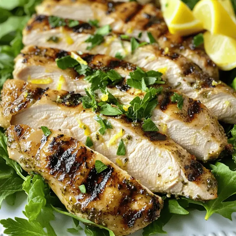 - 4 boneless, skinless chicken breasts - 1/4 cup olive oil - 3 tablespoons fresh lemon juice - Zest of 1 lemon The main part of this dish is the chicken. I recommend boneless, skinless chicken breasts for a lean meal. Olive oil is key in marinating. It helps keep the chicken moist and adds flavor. The fresh lemon juice brightens the dish. The lemon zest adds extra lemony notes that really pop. - 2 teaspoons dried oregano - 1 teaspoon fresh thyme, chopped - 4 cloves garlic, minced - 1 tablespoon Dijon mustard - 1 tablespoon honey - Salt and pepper to taste Dried oregano gives a warm, earthy flavor. Fresh thyme adds a hint of freshness. Garlic brings a savory depth. Dijon mustard adds a nice tang. Honey balances the flavor with a hint of sweetness. Salt and pepper are important too. They make all the flavors stand out. - Fresh parsley for garnish Fresh parsley adds color and a fresh taste. It makes the dish look pretty. You can also sprinkle more herbs for extra flavor. Try adding chili flakes for a spicy kick or lemon slices for extra zest. These small touches make your dish even better. For the full recipe, you can check out the [Full Recipe]. To make the marinade, you need to whisk together a few simple ingredients. In a bowl, combine olive oil, fresh lemon juice, lemon zest, minced garlic, Dijon mustard, honey, oregano, thyme, salt, and pepper. Whisk it well until it blends smoothly. This mix brings out all the flavors in the chicken. Marinating time is key. Letting the chicken sit in the marinade for at least 1 hour, or even overnight, allows the flavors to soak in. The longer it marinates, the better the taste. Store the chicken in a resealable plastic bag or a shallow dish. Pour the marinade over the chicken, making sure it's well coated. Seal the bag or cover the dish and place it in the fridge. This keeps the chicken fresh and prevents spills. For maximum flavor absorption, remember to turn the chicken in the marinade a few times. This ensures every piece gets that yummy flavor. When it’s time to grill, preheat your grill to medium-high heat. Lightly oil the grates to avoid sticking. This step is very important! Remove the chicken from the marinade and let the excess drip off. Discard the leftover marinade to keep things safe. Grill the chicken for about 6 to 8 minutes on each side. You want it to reach an internal temperature of 165°F (75°C). After grilling, let the chicken rest for 5 minutes. This keeps it juicy and full of flavor. Marinate your chicken for at least one hour. If you have time, longer is better. Overnight gives the best flavor. Fresh herbs always taste better than dried ones. But, dried herbs work in a pinch. If using dried herbs, use about one-third the amount. Always preheat your grill. Medium-high heat works best for even cooking. Oil the grates to stop sticking. Place the chicken on the grill and don’t move it right away. Let it cook for about 6-8 minutes on each side. This helps get nice grill marks. Watch for flare-ups, as they can burn your chicken. Serve your Lemon Herb Grilled Chicken with a side of grilled veggies. A fresh salad also pairs well. Drizzle extra lemon juice over the chicken for extra zing. It brightens the dish and adds a fresh taste. You can find the full recipe for more tips and ideas. {{image_2}} You can change up the herbs and spices in this recipe. Try using fresh basil or rosemary for a new flavor. You can also mix in some cumin or paprika for a kick. If you want to swap the chicken, consider using thighs for more juiciness. For a vegetarian option, try tofu instead of chicken. Just press the tofu to remove extra water, then marinate it like chicken. Adding global flavors can spice up your dish. For a Mediterranean twist, mix in feta cheese and olives. These add saltiness and a creamy texture. If you want an Asian twist, use soy sauce in the marinade instead of salt. Add ginger for a bright flavor. You can even make a teriyaki version by adding honey and sesame oil to the mix. You don’t have to grill if you prefer other methods. Baking the chicken works well too. Preheat your oven to 400°F (200°C) and bake the marinated chicken for about 25-30 minutes. It will be juicy and flavorful. Another option is using a slow cooker. Cook on low for 4-6 hours. This method makes the chicken very tender. You can enjoy it in many ways. Check the [Full Recipe] for more tips! To keep your lemon herb grilled chicken fresh, put it in an airtight container. This helps keep it safe from air and moisture. Store it in the fridge right after it cools down. You can eat it within 3 to 4 days. After that, the chicken may dry out or lose taste. If you want to keep the chicken longer, freeze it. First, wrap each piece in plastic wrap, then place it in a freezer bag. Make sure to squeeze out as much air as you can. It can last up to 3 months in the freezer. To thaw, move it to the fridge for a few hours or overnight. For quick thawing, use the microwave. When reheating, ensure the chicken reaches 165°F (75°C) for safety. Leftover lemon herb grilled chicken is versatile. You can add it to salads for extra protein. Toss it into a fresh green salad with mixed veggies and a light dressing. It also works well in sandwiches. Try making a wrap with lettuce, tomatoes, and a bit of mayo. For a fun twist, use the chicken in tacos with salsa and avocado. You can create so many meals with just one recipe! Check out the Full Recipe for more ideas. If you need a substitute for Dijon mustard, there are a few options. You can use yellow mustard, which is milder. Honey mustard works well if you want a sweet flavor. For those with dietary restrictions, try tahini or hummus. Both add creaminess without mustard. These substitutes keep your dish tasty and fun! Yes, you can make this recipe in advance. Marinate the chicken up to a day before grilling. This saves you time on the cooking day. Store the marinated chicken in the fridge. Use an airtight container or a resealable bag. If you have leftovers, they stay fresh for about 3 days in the fridge. Just reheat and enjoy! Lemon Herb Grilled Chicken tastes great with many sides. Try serving it with a fresh salad. A light quinoa dish adds nice texture. Roasted vegetables bring a lovely color to your plate. You can also serve it with garlic bread for a fun twist. These sides enhance the meal and make it more satisfying. This blog post covered a delicious Lemon Herb Grilled Chicken recipe. You learned about the ingredients, marinating techniques, and grilling tips. I shared how to enhance flavor and enjoy leftovers. When you choose fresh ingredients and follow the steps, you will create a tasty meal. Experimenting with flavors can make it even better. Happy cooking, and enjoy your delicious lemon herb chicken!