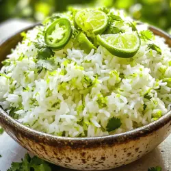- 1 cup long-grain white rice - 2 cups vegetable broth - 1 tablespoon olive oil - 1/2 teaspoon salt - Zest of 1 lime - Juice of 2 limes - 1/4 cup fresh cilantro, finely chopped - 1/4 teaspoon ground cumin - 1/4 teaspoon black pepper - Optional: thinly sliced jalapeño for garnish To make Zesty Cilantro Lime Rice, start with simple and fresh ingredients. First, you need long-grain white rice, which gives a nice texture. The vegetable broth adds a rich flavor, while olive oil keeps the rice moist. Salt is key to bringing all the flavors together. Next, you enhance the dish with lime zest and juice. This adds a bright, zesty kick. Fresh cilantro gives the rice a vibrant color and fresh taste. Ground cumin and black pepper round out the flavor profile. If you like heat, consider adding thinly sliced jalapeño on top. For the full recipe, follow the steps to create this flavorful dish. Each ingredient plays a role in making the rice bright and fun. Enjoy the simple joy of cooking with fresh ingredients! - Rinse the rice. - Combine ingredients in a saucepan. Start by rinsing the rice under cold water. Use a fine-mesh strainer for this. Rinsing helps remove excess starch, which keeps the rice fluffy. Once the water runs clear, add the rinsed rice to a medium saucepan. Then, pour in the vegetable broth, olive oil, and salt. This mix creates a tasty base for the rice. - Boil and simmer the rice. - Let it sit after cooking. Next, bring the mixture to a boil over medium-high heat. Once boiling, reduce the heat to low. Cover the pan and let it simmer for 16-18 minutes. This step is key for cooking the rice evenly. You will know it's ready when all the liquid is absorbed. After cooking, remove the saucepan from heat and let it sit, still covered, for 5 minutes. This allows the rice to absorb any remaining steam. - Fluffing the rice. - Incorporating lime and cilantro. - Adjusting seasoning. After the rice has rested, it’s time to fluff it with a fork. This step makes it light and airy. Now, stir in the lime zest, lime juice, chopped cilantro, cumin, and black pepper. Mix everything well until combined. Taste the rice and adjust the seasoning if needed. You can add more lime juice or a pinch of salt to enhance the flavor. For the full recipe, check the earlier section. Enjoy your fresh and zesty rice! To get the best texture, I recommend using long-grain white rice. This type cooks up fluffy and separate. Rinsing the rice is also very important. It removes excess starch, which helps prevent clumping. Just rinse it under cold water until the water runs clear. This step makes a big difference! You can boost the flavor by using fresh lime juice and zest. Fresh lime adds brightness and zest makes it even more vibrant. Try to use fresh cilantro instead of dried. Fresh herbs have a stronger flavor and aroma. They bring life to the rice dish. You can also add a pinch of ground cumin for depth. Garnishing your rice can make it stand out! Consider adding thinly sliced jalapeño for heat. You can also sprinkle more fresh cilantro on top. This adds color and freshness. Zesty cilantro lime rice pairs well with grilled chicken, fish, or tacos. It acts as a perfect side dish or a base for your favorite bowls. For more ideas, check the Full Recipe for inspiration! {{image_2}} You can change the broth for more flavor. Try using chicken broth instead of vegetable broth. This adds a rich taste to the rice. You can also add vegetables like peas or corn. They bring color and extra nutrients. Beans like black beans or pinto beans work well too. They add protein and make the dish heartier. Want to make your rice even more exciting? Add a little cayenne pepper for heat. It gives a nice kick without being too spicy. Paprika can also add a sweet, smoky flavor. Don't stop there! Try mixing in fresh herbs like parsley or mint. They give a fresh taste and brighten the dish. Zesty cilantro lime rice is a great side dish. It pairs well with grilled chicken or fish. You can also use it as a base for rice bowls. Top with fresh veggies, proteins, and a drizzle of sauce. This makes a quick and tasty meal. For the full recipe, check out the details above! To keep your zesty cilantro lime rice fresh, follow these tips: - Refrigeration tips: Let the rice cool down to room temperature. Transfer it to an airtight container. Store it in the fridge. It will stay fresh for about 4 to 5 days. - Freezing instructions: For long-term storage, freeze the rice. Place cooled rice in freezer-safe bags. Squeeze out the air before sealing. It can last up to 2 months in the freezer. When it's time to enjoy your rice again, use these methods: - Best methods to reheat rice: You can reheat rice in the microwave or on the stove. For the microwave, place rice in a bowl. Add a splash of water, cover with a damp paper towel, and heat for 1-2 minutes. - Maintaining texture after reheating: If using the stove, add a little water to the pan. Heat on low while stirring gently. This keeps the rice fluffy and moist. Understanding how long your rice lasts helps you avoid waste: - Understanding freshness duration: When stored properly, cooked rice lasts about 4 to 5 days in the fridge. In the freezer, it can last up to 2 months. - Signs of spoilage: Check for an off smell, discoloration, or a slimy texture. If you notice these signs, it's best to toss the rice. To make Zesty Cilantro Lime Rice vegan, swap the broth. Use vegetable broth instead of chicken broth. This keeps the dish flavorful and plant-based. You can also skip the olive oil if you want a lighter option. Yes, you can prepare this rice ahead. Cook it and let it cool completely. Store it in an airtight container in the fridge for up to three days. When you're ready to eat, reheat it in the microwave or on the stove. You may need to add a splash of water to keep it moist. To adjust the lime flavor, taste as you go. If it’s too tart, add a bit of sugar. This will help balance the acidity. On the other hand, if you want more zing, squeeze in extra lime juice. Don’t be afraid to experiment; find your perfect balance! Zesty Cilantro Lime Rice pairs well with many dishes. It complements grilled chicken or fish wonderfully. You can also serve it alongside tacos or burritos for a fun meal. For a vegetarian option, consider black bean tacos or a veggie burrito with this rice as a base. Zesty Cilantro Lime Rice is a simple dish that shines with flavor. We covered the required ingredients and how to cook them perfectly. You learned tips for enhancing texture and flavor, along with fun variations. This rice pairs well with many dishes, adding fresh zest to your meals. I encourage you to try this recipe and make it your own. Experiment with spices and herbs to find your favorite blend. Enjoy the burst of flavors and the joy it brings to your table.