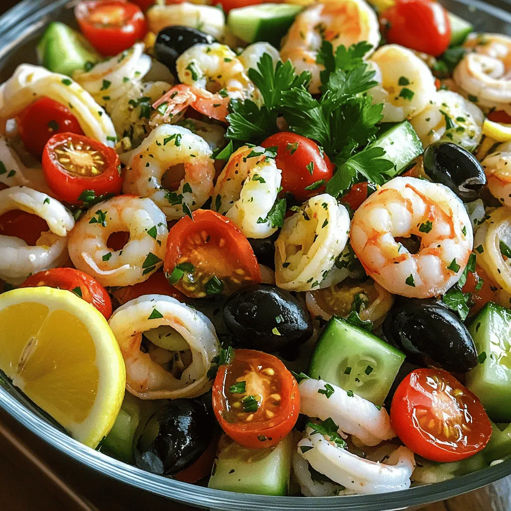 For a tasty Italian seafood salad, you need fresh seafood that brings flavor. Here’s what I use: - 1 cup cooked shrimp, peeled and deveined - 1 cup calamari, cleaned and sliced into rings - 1 cup mussels, cleaned and steamed (optional) These seafood choices give you great texture and taste. Shrimp is sweet, calamari is tender, and mussels add a briny kick. The crunch of fresh veggies makes the salad exciting. Here’s what I include: - 1 cup cherry tomatoes, halved - 1 cucumber, diced - 1/4 red onion, finely chopped - 1/4 cup black olives, pitted and sliced - 1/4 cup fresh parsley, chopped These ingredients brighten the dish. Tomatoes offer juiciness, cucumbers add freshness, and parsley gives a pop of color. A good dressing ties everything together. I like to keep it simple with: - 2 tablespoons lemon juice - 3 tablespoons extra-virgin olive oil - Salt and pepper to taste - 1 teaspoon dried oregano - A pinch of red pepper flakes (optional) The dressing is zesty and light. Lemon juice adds acidity, olive oil provides richness, and oregano gives it an Italian flair. You can find the full recipe to guide you through the steps! First, gather your seafood. Use fresh shrimp, calamari, and mussels if you like. I often start by cooking the shrimp until they turn pink. This takes about 3-4 minutes. Next, clean the calamari and slice it into rings. If you choose mussels, steam them until they open. This adds a rich flavor to the salad. Once cooked, let the seafood cool before mixing. Now, it’s time to build the salad. In a large bowl, combine the seafood. Add the halved cherry tomatoes, diced cucumber, chopped red onion, and sliced black olives. Each ingredient brings its own taste. Mix everything gently with a spoon. This helps keep the seafood from breaking apart. You want a nice blend of colors and textures. For the dressing, grab a small bowl. Whisk together lemon juice, olive oil, salt, pepper, dried oregano, and red pepper flakes. This step is key to adding flavor. Once mixed, pour the dressing over the seafood and veggies. Toss everything gently to coat well. Finally, fold in the chopped parsley. Cover the bowl and refrigerate for at least 30 minutes. This helps all the flavors blend beautifully. Serve chilled or at room temperature for a refreshing dish. For the complete recipe, check out the Full Recipe. When making Italian seafood salad, fresh seafood is key. Look for shrimp that smell like the ocean, not fishy. The flesh should be firm and slightly translucent. For calamari, choose rings that are white and glossy. If you use mussels, they should be closed tightly. If one is open, discard it. Fresh seafood makes your salad taste bright and clean. Marinating seafood is simple and effective. After mixing your seafood with veggies, add the dressing. Let it sit in the fridge for at least 30 minutes. This helps the flavors blend. If you can, marinate for up to two hours. The seafood absorbs the tangy lemon and olive oil. You’ll enjoy a much richer taste in every bite. Presentation matters! Serve your seafood salad in a large glass bowl to show off the colors. You can also use individual cups for a fun twist. Garnish each serving with a lemon wedge and a sprinkle of parsley. This adds a pop of color and a hint of freshness. For extra flair, consider placing some edible flowers around the dish. This makes your salad not just tasty, but beautiful too. For the full recipe, check out the Italian Seafood Salad section. {{image_2}} You can change the seafood in this salad to suit your taste. If you love crab, try adding lump crab meat. Scallops work well too, but cook them briefly. For a bolder flavor, use smoked salmon instead of fresh seafood. You can also mix in different shellfish, like clams or prawns. Just make sure everything is fresh and cooked properly. This way, you will get a tasty twist on the classic dish. Feel free to swap out the vegetables to match what you have. Bell peppers add crunch and color. You might try adding diced avocado for creaminess. Radishes can give a nice kick. If you like greens, toss in some arugula or spinach. Just remember to keep the balance of flavors in mind. Fresh herbs like basil or dill can also brighten up the salad. The dressing can change the whole vibe of your seafood salad. For a zesty kick, add a bit of Dijon mustard to the lemon juice and oil. You can use balsamic vinegar instead of lemon juice for a sweeter flavor. Try adding minced garlic for a bold taste. If you want a creamier dressing, mix in some yogurt or sour cream. This gives a rich texture that pairs well with the seafood. For the full recipe, check out the complete details. After enjoying your Italian seafood salad, store leftovers in an airtight container. Make sure to seal it tightly. This keeps the salad fresh and prevents any odors from other foods. Always refrigerate the salad right away to maintain quality. If you have leftovers with dressing, consider storing the dressing separately to keep the salad crisp. Freezing seafood salad is not ideal. The seafood can become rubbery when thawed. However, if you need to freeze it, only freeze the seafood without the veggies or dressing. Place the seafood in a freezer-safe bag and remove as much air as possible. To use later, thaw it in the fridge overnight. Then, prepare fresh veggies and dressing when you are ready to eat. In the fridge, your seafood salad can last for about 2 to 3 days. Always check for any signs of spoilage before eating. If it smells off or the texture seems strange, it’s best to throw it out. For the best flavor and texture, enjoy it within the first couple of days. For an Italian seafood salad, I love using a mix of seafood. Some great options are: - Cooked shrimp - Calamari rings - Mussels (if you enjoy them) These seafood types bring different flavors and textures. Shrimp adds sweetness. Calamari gives a nice chew, while mussels add a briny taste. You can mix and match based on what you like or can find fresh. Yes, you can make this salad ahead of time. It tastes even better after sitting. I recommend making it about 30 minutes before serving. This gives the flavors time to blend. Just cover the bowl with plastic wrap and chill it in the fridge. If you plan to store it longer, keep the dressing separate until you're ready to serve. Absolutely! This Italian seafood salad is gluten-free. The ingredients do not contain gluten. Just make sure to check your dressing for any hidden gluten. You can enjoy this salad without worry if you follow these tips. In this article, we explored how to create a delicious Italian seafood salad. We covered the key ingredients, from fresh seafood to vibrant vegetables. You learned the step-by-step process for preparing your salad and making a zesty dressing. I shared tips on selecting the best seafood and presented ideas for personal touches. Finally, we discussed storage guidelines and answered common questions. Creating this salad is fun and rewarding. Enjoy trying it with your family and friends.
