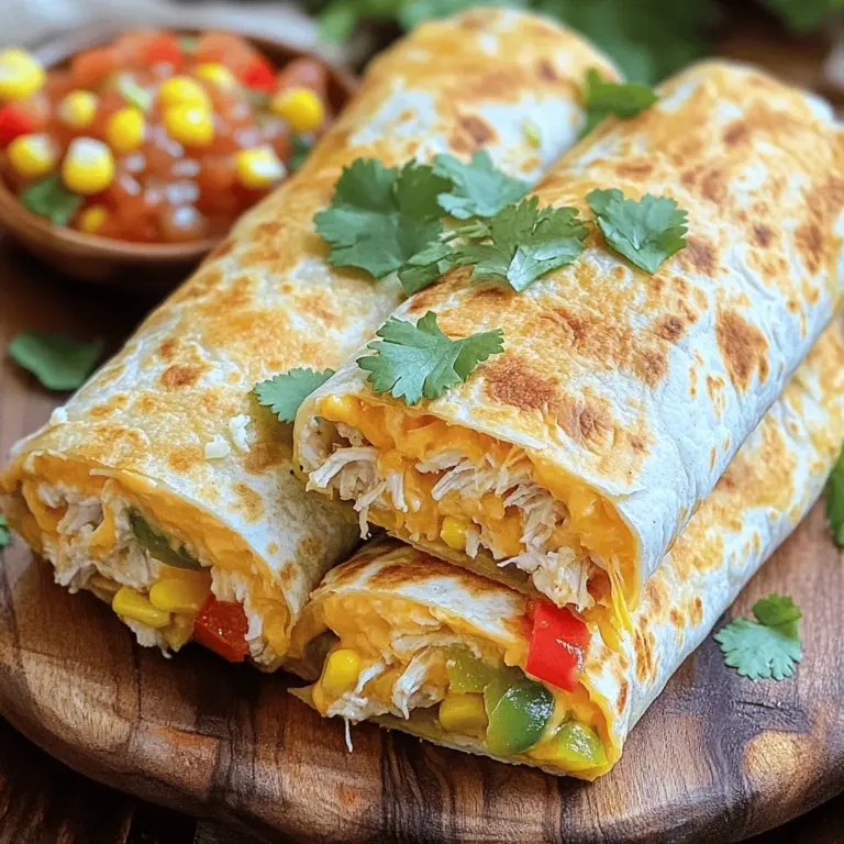 To make cheesy chicken wraps, you need some key ingredients. Here’s what you will need: - 2 boneless, skinless chicken breasts, cooked and shredded - 1 cup shredded cheddar cheese - 1 cup cream cheese, softened - 1/2 cup diced bell peppers (any color) - 1/2 cup corn (canned or frozen) - 1 tablespoon taco seasoning - 4 large flour tortillas - 1/4 cup fresh cilantro, chopped (for garnish) - Salt and pepper to taste - Olive oil, for frying These ingredients create a rich and tasty filling. The chicken provides protein, while the cheese adds creaminess. You can add some fun extras to make your wraps even better. Here are some ideas: - Sliced jalapeños for heat - Avocado or guacamole for creaminess - Black beans for more texture - Chopped green onions for a fresh kick These options let you tailor the wraps to your taste. Feel free to mix and match based on what you have at home. You can switch out some ingredients if needed. Here are some good swaps: - Use turkey or tofu instead of chicken for a different protein. - Try different cheeses like Monterey Jack or pepper jack. - Use whole wheat or spinach tortillas for a healthier wrap. These substitutions can help you use what you have on hand. They also add variety to your meals. For the full recipe, check out the instructions above. To start, you need cooked chicken. I like to use boneless, skinless chicken breasts. You can shred them easily with two forks. In a large bowl, mix the shredded chicken with one cup of shredded cheddar cheese. Add one cup of softened cream cheese for creamy goodness. Toss in half a cup of diced bell peppers—any color works! Then, add half a cup of corn, canned or frozen. Sprinkle in one tablespoon of taco seasoning. Don’t forget to add salt and pepper to taste. Mix everything well until it's all combined. Now, grab your large flour tortillas. Lay one flat on a clean surface. Spoon a good amount of the chicken mixture right in the center. Fold the sides of the tortilla in first. Then, roll it tightly from the bottom to the top. This keeps all that tasty filling inside. Repeat this process for the rest of the tortillas and filling. Next, heat a skillet over medium heat. Drizzle a bit of olive oil into the pan. Place the wrapped tortillas seam-side down in the skillet. Cook them for about 3 to 4 minutes on each side. You want them golden brown and crispy. Once they are done, take them out of the skillet. Let them rest for a minute before slicing each wrap in half. For a nice touch, sprinkle fresh chopped cilantro on top before serving. You can find the full recipe to get more details. To get your wraps crispy, start with a hot skillet. Heat the skillet over medium heat before adding olive oil. Once the oil shimmers, place the wraps seam-side down. Cook them for 3-4 minutes on each side. This will give you that golden color and crunch you want. If you want extra crispiness, use a little more oil. Taco seasoning adds a nice kick. You can also try adding garlic powder or onion powder for more depth. A squeeze of lime juice over the filling gives a fresh taste. Experiment with spices like paprika or cumin to find your perfect blend. Don’t skip on salt and pepper; they make a big difference! These cheesy chicken wraps pair well with salsa and guacamole. Serve them on a platter for parties or family meals. You can also add a side salad for a fresh touch. If you want to impress, sprinkle extra cheese on top before serving. It adds flavor and looks great! For a twist, try serving with a creamy ranch dip. {{image_2}} You can mix up the cheese in your wraps. Use mozzarella for a stretchy melty bite. Try pepper jack for a spicy kick. Cream cheese adds a rich, smooth texture. You could even blend different cheeses for a unique taste. Each choice brings a new flavor to your wrap. If you want to switch the chicken, try ground turkey or beef. Shredded pork works well too. You can use canned tuna for a quick meal. For a smoky taste, add some bacon bits. Each protein option adds a different twist to your wraps. You can easily make these wraps vegetarian. Replace chicken with black beans or chickpeas. Use a mix of your favorite veggies, like zucchini or spinach. For vegan wraps, swap out cream cheese for cashew cream. Nutritional yeast can add a cheesy flavor without dairy. This way, you keep all the tasty goodness while catering to different diets. To store leftover wraps, first let them cool. Place them in an airtight container. You can also wrap them in plastic wrap. This keeps them fresh for up to three days in the fridge. If you want to keep them longer, freezing is a great option. When you are ready to eat, take the wraps out of the fridge. You can reheat them in a skillet over low heat. This helps to keep the wrap crispy. Heat each side for about three minutes. You can also use a microwave, but the wrap may get soft. Heat for about one minute, checking often. To freeze the wraps, wrap each one tightly in plastic wrap. Then place them in a freezer bag. Remove all the air to prevent freezer burn. You can freeze them for up to three months. When you are ready to eat, thaw them in the fridge overnight before reheating. For best results, use the Full Recipe to get the most out of your delicious wraps! Yes, you can prepare Cheesy Chicken Wraps ahead of time. Just make the filling and store it in the fridge. You can keep it for up to two days. When ready to eat, assemble the wraps and cook them. This way, you save time on busy days. You can add many vegetables to your wraps. Some great options are: - Spinach - Zucchini - Mushrooms - Onions - Tomatoes These add extra flavor and nutrients. Feel free to mix and match your favorites! To make the wraps healthier, try these tips: - Use whole wheat tortillas for more fiber. - Add more veggies like spinach or bell peppers. - Use low-fat cheese and cream cheese options. - Substitute grilled chicken for shredded chicken. These changes can enhance the taste and nutrition of your meal. For a complete guide on making these wraps, check the Full Recipe. Cheesy chicken wraps are simple but delicious. You learned about key ingredients, how to prepare them, and cooking tips for the best results. I shared ways to store leftovers and delicious variations. You can experiment with different cheeses and proteins to suit your taste. Remember, wraps are easy to customize. Use these ideas to make your own tasty creations. Enjoy your time in the kitchen!