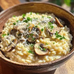 - 1 cup Arborio rice - 4 cups vegetable broth - 1 cup cremini mushrooms, sliced - 1 cup shiitake mushrooms, sliced Arborio rice is key for creamy risotto. It has a high starch content. This rice absorbs liquid well and gives a nice, creamy texture. I love using vegetable broth for a rich flavor. It enhances the taste without overpowering the mushrooms. Fresh mushrooms add depth to the dish. I prefer cremini and shiitake for their earthy taste. - 1 small onion, finely chopped - 3 cloves garlic, minced - 1/2 cup Parmesan cheese, grated - 1/2 cup heavy cream - 2 tablespoons olive oil - 2 tablespoons unsalted butter - Salt and pepper to taste - 2 tablespoons fresh parsley, chopped (for garnish) Onion and garlic build a flavorful base. Sauté them in olive oil and butter. This makes the kitchen smell amazing! Heavy cream adds richness. The Parmesan cheese brings a salty kick. Season with salt and pepper to balance the flavors. Finally, fresh parsley adds a pop of color and freshness. For the full recipe, check the section above. Start by heating the vegetable broth in a saucepan. Keep it over low heat. This step helps maintain the right temperature. Using warm broth makes the rice cook evenly. If you add cold broth, it will shock the rice. This can lead to uneven cooking and a less creamy risotto. In a large pot, heat olive oil and one tablespoon of butter. Use medium heat. Add finely chopped onion and sauté until it turns translucent, about five minutes. This step builds a great base for flavor. Then, stir in minced garlic for one more minute. Next, add sliced cremini and shiitake mushrooms. Cook until they soften. This takes about five to seven minutes. As the mushrooms cook, they release their juices, adding depth to the dish. Now it’s time to add the rice. Stir in the Arborio rice and toast it for about two minutes. This step enhances the nutty flavor. Begin adding the warm broth, one ladle at a time. Stir frequently, allowing the rice to absorb the liquid. Keep adding broth until the rice is creamy and al dente. This process takes about 18 to 20 minutes. The final texture should be rich and smooth. Once done, take the pot off the heat. Stir in the remaining butter, heavy cream, and grated Parmesan. This will make the risotto even creamier. Season with salt and pepper to your taste. Let it sit for a couple of minutes. This helps it thicken slightly. For the full recipe, check out the instructions above. To make your risotto creamy, use heavy cream and butter. These rich ingredients add a nice smooth texture. They make every bite feel indulgent. Don’t skip the Parmesan cheese. It melts into the risotto, adding flavor and depth. This cheese is key for that classic Italian taste. One common mistake is overcooking the rice. This can lead to a mushy texture. You want your rice to be al dente, firm to the bite. Another mistake is not stirring enough. Frequent stirring helps release starch from the rice. This starch is what makes the risotto creamy. So, keep that spoon moving! When serving, garnish with fresh parsley. It adds a pop of color and freshness. You can also sprinkle more Parmesan cheese on top. This enhances the cheese flavor and looks appealing. Pair your risotto with a light salad or grilled vegetables. A crisp white wine can also complement the dish well. For more ideas, check the Full Recipe for inspiration! {{image_2}} To enhance your creamy mushroom risotto, consider adding different types of mushrooms. Each mushroom brings unique taste and texture. I love using a mix of cremini and shiitake mushrooms. You can also try portobello or oyster mushrooms for even more depth. You can incorporate vegetables too. Spinach or peas add color and nutrients. Just stir them in during the last few minutes of cooking. This way, they stay bright and fresh. If you need gluten-free options, Arborio rice is naturally gluten-free. Check your broth to ensure it is gluten-free too. Many brands make a great gluten-free vegetable broth. For vegan adaptations, swap heavy cream with coconut milk or cashew cream. Use nutritional yeast instead of Parmesan cheese for a cheesy flavor. These changes keep your risotto creamy and delicious while being plant-based. Using seasonal ingredients makes your risotto even more special. In spring, add asparagus or peas. In the fall, try roasted butternut squash or pumpkin. These ingredients not only taste great but also reflect the season. Flavor changes with different herbs can elevate your dish. In summer, fresh basil or thyme works well. In winter, consider sage or rosemary for a warm, hearty touch. Herbs can transform your risotto and keep it exciting with each season. For the full recipe, check [Full Recipe]. To keep your creamy mushroom risotto fresh, follow these tips: - Refrigeration tips: Store the risotto in an airtight container. It can last in the fridge for about 3 days. Cool it to room temperature before sealing. This step helps prevent bacteria growth. - Freezing options: If you want to keep it longer, you can freeze the risotto. Use a freezer-safe container and leave some space at the top. Risotto can last up to 2 months in the freezer. When ready to use, thaw it in the fridge overnight. When it’s time to enjoy your leftover risotto, here’s how to reheat it: - Best methods for warming up: The stovetop is best. Place the risotto in a pot over low heat. Add a splash of broth or water to help it warm up. Stir often to keep it creamy. - Maintaining texture and flavor: Avoid the microwave if possible, as it can dry out the risotto. Stir in a bit more heavy cream or butter while reheating. This helps bring back that creamy texture and rich flavor. For a new twist, add fresh herbs or a sprinkle of cheese as you warm it up. Enjoy your creamy mushroom risotto, whether fresh or reheated! For the complete recipe, check the [Full Recipe]. Homemade risotto lasts about 3 to 5 days in the fridge. Store it in an airtight container. For longer storage, freeze it. Risotto can stay good in the freezer for about 2 months. When freezing, place it in a freezer-safe bag and squeeze out as much air as possible. This helps prevent freezer burn. Yes, you can prepare risotto ahead of time. Cook it until it’s just al dente. Let it cool, then store it in the fridge. When you’re ready to serve, reheat it gently. Add a splash of broth to make it creamy again. Stir often to keep it from sticking. Creamy mushroom risotto pairs well with many dishes. Try a simple green salad for freshness. Grilled chicken or shrimp adds protein. You can also serve it with roasted vegetables for a hearty meal. If you want something lighter, a side of steamed asparagus works great too. Yes, risotto is gluten-free. The main ingredient, Arborio rice, is a short-grain rice. Always check other ingredients, like broth and cheese. Some brands may add gluten. To be sure, use gluten-free broth and cheese. This way, everyone can enjoy the dish safely. To make risotto without wine, use extra broth for flavor. You can also add a splash of lemon juice. This adds brightness to the dish. Some people like using apple cider vinegar for a tangy taste. Just remember to balance flavors with salt and pepper. In this article, I covered how to make creamy mushroom risotto. We discussed key ingredients like Arborio rice and fresh mushrooms. I shared step-by-step instructions to create the perfect dish, along with tips to enhance creaminess and avoid common mistakes. Remember, risotto is versatile. You can adapt it for different diets and seasons. Storing leftovers and reheating correctly keeps the texture and flavor. Enjoy your risotto journey and explore all the ways to make it your own!