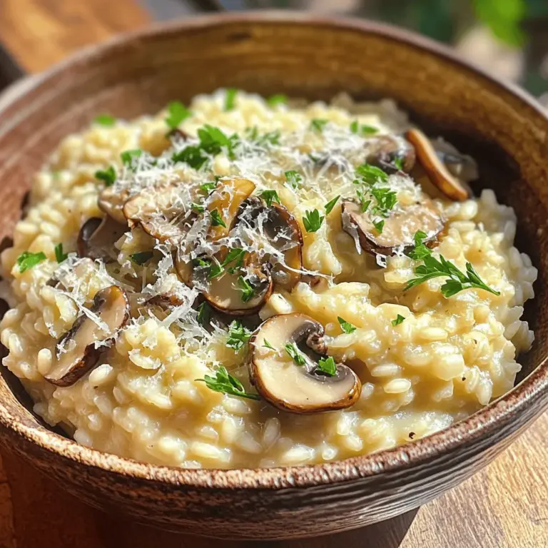 - 1 cup Arborio rice - 4 cups vegetable broth - 1 cup cremini mushrooms, sliced - 1 cup shiitake mushrooms, sliced Arborio rice is key for creamy risotto. It has a high starch content. This rice absorbs liquid well and gives a nice, creamy texture. I love using vegetable broth for a rich flavor. It enhances the taste without overpowering the mushrooms. Fresh mushrooms add depth to the dish. I prefer cremini and shiitake for their earthy taste. - 1 small onion, finely chopped - 3 cloves garlic, minced - 1/2 cup Parmesan cheese, grated - 1/2 cup heavy cream - 2 tablespoons olive oil - 2 tablespoons unsalted butter - Salt and pepper to taste - 2 tablespoons fresh parsley, chopped (for garnish) Onion and garlic build a flavorful base. Sauté them in olive oil and butter. This makes the kitchen smell amazing! Heavy cream adds richness. The Parmesan cheese brings a salty kick. Season with salt and pepper to balance the flavors. Finally, fresh parsley adds a pop of color and freshness. For the full recipe, check the section above. Start by heating the vegetable broth in a saucepan. Keep it over low heat. This step helps maintain the right temperature. Using warm broth makes the rice cook evenly. If you add cold broth, it will shock the rice. This can lead to uneven cooking and a less creamy risotto. In a large pot, heat olive oil and one tablespoon of butter. Use medium heat. Add finely chopped onion and sauté until it turns translucent, about five minutes. This step builds a great base for flavor. Then, stir in minced garlic for one more minute. Next, add sliced cremini and shiitake mushrooms. Cook until they soften. This takes about five to seven minutes. As the mushrooms cook, they release their juices, adding depth to the dish. Now it’s time to add the rice. Stir in the Arborio rice and toast it for about two minutes. This step enhances the nutty flavor. Begin adding the warm broth, one ladle at a time. Stir frequently, allowing the rice to absorb the liquid. Keep adding broth until the rice is creamy and al dente. This process takes about 18 to 20 minutes. The final texture should be rich and smooth. Once done, take the pot off the heat. Stir in the remaining butter, heavy cream, and grated Parmesan. This will make the risotto even creamier. Season with salt and pepper to your taste. Let it sit for a couple of minutes. This helps it thicken slightly. For the full recipe, check out the instructions above. To make your risotto creamy, use heavy cream and butter. These rich ingredients add a nice smooth texture. They make every bite feel indulgent. Don’t skip the Parmesan cheese. It melts into the risotto, adding flavor and depth. This cheese is key for that classic Italian taste. One common mistake is overcooking the rice. This can lead to a mushy texture. You want your rice to be al dente, firm to the bite. Another mistake is not stirring enough. Frequent stirring helps release starch from the rice. This starch is what makes the risotto creamy. So, keep that spoon moving! When serving, garnish with fresh parsley. It adds a pop of color and freshness. You can also sprinkle more Parmesan cheese on top. This enhances the cheese flavor and looks appealing. Pair your risotto with a light salad or grilled vegetables. A crisp white wine can also complement the dish well. For more ideas, check the Full Recipe for inspiration! {{image_2}} To enhance your creamy mushroom risotto, consider adding different types of mushrooms. Each mushroom brings unique taste and texture. I love using a mix of cremini and shiitake mushrooms. You can also try portobello or oyster mushrooms for even more depth. You can incorporate vegetables too. Spinach or peas add color and nutrients. Just stir them in during the last few minutes of cooking. This way, they stay bright and fresh. If you need gluten-free options, Arborio rice is naturally gluten-free. Check your broth to ensure it is gluten-free too. Many brands make a great gluten-free vegetable broth. For vegan adaptations, swap heavy cream with coconut milk or cashew cream. Use nutritional yeast instead of Parmesan cheese for a cheesy flavor. These changes keep your risotto creamy and delicious while being plant-based. Using seasonal ingredients makes your risotto even more special. In spring, add asparagus or peas. In the fall, try roasted butternut squash or pumpkin. These ingredients not only taste great but also reflect the season. Flavor changes with different herbs can elevate your dish. In summer, fresh basil or thyme works well. In winter, consider sage or rosemary for a warm, hearty touch. Herbs can transform your risotto and keep it exciting with each season. For the full recipe, check [Full Recipe]. To keep your creamy mushroom risotto fresh, follow these tips: - Refrigeration tips: Store the risotto in an airtight container. It can last in the fridge for about 3 days. Cool it to room temperature before sealing. This step helps prevent bacteria growth. - Freezing options: If you want to keep it longer, you can freeze the risotto. Use a freezer-safe container and leave some space at the top. Risotto can last up to 2 months in the freezer. When ready to use, thaw it in the fridge overnight. When it’s time to enjoy your leftover risotto, here’s how to reheat it: - Best methods for warming up: The stovetop is best. Place the risotto in a pot over low heat. Add a splash of broth or water to help it warm up. Stir often to keep it creamy. - Maintaining texture and flavor: Avoid the microwave if possible, as it can dry out the risotto. Stir in a bit more heavy cream or butter while reheating. This helps bring back that creamy texture and rich flavor. For a new twist, add fresh herbs or a sprinkle of cheese as you warm it up. Enjoy your creamy mushroom risotto, whether fresh or reheated! For the complete recipe, check the [Full Recipe]. Homemade risotto lasts about 3 to 5 days in the fridge. Store it in an airtight container. For longer storage, freeze it. Risotto can stay good in the freezer for about 2 months. When freezing, place it in a freezer-safe bag and squeeze out as much air as possible. This helps prevent freezer burn. Yes, you can prepare risotto ahead of time. Cook it until it’s just al dente. Let it cool, then store it in the fridge. When you’re ready to serve, reheat it gently. Add a splash of broth to make it creamy again. Stir often to keep it from sticking. Creamy mushroom risotto pairs well with many dishes. Try a simple green salad for freshness. Grilled chicken or shrimp adds protein. You can also serve it with roasted vegetables for a hearty meal. If you want something lighter, a side of steamed asparagus works great too. Yes, risotto is gluten-free. The main ingredient, Arborio rice, is a short-grain rice. Always check other ingredients, like broth and cheese. Some brands may add gluten. To be sure, use gluten-free broth and cheese. This way, everyone can enjoy the dish safely. To make risotto without wine, use extra broth for flavor. You can also add a splash of lemon juice. This adds brightness to the dish. Some people like using apple cider vinegar for a tangy taste. Just remember to balance flavors with salt and pepper. In this article, I covered how to make creamy mushroom risotto. We discussed key ingredients like Arborio rice and fresh mushrooms. I shared step-by-step instructions to create the perfect dish, along with tips to enhance creaminess and avoid common mistakes. Remember, risotto is versatile. You can adapt it for different diets and seasons. Storing leftovers and reheating correctly keeps the texture and flavor. Enjoy your risotto journey and explore all the ways to make it your own!