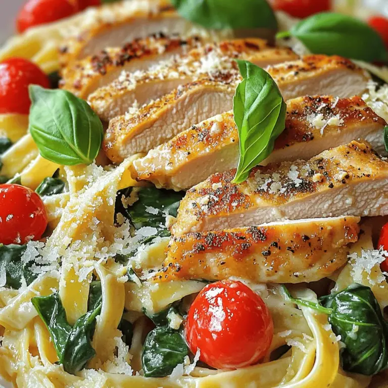 - 2 boneless, skinless chicken breasts - 8 oz fettuccine pasta - 3 tablespoons olive oil - 2 cloves garlic, minced - 1 cup cherry tomatoes, halved - 1 cup spinach leaves - 1 tablespoon Italian seasoning - 1 cup heavy cream - ½ cup grated Parmesan cheese - Salt and pepper to taste - Fresh basil leaves for garnish Choosing the right pasta is key. I love using fettuccine for its wide shape. It holds the sauce well. Look for brands made with durum wheat for the best texture. For cream and cheese, you want quality. I recommend using heavy cream from brands like Organic Valley. For cheese, Parmigiano-Reggiano offers a rich, nutty flavor. It makes the sauce so much better. If you want to switch up the pasta, try penne or spaghetti. Both work well with the sauce. For a gluten-free option, look for rice or chickpea pasta. If you're dairy-free, swap heavy cream with coconut cream. Nutritional yeast can replace Parmesan cheese for a cheesy flavor without dairy. - Cooking the pasta: Start by boiling a large pot of salted water. Add the fettuccine and cook it until al dente, about 8-10 minutes. Drain the pasta and set it aside. - Seasoning and prepping the chicken: Take the boneless chicken breasts and season them with Italian seasoning, salt, and pepper. This helps build great flavor in the dish. - Sautéing the chicken: In a big skillet, heat 2 tablespoons of olive oil over medium heat. Add the seasoned chicken breasts. Cook for about 5-7 minutes on each side until golden brown. Then, remove the chicken from the skillet and let it rest for a few minutes. Slice it into pieces. - Making the creamy sauce: In the same skillet, add 1 tablespoon of olive oil and the minced garlic. Sauté for about 30 seconds until it smells great. Next, add the halved cherry tomatoes and spinach. Cook until the spinach wilts. Then, pour in the heavy cream and let it simmer gently. Stir in the grated Parmesan cheese until it melts and thickens. - Combining pasta with sauce: Add the drained fettuccine to the creamy sauce. Toss the pasta well to coat it evenly. The sauce should cling nicely to every noodle. - Presentation tips: Serve the pasta in a large bowl or on individual plates. This makes it look inviting. - Garnishing ideas: Top the pasta with sliced chicken and fresh basil leaves. You can also sprinkle extra Parmesan cheese on top for a lovely finish. For the complete recipe, check the [Full Recipe]. Enjoy your creamy Marry Me Chicken Pasta! - To keep the chicken juicy, do not overcook it. Cook for about 5-7 minutes on each side. Use a meat thermometer to check if it reaches 165°F. - To thicken the sauce, allow it to simmer for a few minutes. The heavy cream and Parmesan cheese help create a rich texture. - Manage your cooking times well. Start by boiling the pasta while cooking the chicken. This saves time and keeps everything warm. - To prevent pasta from sticking, toss it with a splash of olive oil after draining. This simple step keeps it loose and ready for the sauce. - Add spices like red pepper flakes for some heat. Fresh herbs like parsley or thyme can also boost flavor. - You can use different vegetables. Try bell peppers, zucchini, or mushrooms for extra nutrition and taste. Each adds unique flavor and color to the dish. For more details, check the Full Recipe. {{image_2}} You can switch proteins in Marry Me Chicken Pasta to keep it fresh. Shrimp adds a nice twist. Just cook the shrimp until pink and toss it in. Tofu works well too. It soaks up flavors and is a great option for plant-based eaters. Incorporating seasonal vegetables also makes this dish special. Try adding asparagus in spring or zucchini in summer. These veggies add texture and nutrients. Just sauté them until tender before mixing them into the sauce. For gluten-free options, use gluten-free fettuccine. Many brands offer tasty pasta that cooks well. You can also use zucchini noodles for a lighter meal. They are healthy and very easy to make. If you want to adapt this for a vegan diet, swap the chicken for chickpeas or mushrooms. Use coconut cream instead of heavy cream. Nutritional yeast can replace Parmesan cheese. These changes keep the dish creamy and flavorful. Adjusting spice levels is simple. If you love heat, add red pepper flakes to the sauce. This brings warmth without overpowering the dish. For a milder option, skip the spice or use sweet paprika. Experimenting with cheese types can enhance flavor, too. Try goat cheese for a tangy twist. Feta also adds a salty kick. Mix and match to find your favorite combination. Each cheese brings its own unique flavor to the dish. To keep your Marry Me Chicken Pasta fresh, follow these steps: - Cool the dish: Let it cool to room temperature. - Use airtight containers: Store in airtight containers to prevent drying out. - Label and date: Write the date on the container for easy tracking. Leftovers will last in the fridge for up to 3 days. If you want to enjoy it later, freezing is a great option. When it's time to enjoy your leftovers, reheat with care: - Stovetop Method: Heat in a skillet over medium heat, adding a splash of cream or broth to keep it moist. - Microwave Method: Place in a microwave-safe dish, cover, and heat in 30-second intervals, stirring in between. For individual portions, use the microwave method. This ensures even heating without losing flavor. Yes, you can freeze Marry Me Chicken Pasta! Here’s how: - Cool completely: Allow the pasta to cool before freezing. - Use freezer-safe containers: Make sure to use containers that are safe for freezing. - Portion it out: Freeze in single servings for easy meals later. To thaw, transfer to the fridge overnight. Reheat using the stovetop or microwave methods mentioned above for the best taste and texture. What is Marry Me Chicken Pasta? Marry Me Chicken Pasta is a creamy and flavorful dish. It features chicken, pasta, and a rich sauce. The dish combines fettuccine, garlic, and fresh spinach. It’s perfect for impressing a date or family. Can I prepare this dish ahead of time? Yes, you can prep some parts ahead. Cook the pasta and chicken in advance. Store them separately in the fridge. When ready, combine them with the sauce. This way, you save time when serving. How can I make this recipe spicier? To spice it up, add red pepper flakes. You can also use spicy sausage. If you want a fresh taste, add jalapeños. Adjust the spice based on your taste. What should I serve with Marry Me Chicken Pasta? This pasta pairs well with a simple green salad. Garlic bread is also a great side. You can add steamed veggies for color and nutrition. A light white wine works nicely too. How do I know when the chicken is fully cooked? The chicken is done when it reaches 165°F inside. Use a meat thermometer for accuracy. The outside should be golden brown. If the juices run clear, it’s ready to serve. What is the best pasta to use? Fettuccine is ideal for this dish. It holds the creamy sauce well. You can also use penne or rigatoni if you prefer. Just ensure they are cooked al dente for the best texture. Can I use frozen spinach instead of fresh? Yes, frozen spinach works well in this recipe. Just thaw and drain it well before using. This option saves time, but fresh spinach adds a nice texture. Choose based on what you have on hand. This blog post shared a simple recipe for Marry Me Chicken Pasta. You learned about the ingredients, cooking methods, and helpful tips. I also covered possible substitutions and variations. Remember, the right ingredients make a big difference. Experiment with flavors, proteins, and even dietary choices to make this dish your own. Store leftovers properly to enjoy them later. With this recipe, you can impress anyone at the dinner table. Enjoy cooking!