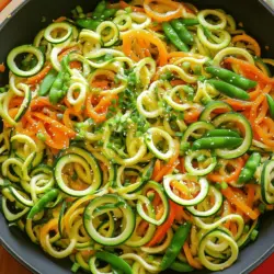 To make a tasty zucchini noodle stir fry, you'll need these key items: - 3 medium zucchinis, spiralized into noodles - 1 bell pepper (any color), sliced - 1 carrot, julienned - 1 cup snap peas, trimmed - 3 green onions, chopped - 2 cloves garlic, minced - 2 tablespoons soy sauce (or tamari for gluten-free) - 1 tablespoon sesame oil - 1 tablespoon olive oil - 1 teaspoon freshly grated ginger - Salt and pepper to taste These ingredients form the base of a healthy and colorful meal. Each one adds texture and flavor, making every bite fresh and satisfying. You can enhance your stir fry with some optional add-ins: - 1 cup sliced mushrooms - 1 cup broccoli florets - 1 small zucchini, spiralized - 1 tablespoon chili paste for heat - 1 tablespoon peanut butter for richness These extras allow you to customize your dish. Feel free to mix and match to suit your taste. Garnishing your dish makes it look appealing and adds flavor: - 1 tablespoon sesame seeds - Fresh cilantro or parsley, chopped - Lime wedges for a zesty kick These garnishes not only add color but also make your dish more flavorful. They can elevate your zucchini noodle stir fry from simple to stunning. For the full recipe, you can refer to the details listed above. First, gather your ingredients. You need three zucchinis, one bell pepper, and one carrot. Also, have one cup of snap peas, three green onions, and two cloves of garlic ready. Don't forget the ginger! Spiralize the zucchinis to make noodles. Cut the bell pepper and carrot into thin strips. Julienne the carrot for a nice crunch. Trim the snap peas and chop the green onions. Mince the garlic and grate the ginger finely. This prep makes cooking fast and easy. Heat two tablespoons of oil in a large skillet or wok over medium-high heat. I like to use olive oil for a rich flavor. Add the minced garlic and grated ginger. Sauté them for about 30 seconds until they smell great. Next, toss in the sliced bell pepper and julienned carrot. Stir-fry these for 2-3 minutes until they soften a bit. Then, add the snap peas and cook for another 2 minutes. They should look bright green and still have a nice crunch. Now, gently fold in the zucchini noodles. Stir well to mix all the veggies. Cook for another 2-3 minutes. The noodles should be tender but still firm. Pour the soy sauce and sesame oil over the veggies. Toss everything together to coat them well. Season with salt and pepper to taste. This brings out all the awesome flavors. Remove the skillet from heat. Garnish your dish with chopped green onions and sesame seeds. This adds a lovely touch! Serve your Zesty Zucchini Noodle Stir Fry immediately for the best taste. For full details, check out the Full Recipe. To spiralize zucchini, you need a good spiralizer. First, wash and trim the ends of the zucchini. Secure it in the spiralizer and turn the handle. Keep turning until you have long, thin noodles. If you don't have a spiralizer, a vegetable peeler or julienne tool can work too. Make sure your noodles are even in size for even cooking. Get your skillet or wok hot before adding oil. Use medium-high heat to keep the veggies crisp. Start with garlic and ginger for great flavor. Stir-fry the harder vegetables first, like bell pepper and carrot. Add softer veggies, like snap peas, later. This way, they stay bright and crunchy. Don't overcook the zucchini noodles; they need just a few minutes. You can easily change the flavors in this stir fry. If you like it spicy, add red pepper flakes or sriracha. For a sweet touch, try a little honey or maple syrup. Use coconut aminos instead of soy sauce for a different taste. You can also mix in lime juice or rice vinegar for a tangy kick. Experiment with these options to find your favorite flavor! {{image_2}} You can easily make this dish vegetarian or vegan. Just skip any meat. The fresh veggies give great flavor. Use more mushrooms for a meaty feel. You can also add extra tofu for protein. It absorbs the sauce well and adds texture. If you want to add protein, chicken, tofu, or shrimp work great. For chicken, use thin slices. Cook them first until golden. Then add the veggies. For shrimp, cook until they turn pink. Tofu is a nice choice too. Use firm tofu and cube it. Sauté it until crispy for the best texture. To make this dish gluten-free, choose tamari instead of soy sauce. Tamari has a rich flavor, just like soy sauce. Always check the label for gluten-free options. You can also use coconut aminos. They are sweet and salty, perfect for this stir fry. To keep your zucchini noodle stir fry fresh, place it in an airtight container. Store it in the fridge. Use leftovers within three to four days for the best taste. Make sure it cools down to room temperature before sealing. This helps prevent moisture build-up. When it's time to reheat, use a skillet over medium heat. Add a splash of water or broth to help keep it moist. Stir often to heat evenly. This method keeps the veggies crisp. Avoid the microwave if you want to keep the noodles from getting mushy. If you want to freeze the stir fry, pack it in freezer-safe bags. Remove as much air as possible before sealing. It’s best to freeze it without the sauce. This way, the veggies stay fresh. To use, thaw it overnight in the fridge. Then, reheat it in a skillet with some sauce for flavor. You can find the full recipe to start your cooking adventure! You can swap soy sauce for coconut aminos or lemon juice. These options add a nice flavor without soy. You can also try using vegetable broth for a savory touch. This keeps the dish tasty and soy-free. Yes, you can prep some parts ahead. Spiralize the zucchini and chop your veggies the night before. Store them in the fridge in airtight bags. However, cook your dish right before serving. This way, your zucchini noodles stay crisp and fresh. Zucchini noodle stir fry pairs well with grilled chicken or shrimp. You can also serve it with rice or quinoa for a full meal. Adding a side salad can provide extra crunch and flavor. For a light meal, serve it on its own or with a simple dipping sauce. Check the Full Recipe for more serving ideas! To make Zesty Zucchini Noodle Stir Fry, we need fresh ingredients. First, gather these items: - 3 medium zucchinis, spiralized into noodles - 1 bell pepper (any color), sliced - 1 carrot, julienned - 1 cup snap peas, trimmed - 3 green onions, chopped - 2 cloves garlic, minced - 2 tablespoons soy sauce (or tamari for gluten-free) - 1 tablespoon sesame oil - 1 tablespoon olive oil - 1 teaspoon freshly grated ginger - 1 tablespoon sesame seeds (for garnish) - Salt and pepper to taste This dish comes together quickly. Start by heating olive oil in a large skillet or wok. Add garlic and ginger, cooking for about 30 seconds until you smell them. Next, toss in your bell pepper and carrot. Stir-fry these for 2-3 minutes until they soften a bit. Add the snap peas and stir-fry for another 2 minutes. They should look bright and stay crisp. Now, gently fold in the spiralized zucchini noodles. Cook them for about 2-3 minutes. You want them tender but still a bit firm. Pour in the soy sauce and sesame oil. Toss everything so it mixes well. Season it with salt and pepper to your liking. Remove from heat and top with green onions and sesame seeds. Enjoy your colorful, tasty meal! This stir fry is not just tasty; it's healthy too. Here’s a quick look at the nutrition: - Calories: About 150 per serving - Protein: Around 4 grams - Carbohydrates: Roughly 10 grams - Fiber: Approximately 3 grams - Fat: About 10 grams These numbers can vary based on exact ingredients and portion sizes. This dish offers a good balance of nutrients. It's low in calories, yet filling and satisfying. Plus, it’s packed with vitamins from the fresh veggies. Zucchini Noodle Stir Fry is versatile. You can enjoy it on its own, or pair it with many options. Here are some ideas: - Serve it alongside grilled chicken or tofu for protein. - Add a side of brown rice or quinoa for extra carbs. - For spice lovers, a sprinkle of red pepper flakes enhances the flavor. Feel free to experiment! Each option can make this dish even more delightful. For the step-by-step process, check the Full Recipe. Happy cooking! In summary, we explored the key ingredients for a tasty zucchini noodle stir fry. We discussed preparation steps, cooking techniques, storage tips, and flavorful variations. Don't forget to try different proteins and seasonings to find your favorite mix. With these tips, you can whip up a meal that's healthy and fun. Enjoy your cooking journey and share your zesty stir fry with friends and family!