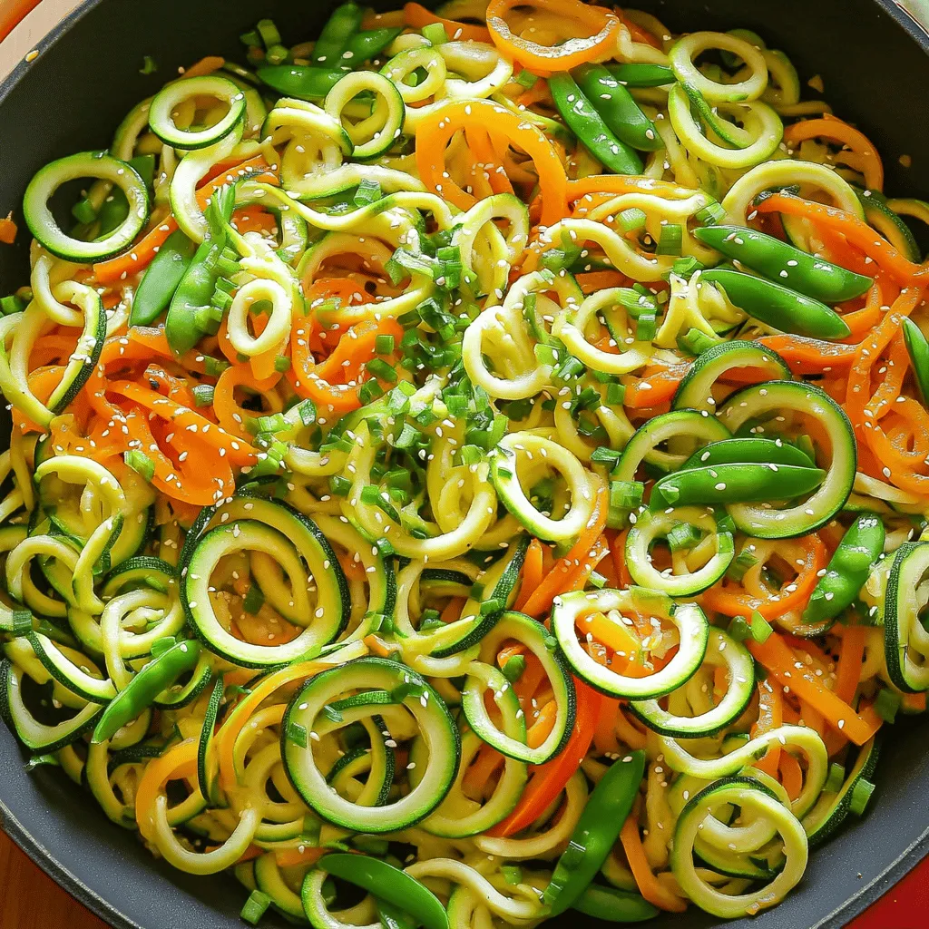 To make a tasty zucchini noodle stir fry, you'll need these key items: - 3 medium zucchinis, spiralized into noodles - 1 bell pepper (any color), sliced - 1 carrot, julienned - 1 cup snap peas, trimmed - 3 green onions, chopped - 2 cloves garlic, minced - 2 tablespoons soy sauce (or tamari for gluten-free) - 1 tablespoon sesame oil - 1 tablespoon olive oil - 1 teaspoon freshly grated ginger - Salt and pepper to taste These ingredients form the base of a healthy and colorful meal. Each one adds texture and flavor, making every bite fresh and satisfying. You can enhance your stir fry with some optional add-ins: - 1 cup sliced mushrooms - 1 cup broccoli florets - 1 small zucchini, spiralized - 1 tablespoon chili paste for heat - 1 tablespoon peanut butter for richness These extras allow you to customize your dish. Feel free to mix and match to suit your taste. Garnishing your dish makes it look appealing and adds flavor: - 1 tablespoon sesame seeds - Fresh cilantro or parsley, chopped - Lime wedges for a zesty kick These garnishes not only add color but also make your dish more flavorful. They can elevate your zucchini noodle stir fry from simple to stunning. For the full recipe, you can refer to the details listed above. First, gather your ingredients. You need three zucchinis, one bell pepper, and one carrot. Also, have one cup of snap peas, three green onions, and two cloves of garlic ready. Don't forget the ginger! Spiralize the zucchinis to make noodles. Cut the bell pepper and carrot into thin strips. Julienne the carrot for a nice crunch. Trim the snap peas and chop the green onions. Mince the garlic and grate the ginger finely. This prep makes cooking fast and easy. Heat two tablespoons of oil in a large skillet or wok over medium-high heat. I like to use olive oil for a rich flavor. Add the minced garlic and grated ginger. Sauté them for about 30 seconds until they smell great. Next, toss in the sliced bell pepper and julienned carrot. Stir-fry these for 2-3 minutes until they soften a bit. Then, add the snap peas and cook for another 2 minutes. They should look bright green and still have a nice crunch. Now, gently fold in the zucchini noodles. Stir well to mix all the veggies. Cook for another 2-3 minutes. The noodles should be tender but still firm. Pour the soy sauce and sesame oil over the veggies. Toss everything together to coat them well. Season with salt and pepper to taste. This brings out all the awesome flavors. Remove the skillet from heat. Garnish your dish with chopped green onions and sesame seeds. This adds a lovely touch! Serve your Zesty Zucchini Noodle Stir Fry immediately for the best taste. For full details, check out the Full Recipe. To spiralize zucchini, you need a good spiralizer. First, wash and trim the ends of the zucchini. Secure it in the spiralizer and turn the handle. Keep turning until you have long, thin noodles. If you don't have a spiralizer, a vegetable peeler or julienne tool can work too. Make sure your noodles are even in size for even cooking. Get your skillet or wok hot before adding oil. Use medium-high heat to keep the veggies crisp. Start with garlic and ginger for great flavor. Stir-fry the harder vegetables first, like bell pepper and carrot. Add softer veggies, like snap peas, later. This way, they stay bright and crunchy. Don't overcook the zucchini noodles; they need just a few minutes. You can easily change the flavors in this stir fry. If you like it spicy, add red pepper flakes or sriracha. For a sweet touch, try a little honey or maple syrup. Use coconut aminos instead of soy sauce for a different taste. You can also mix in lime juice or rice vinegar for a tangy kick. Experiment with these options to find your favorite flavor! {{image_2}} You can easily make this dish vegetarian or vegan. Just skip any meat. The fresh veggies give great flavor. Use more mushrooms for a meaty feel. You can also add extra tofu for protein. It absorbs the sauce well and adds texture. If you want to add protein, chicken, tofu, or shrimp work great. For chicken, use thin slices. Cook them first until golden. Then add the veggies. For shrimp, cook until they turn pink. Tofu is a nice choice too. Use firm tofu and cube it. Sauté it until crispy for the best texture. To make this dish gluten-free, choose tamari instead of soy sauce. Tamari has a rich flavor, just like soy sauce. Always check the label for gluten-free options. You can also use coconut aminos. They are sweet and salty, perfect for this stir fry. To keep your zucchini noodle stir fry fresh, place it in an airtight container. Store it in the fridge. Use leftovers within three to four days for the best taste. Make sure it cools down to room temperature before sealing. This helps prevent moisture build-up. When it's time to reheat, use a skillet over medium heat. Add a splash of water or broth to help keep it moist. Stir often to heat evenly. This method keeps the veggies crisp. Avoid the microwave if you want to keep the noodles from getting mushy. If you want to freeze the stir fry, pack it in freezer-safe bags. Remove as much air as possible before sealing. It’s best to freeze it without the sauce. This way, the veggies stay fresh. To use, thaw it overnight in the fridge. Then, reheat it in a skillet with some sauce for flavor. You can find the full recipe to start your cooking adventure! You can swap soy sauce for coconut aminos or lemon juice. These options add a nice flavor without soy. You can also try using vegetable broth for a savory touch. This keeps the dish tasty and soy-free. Yes, you can prep some parts ahead. Spiralize the zucchini and chop your veggies the night before. Store them in the fridge in airtight bags. However, cook your dish right before serving. This way, your zucchini noodles stay crisp and fresh. Zucchini noodle stir fry pairs well with grilled chicken or shrimp. You can also serve it with rice or quinoa for a full meal. Adding a side salad can provide extra crunch and flavor. For a light meal, serve it on its own or with a simple dipping sauce. Check the Full Recipe for more serving ideas! To make Zesty Zucchini Noodle Stir Fry, we need fresh ingredients. First, gather these items: - 3 medium zucchinis, spiralized into noodles - 1 bell pepper (any color), sliced - 1 carrot, julienned - 1 cup snap peas, trimmed - 3 green onions, chopped - 2 cloves garlic, minced - 2 tablespoons soy sauce (or tamari for gluten-free) - 1 tablespoon sesame oil - 1 tablespoon olive oil - 1 teaspoon freshly grated ginger - 1 tablespoon sesame seeds (for garnish) - Salt and pepper to taste This dish comes together quickly. Start by heating olive oil in a large skillet or wok. Add garlic and ginger, cooking for about 30 seconds until you smell them. Next, toss in your bell pepper and carrot. Stir-fry these for 2-3 minutes until they soften a bit. Add the snap peas and stir-fry for another 2 minutes. They should look bright and stay crisp. Now, gently fold in the spiralized zucchini noodles. Cook them for about 2-3 minutes. You want them tender but still a bit firm. Pour in the soy sauce and sesame oil. Toss everything so it mixes well. Season it with salt and pepper to your liking. Remove from heat and top with green onions and sesame seeds. Enjoy your colorful, tasty meal! This stir fry is not just tasty; it's healthy too. Here’s a quick look at the nutrition: - Calories: About 150 per serving - Protein: Around 4 grams - Carbohydrates: Roughly 10 grams - Fiber: Approximately 3 grams - Fat: About 10 grams These numbers can vary based on exact ingredients and portion sizes. This dish offers a good balance of nutrients. It's low in calories, yet filling and satisfying. Plus, it’s packed with vitamins from the fresh veggies. Zucchini Noodle Stir Fry is versatile. You can enjoy it on its own, or pair it with many options. Here are some ideas: - Serve it alongside grilled chicken or tofu for protein. - Add a side of brown rice or quinoa for extra carbs. - For spice lovers, a sprinkle of red pepper flakes enhances the flavor. Feel free to experiment! Each option can make this dish even more delightful. For the step-by-step process, check the Full Recipe. Happy cooking! In summary, we explored the key ingredients for a tasty zucchini noodle stir fry. We discussed preparation steps, cooking techniques, storage tips, and flavorful variations. Don't forget to try different proteins and seasonings to find your favorite mix. With these tips, you can whip up a meal that's healthy and fun. Enjoy your cooking journey and share your zesty stir fry with friends and family!