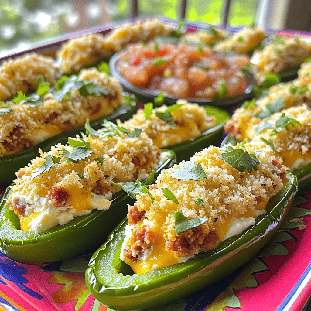 - 10 large jalapeño peppers - 8 oz cream cheese, softened - 1 cup shredded sharp cheddar cheese - 1 cup cooked and crumbled chorizo (or black beans for vegetarian) - Spices: garlic powder, onion powder, smoked paprika - Panko breadcrumbs for topping - Fresh cilantro, chopped - Olive oil spray To create the best jalapeño poppers, you need fresh ingredients. Start with large jalapeños. Their size allows for more filling and better flavor. Softened cream cheese and cheddar cheese blend well. They create a creamy and rich filling. Chorizo adds a nice kick, but black beans work too. This choice makes the dish vegetarian-friendly. Spices like garlic powder, onion powder, and smoked paprika enhance the taste. They provide depth and warmth to each bite. Panko breadcrumbs give a crunchy topping. This adds texture and contrast to the creamy filling. For garnishes, chopped cilantro adds freshness. A light spray of olive oil helps crisp the breadcrumbs. Together, these ingredients make a delicious treat. You can find the full recipe to guide you through the process. Enjoy cooking! - Preheat the oven to 400°F (200°C). This makes sure the poppers bake evenly. - Slice each jalapeño in half. Remove the seeds carefully. Use gloves to protect your hands. - In a bowl, mix the cream cheese, cheddar cheese, and chorizo. Add garlic powder, onion powder, smoked paprika, salt, and pepper. Stir until everything blends well. - Take a jalapeño half and fill it with the cheese mixture. Press down gently to secure the filling inside. - Sprinkle the panko breadcrumbs on top of the filled jalapeños. This gives them a nice crunch. - Place the jalapeños on a baking sheet. Bake for 20-25 minutes. They should be tender and golden on top when done. For the full recipe, check out the details above to make these tasty treats! - Always wear gloves when handling jalapeños to avoid skin irritation. - You can adjust the heat by leaving some seeds in the jalapeños. This adds more spice if you like it hot. - Serve your poppers with homemade salsa or guacamole for a tasty dip. - Use a colorful platter to make your dish pop. This makes it look more inviting and fun. - Do not overfill the jalapeños. This can cause the filling to spill out while baking. - Always spray the breadcrumbs with oil. This helps them crisp up nicely in the oven. These tips and tricks will help you create the best jalapeño poppers. Enjoy cooking and impress your friends! For more details, check the Full Recipe. {{image_2}} You can swap chorizo for black beans in this recipe. Black beans add a hearty texture. This change keeps the poppers filling and tasty. Plus, it’s a great choice for vegetarians. Just mash the beans lightly before mixing them with cheese. They still bring a lot of flavor! Feel free to try different cheese types for your poppers. Pepper jack cheese adds a nice kick. It melts well and gives a creamy texture. You could also use mozzarella for a milder taste. Mixing cheeses can create a new flavor experience every time you make them. Think about adding diced bell peppers or corn to your filling. Diced bell peppers add crunch and sweetness. Corn gives a nice burst of flavor. Both additions will enhance the taste and texture of your poppers. You can mix and match to find your favorite combo. Store your jalapeño poppers in an airtight container. They taste best when eaten fresh, but you can keep them in the fridge for up to 3 days. Just remember, the longer they sit, the less crunchy they become. For longer storage, freeze your poppers before baking. Just prepare them as directed in the Full Recipe. Place them in a single layer on a baking sheet. Once frozen, transfer them to a freezer bag. They will stay fresh for up to 3 months. To enjoy your leftovers, reheat them in the oven. Preheat the oven to 375°F (190°C). Place the poppers on a baking sheet and heat for about 10-15 minutes. This method keeps them crispy and tasty. Avoid using the microwave, as it can make them soggy. Jalapeño poppers are spicy snacks made from jalapeño peppers. You stuff them with a creamy filling. Common ingredients include cream cheese, cheddar cheese, and spices. Some recipes add meats like chorizo or bacon. They are often topped with crunchy breadcrumbs and baked until golden. Yes, you can make jalapeño poppers ahead of time. Prepare the filling and stuff the peppers. Then, cover them and store in the fridge for up to 24 hours. You can also freeze them before baking. Just make sure to thaw them before cooking. This way, you save time on game day or at parties. To make jalapeño poppers less spicy, remove the seeds and membranes inside the peppers. These parts hold most of the heat. You can also choose milder peppers, like banana peppers, instead of jalapeños. Another tip is to mix in more cheese or sour cream to balance the heat. Jalapeño poppers are a fun and tasty snack. We covered ingredients, steps, and tasty tips. Remember to choose the right fillings and adjust spice levels for your taste. You can make these poppers ahead of time, too. Enjoy them fresh out of the oven with a bright dip. With these ideas, your poppers will impress everyone. Start making your perfect batch today.