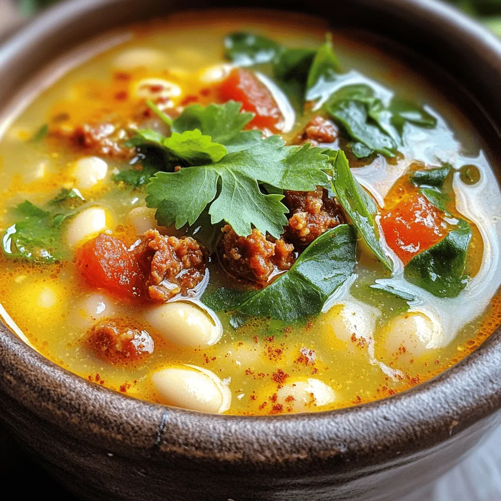To make Chorizo White Bean Soup, you'll need these ingredients: - 8 oz chorizo sausage, casing removed and crumbled - 1 medium onion, diced - 3 cloves garlic, minced - 2 carrots, diced - 1 celery stalk, diced - 1 can (15 oz) white beans (such as cannellini or navy beans), rinsed and drained - 4 cups low-sodium chicken broth - 1 can (14.5 oz) diced tomatoes, with juice - 1 teaspoon smoked paprika - ½ teaspoon cumin - 1 bay leaf - Salt and pepper to taste - 2 cups fresh spinach or kale, chopped - 2 tablespoons olive oil - Fresh cilantro or parsley for garnish (optional) For substitutions, you can use turkey chorizo for a leaner option. If you want a vegetarian version, swap the chorizo with a plant-based sausage. You can also use vegetable broth instead of chicken broth for a meat-free soup. This hearty soup packs a punch in nutrition. Each serving has about 300 calories. Here's the macronutrient breakdown: - Carbohydrates: 35g - Fats: 15g - Proteins: 12g This soup is gluten-free. It's also high in fiber, thanks to the beans and veggies. Enjoy it as a filling meal that warms you up and keeps you satisfied. To make this soup, start by preparing the chorizo, vegetables, and beans. - Remove the casing from 8 oz of chorizo. - Crumble the sausage into small pieces. - Dice 1 medium onion, 2 carrots, and 1 celery stalk. - Mince 3 cloves of garlic. - Rinse and drain 1 can (15 oz) of white beans. For tools, you will need: - A large pot - A cutting board - A knife - A wooden spoon - Measuring cups and spoons Now, let’s cook! 1. Heat 2 tablespoons of olive oil in your large pot over medium heat. 2. Add the crumbled chorizo and cook for about 5 minutes. It should start to brown. 3. Next, add the diced onion, carrots, and celery. Sauté for 5-7 minutes. The veggies must soften and the onion should turn translucent. 4. Stir in the minced garlic, 1 teaspoon smoked paprika, and ½ teaspoon cumin. Cook for 1 minute until you smell the spices. 5. Pour in 4 cups of low-sodium chicken broth. Add 1 can (14.5 oz) of diced tomatoes with juice and the rinsed white beans. 6. Toss in 1 bay leaf and bring the soup to a boil. Reduce the heat to low and let it simmer for 20 minutes. 7. Remove the bay leaf. Season with salt and pepper to taste. 8. Stir in 2 cups of chopped spinach or kale. Cook for another 5 minutes until the greens wilt. Serve this soup hot. It pairs well with crusty bread or a fresh salad. You can also garnish with fresh cilantro or parsley for added flavor. Enjoy this hearty meal with loved ones! When you cook chorizo white bean soup, watch out for a few things. First, don’t rush the browning of the chorizo. This step builds flavor. If you cook it too fast, you lose that rich taste. Second, be careful with salt. The broth and chorizo can be salty, so taste first before adding more. For spice levels, remember that chorizo can vary in heat. If you like it milder, use less chorizo or choose a mild type. You can also add a little sugar to balance out the heat. To boost the flavor, consider adding herbs like thyme or rosemary. They pair well with the soup's richness. You might also sprinkle in some crushed red pepper for extra heat. For creaminess, try adding a splash of cream or coconut milk. You can also blend a portion of the soup before serving. This makes it thicker and richer without adding heavy cream. Using canned beans saves time. They are ready to go and cut down on cooking time. If you prefer dried beans, soak them overnight. This helps them cook faster. To speed up cooking, use a pressure cooker. It can cut the cooking time for beans down to just a few minutes. This way, you get a delicious meal in no time! For the full recipe, check out the complete details to get started on your chorizo white bean soup! {{image_2}} You can create a meatless chorizo option using plant-based sausage. Look for brands that mimic the taste of chorizo well. You can also use mushrooms to add a hearty texture. For beans, try pinto beans or black beans if you want a different flavor. Both will blend nicely into the soup. To change the spice level, add more or less smoked paprika. If you love heat, add cayenne pepper or crushed red pepper flakes. For a milder version, use sweet paprika and skip the hot spices. You can mix in herbs like oregano or thyme for extra flavor. Feel free to toss in more veggies! Zucchini, bell peppers, or corn are great options. You can also add grains like quinoa or rice for a filling soup. Just make sure to cook the grains separately and add them before serving. This keeps everything from getting mushy and adds a nice bite. For the full recipe, check here: [Full Recipe]. To keep your chorizo white bean soup fresh, use airtight containers. Glass containers work great. Store the soup in the fridge for up to four days. If you want to freeze it, let it cool first. Use freezer-safe bags or containers. This way, you can enjoy it later without losing flavor. When reheating, keep the soup flavorful. For the stovetop, heat over low to medium heat. Stir often to prevent sticking. If you use the microwave, heat it in short bursts. Stir between each burst to heat evenly. This keeps the soup creamy and tasty. In the fridge, the soup lasts about four days. In the freezer, it can stay good for three months. Always check for signs of spoilage. If it smells off or has a strange color, it's best to throw it away. Enjoy your meal fresh and safe! Yes, you can make this soup in a slow cooker. Here’s how: - Start by browning the chorizo in a pan. - Add the cooked chorizo to the slow cooker. - Then, add the diced onion, carrots, celery, garlic, and spices. - Pour in the chicken broth, tomatoes, and beans. - Stir well and cover. Cook on low for 6-8 hours, or high for 3-4 hours. - Finally, stir in the spinach just before serving. If you want a different meat, try Italian sausage or turkey sausage. For a vegetarian option, use plant-based chorizo or mushrooms. You can also add smoked paprika for that unique flavor. To boost the heat, add crushed red pepper flakes or diced jalapeños. You can also use spicy chorizo instead of mild. A splash of hot sauce at the end can kick things up too. This soup pairs well with crusty bread or cornbread. A fresh salad with a light vinaigrette makes a great side too. For drinks, a light beer or sparkling water can complement the flavors nicely. You can find the full recipe in the earlier section. This blog post covers everything you need for making Chorizo White Bean Soup. We explored the right ingredients, cooking steps, and serving tips. You learned how to avoid common mistakes and enhance the soup's flavor. We also shared storage practices and answered some FAQs. With these insights, you can easily prepare a tasty soup. Enjoy experimenting with variations and making it your own. Now, gather your ingredients and start cooking!