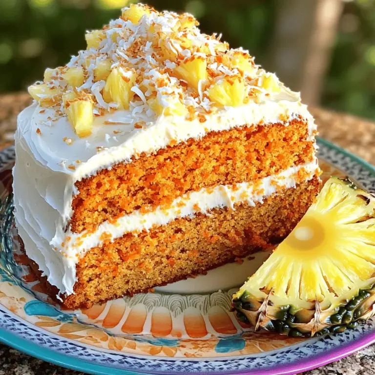 - 1 cup all-purpose flour - 1 teaspoon baking powder - 1/2 teaspoon baking soda - 1/2 teaspoon salt - 1 teaspoon ground cinnamon - 1/2 teaspoon ground ginger - 1/4 teaspoon nutmeg - 1/2 cup vegetable oil - 3/4 cup brown sugar, packed - 1/4 cup granulated sugar - 2 large eggs - 1 teaspoon vanilla extract - 1 cup grated carrots - 1 cup crushed pineapple, drained - 1/2 cup shredded coconut - 1/2 cup chopped walnuts (optional) Making Tropical Pineapple Carrot Cake starts with great ingredients. Each one plays a key role in the taste and texture. All-purpose flour gives the cake structure. It holds everything together. Use fresh flour for the best result. Baking powder and baking soda help the cake rise. They make it light and fluffy. Without them, the cake may be dense and heavy. Spices like cinnamon, ginger, and nutmeg add warmth and depth. They make your cake taste cozy and inviting. Brown and granulated sugars sweeten the cake. Brown sugar adds moisture and a slight caramel flavor. Granulated sugar helps with a light crumb. Wet ingredients like vegetable oil, eggs, and vanilla extract keep the cake moist. The oil makes it rich. The eggs help bind the ingredients together. Vanilla adds a lovely aroma. Carrots provide moisture and sweetness. They also add a nice texture. Crushed pineapple brings a tropical twist. Make sure to drain it well for the right consistency. Shredded coconut gives a chewy texture and enhances the tropical feel. Chopped walnuts are optional but add crunch and flavor. This balanced mix of ingredients makes the cake delightful and moist. For the full recipe, refer to the complete guide above. First, preheat your oven to 350°F (175°C). This step is key for even baking. Next, take a 9-inch round cake pan. Grease it with butter or oil and sprinkle flour to coat it. You can also line the pan with parchment paper for easy removal. In a medium bowl, whisk the dry ingredients together. Combine 1 cup of all-purpose flour, 1 teaspoon baking powder, 1/2 teaspoon baking soda, and 1/2 teaspoon salt. Add 1 teaspoon ground cinnamon, 1/2 teaspoon ground ginger, and 1/4 teaspoon nutmeg. Mix until all the spices are evenly spread. In a large mixing bowl, combine 1/2 cup vegetable oil, 3/4 cup packed brown sugar, and 1/4 cup granulated sugar. Use an electric mixer on medium speed. Beat these until well blended and smooth. This step adds moisture and sweetness. Now, add 2 large eggs to your sugar mixture, one at a time. Mix well after each addition. Then stir in 1 teaspoon vanilla extract. Gradually add the dry ingredients to the wet mixture. Mix just until combined. Be careful not to overmix; this keeps the cake light. Next, fold in the fun stuff! Add 1 cup grated carrots, 1 cup crushed pineapple (make sure it's drained), and 1/2 cup shredded coconut. You can also include 1/2 cup chopped walnuts if you like. Stir gently until everything is mixed evenly. Pour the batter into the prepared cake pan. Smooth the top with a spatula to make it even. Bake in your preheated oven for 30-35 minutes. Check for doneness by inserting a toothpick in the center. If it comes out clean, your cake is ready! Let it cool in the pan for about 10 minutes, then move it to a wire rack to cool completely. After it cools, you can frost it with cream cheese frosting. For the full recipe, check the previous section. To make a great Tropical Pineapple Carrot Cake, follow a few key steps. First, measure your ingredients carefully. Use a kitchen scale for accuracy if you can. This will help you get the right texture. Next, mix your dry and wet ingredients separately. This keeps the cake fluffy. Also, make sure to drain the crushed pineapple well. Too much liquid can make your cake soggy. One common mistake is overmixing the batter. Mix just until the ingredients combine. Overmixing can lead to a dense cake. Another mistake is not cooling the cake properly. Allow your cake to cool in the pan for ten minutes. Then, transfer it to a wire rack. This step helps keep the cake moist and prevents sticking. You can boost the flavor with add-ins. Consider adding golden raisins or chopped dried mango. These add sweetness and texture. You can also use a mix of nuts. Pecans or macadamia nuts work well. For a tropical twist, try adding a splash of coconut extract. This will make your cake taste even more delightful. For the full recipe, check out the details above! {{image_2}} You can make this cake gluten-free with a few changes. Replace the all-purpose flour with a gluten-free blend. Look for a blend that contains xanthan gum. This helps the cake rise and stay moist. You may need to adjust the baking time slightly, so keep an eye on it while it bakes. To make this cake vegan, swap the eggs with flaxseed meal. Mix one tablespoon of flaxseed meal with three tablespoons of water for each egg. Let it sit for a few minutes until it thickens. Use plant-based oil instead of vegetable oil. For the frosting, choose a vegan cream cheese brand or make your own with cashews. You can add more flavors to your cake. Try mixing in some chopped nuts for crunch. Pecans or almonds work great. Adding dried fruits like raisins or coconut can enhance the taste. Don't forget about spices! A bit of cardamom or allspice can add warmth. You can also play with citrus zest, like orange or lemon, for a fresh twist. For the full recipe, check out the Tropical Pineapple Carrot Cake 🥕. To keep your Tropical Pineapple Carrot Cake fresh, wrap it tightly. Use plastic wrap or aluminum foil. You can also place it in an airtight container. This helps keep moisture in and prevents the cake from drying out. Store it at room temperature for up to three days. If you live in a warm area, put it in the fridge. You can freeze the cake for longer storage. First, let it cool completely. Then wrap it well with plastic wrap. Use two layers to prevent freezer burn. After that, place it in a freezer-safe bag or container. The cake will last in the freezer for up to three months. When you're ready to eat it, let it thaw in the fridge overnight. Your cake will stay fresh for about three days at room temperature. If you store it in the fridge, it can last up to a week. For the best taste, enjoy it within the first few days. To keep it moist, always cover the cake after slicing. If you notice any changes in smell or texture, it’s best to toss it. For more details, check out the Full Recipe to ensure your cake remains delightful and moist! You can use applesauce or mashed bananas. Use 1/4 cup for each egg. This keeps the cake moist and adds natural sweetness. You can also use a flaxseed mixture. Mix one tablespoon of flaxseed meal with three tablespoons of water. Let it sit for a few minutes until it thickens. Yes, you can! If you skip the pineapple, try adding more grated carrots or shredded apples. This will keep the cake sweet and moist. You can also add a splash of juice for some tropical flavor. Check the cake with a toothpick. Insert it into the center of the cake. If it comes out clean, the cake is ready. It should also spring back when gently pressed. Once the cake cools completely, use cream cheese frosting. This adds a rich flavor. Spread it evenly on top and let it drip down the sides. For a fun touch, sprinkle some toasted coconut on top. Yes, you can make the cake one day before serving. Wrap it tightly in plastic wrap. Store it at room temperature. Frost it just before serving for the best taste. - Full Recipe: Tropical Pineapple Carrot Cake 🥕 This blog shared a simple recipe for Tropical Pineapple Carrot Cake. We explored each ingredient and the steps to create it. You learned useful tips to avoid mistakes and variations to try. Remember, storing your cake correctly keeps it fresh longer. Baking can be fun and rewarding. Enjoy sharing this cake with friends and family. Your next baking adventure awaits!