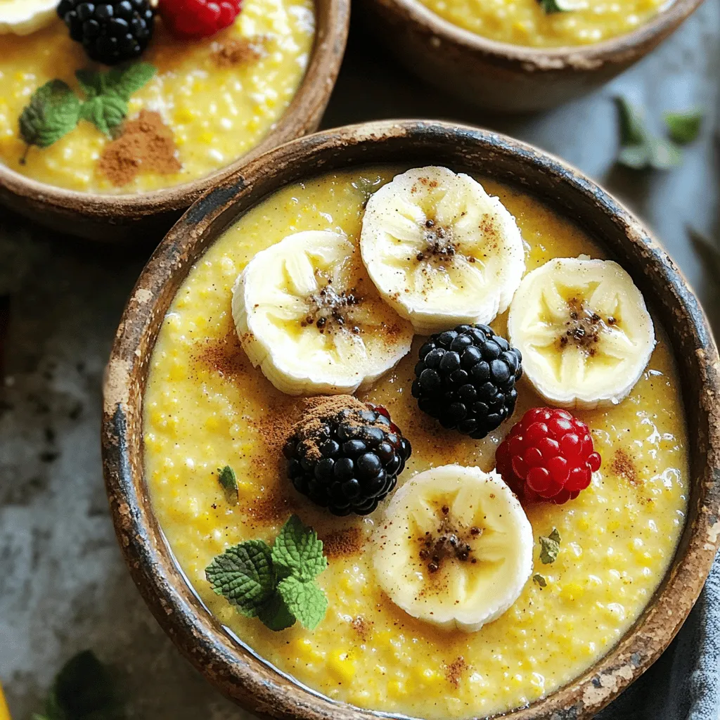 To make this delightful dish, you need the following main ingredients: - 1 cup cornmeal - 4 cups water (divided) - 1 cup coconut milk Cornmeal is the star of this porridge. It gives a wonderful texture. You will mix it with water and coconut milk to create a creamy base. Next, gather these sweeteners and spices to enhance the flavor: - 1/4 teaspoon salt - 1/2 teaspoon vanilla extract - 2 tablespoons brown sugar (adjust to taste) - 1/4 teaspoon ground cinnamon - 1/4 teaspoon nutmeg (optional) Salt brings out the natural sweetness. Vanilla and brown sugar add warmth. Cinnamon and nutmeg can give a festive touch. Finally, choose some fresh toppings to make your porridge even better: - Fresh fruit (such as banana or berries) for topping - A pinch of sea salt Fresh fruit adds color and taste. The sea salt balances the sweetness nicely. You can find the full recipe for this delicious dish [here](#). Enjoy your cooking! To start, you need to boil some water. Take a medium pot and add three cups of water. Heat it on medium-high until it reaches a rolling boil. While waiting, grab a separate bowl. In that bowl, mix one cup of cornmeal with one cup of water. Stir it well to make a smooth paste. Make sure there are no lumps; this step is key to a creamy texture. When the water is boiling, lower the heat to low. Gradually add the cornmeal paste to the pot. Whisk it in slowly to avoid clumps. This helps keep the porridge smooth. Next, add the salt, vanilla extract, brown sugar, and ground cinnamon. Stir these ingredients together. Continue to cook and stir for about 10 to 15 minutes. You want the mixture to thicken up nicely. After the porridge thickens, stir in the coconut milk. If you like, add nutmeg for an extra layer of flavor. Cook it for another five minutes until everything is well heated. Once done, remove the pot from heat. Let it sit for a few minutes to thicken further. When ready to serve, pour the porridge into bowls. Top it with fresh fruit like bananas or berries. You can also sprinkle cinnamon or drizzle more coconut milk on top. For the full recipe, check out the earlier section! To avoid lumps and ensure creaminess, follow these steps: - Mix cornmeal with a small amount of water to form a smooth paste. - Gradually add this paste to boiling water. Stir it in slowly. - Keep stirring as it cooks. This helps break up any lumps. - If the porridge seems too thick, add a bit more water or coconut milk. To make your porridge more tasty, try these ideas: - Add a pinch of nutmeg for warmth. - A splash of almond extract can brighten the flavor. - Use honey or maple syrup instead of brown sugar for sweetness. - Fresh spices like grated ginger can add a spicy kick. Making porridge in advance can save time. Here’s how: - Cook the porridge and let it cool completely. - Store it in an airtight container in the fridge for up to three days. - When ready to eat, reheat it on low heat. Stir in a little water or coconut milk to keep it creamy. - Add your favorite toppings before serving. For the full recipe, be sure to check the detailed instructions above. {{image_2}} You can keep it classic or get creative with your cornmeal porridge. The traditional recipe shines with its rich coconut flavor and warm spices. You can add more spices like ginger or cardamom for a unique twist. Try mixing in different sweeteners like honey or maple syrup instead of brown sugar. Adding cocoa powder can make a chocolate version that kids will love. You can also use different types of milk, such as almond or oat, to change the taste. If you need gluten-free options, cornmeal is already a great choice. For a vegan version, simply make sure to use plant-based milk. You can substitute coconut milk with almond or cashew milk. If you want a lighter porridge, you can reduce the amount of coconut milk and add more water. Keep the sweetness to your taste, and you can use agave syrup or stevia for a sugar-free option. Serve your porridge with fresh fruit for a burst of flavor. Bananas, berries, or mangoes work well as toppings. You can also sprinkle nuts or seeds on top for extra crunch and nutrition. Pair your porridge with a side of toast or pancakes for a hearty breakfast. If you want more protein, a dollop of yogurt can add creaminess and richness. For the full recipe and more ideas, check out the [Full Recipe]. To store leftovers in the fridge, let the porridge cool to room temperature. Transfer it to an airtight container. It can stay fresh in the fridge for up to three days. When ready to eat, just remove the lid and check for any changes in texture. For long-term storage, you can freeze the porridge. Use a freezer-safe container and leave some space at the top, as it will expand. It can last up to three months in the freezer. To thaw, place it in the fridge overnight. If you're in a hurry, you can use the microwave to defrost it. To reheat, add a splash of water or coconut milk. This helps keep it creamy. Use the stovetop for even heating. Stir it often to avoid hot spots. You can also microwave it, but remember to stir in between intervals. This way, your creamy Jamaican cornmeal porridge stays delicious! For the full recipe, check out the details above. Creamy Jamaican cornmeal porridge is a warm, comforting dish. It comes from Jamaica and is enjoyed for breakfast. The base is cornmeal, which gives it a smooth texture. Coconut milk adds creaminess and richness. This dish often has spices like cinnamon and nutmeg. Some people sweeten it with brown sugar. It’s a simple yet tasty way to start your day. You can make Creamy Jamaican cornmeal porridge healthier with a few swaps: - Use almond milk instead of coconut milk for fewer calories. - Replace brown sugar with honey or maple syrup for natural sweetness. - Add chia seeds or ground flaxseed for extra fiber and nutrients. - Use whole grain cornmeal instead of regular cornmeal for added health benefits. These changes keep the flavor while boosting nutrition. Absolutely! You can make your porridge unique with different toppings: - Fresh fruits like bananas, strawberries, or blueberries add a sweet touch. - Nuts like almonds or walnuts add crunch and healthy fats. - Coconut flakes give a tropical vibe and extra texture. - Yogurt or honey can enhance the creaminess and sweetness. Feel free to mix and match based on what you love! Creamy Jamaican cornmeal porridge is simple to make with just a few ingredients. You learned about the main components, like cornmeal, coconut milk, and sweet spices. We covered the steps to create a creamy texture and explored some tasty variations. This dish is both versatile and delicious. I encourage you to experiment with toppings and flavors. Enjoy each bowl warm with your favorite fruits or nuts. Explore new ways to make your porridge special!