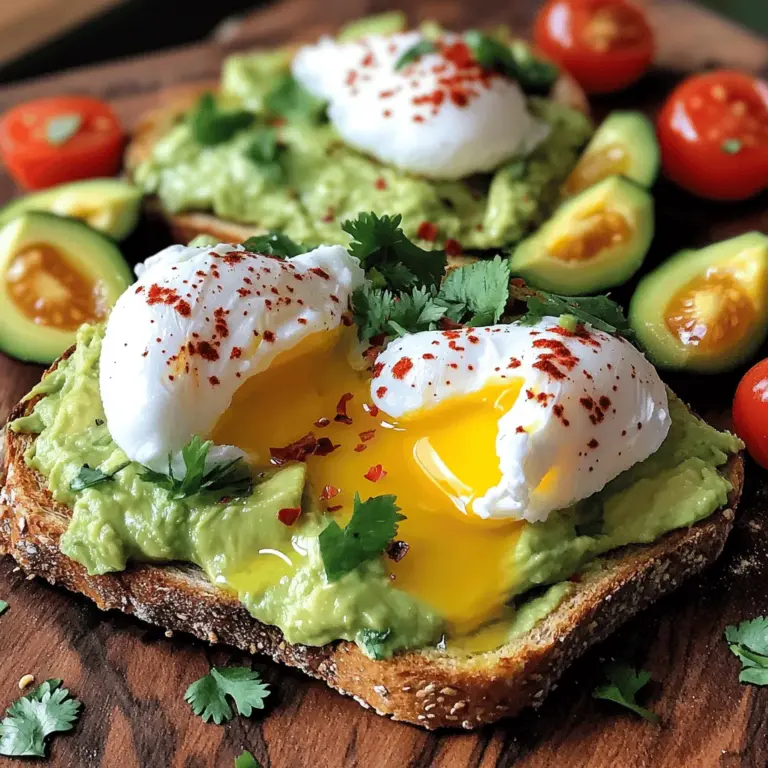 - 2 ripe avocados - 4 slices of whole grain bread - 4 large eggs - 1 tablespoon lemon juice - 1 tablespoon olive oil - 1/2 cup cherry tomatoes, halved - 1/4 teaspoon red pepper flakes - Fresh herbs for garnish (like cilantro or parsley) - Salt and pepper to taste When it comes to making hearty avocado toast with poached egg, the right ingredients matter. Start with ripe avocados. They should feel slightly soft when you press them gently. Next, use whole grain bread for a nutty flavor. Toast it until it’s crisp. For the eggs, choose large eggs to get a nice runny yolk. Lemon juice adds brightness. It keeps the avocado from browning too. Olive oil brings richness. Cherry tomatoes add a fresh burst of flavor. You can use red pepper flakes if you like a bit of heat. Fresh herbs like cilantro or parsley give a lovely touch. Don’t forget salt and pepper to enhance all the flavors. This combination makes a delicious meal. The creamy avocado pairs well with the runny egg. You can find the full recipe at the end of this article. Enjoy crafting this delightful dish! To start, you need to choose the right bread. Whole grain bread gives great flavor and nutrition. Look for bread that is thick enough to hold the toppings without getting soggy. Toasting your bread is key. Set your toaster to a medium setting. You want it to be golden brown and crisp. If you want extra crunch, you can toast it in a pan with a bit of olive oil. This adds flavor and helps the bread stay crispy longer. Next, let’s make the avocado smash. First, cut the avocados in half and remove the pit. Scoop the flesh into a bowl. Use a fork to mash the avocados. You want a mix of creamy and chunky. This gives texture to your smash. For some zing, add a tablespoon of lemon juice. This helps the avocados stay bright green. Add salt and pepper to taste. If you like heat, mix in a bit of red pepper flakes. Fresh herbs like cilantro or parsley are great for extra flavor too. Now it’s time for the eggs. Fill a medium saucepan with water and bring it to a gentle simmer. Add a splash of vinegar. This helps the eggs hold their shape. Crack each egg into a small bowl first. Then, gently slide them into the simmering water. Poach the eggs for 3-4 minutes for runny yolks. If you prefer firmer yolks, let them cook a bit longer. Use a slotted spoon to take the eggs out. Place them on a paper towel to drain excess water. Follow this [Full Recipe](#) for a complete guide to creating your avocado toast masterpiece. For a great poached egg, add vinegar to your water. This helps the egg whites hold together better. A common mistake is using water that’s boiling too hard. You want a gentle simmer, not a rolling boil. This way, the eggs cook evenly and look beautiful. To make your avocado toast eye-catching, use a colorful plate. Arrange halved cherry tomatoes around the toast for a bright touch. You can also sprinkle fresh herbs on top for a pop of green. This adds flavor and makes the dish look fancy. For brunch, serve with fresh juice or coffee to elevate the meal. To save unused avocados, put them in a bowl with a little lemon juice. This helps prevent browning. Store leftover toast in a sealed container, but it’s best fresh. Reheat toast in a toaster for crispiness. Avoid the microwave, as it can make the bread soggy. {{image_2}} You can make your avocado toast even tastier with fun add-ins. Try adding spices like garlic powder or smoked paprika for a kick. A sprinkle of feta or goat cheese can add creaminess. For protein, think about using smoked salmon or crispy bacon. Both pair well with the creamy avocado. If you want a plant-based option, try marinated tofu or chickpeas. They add great flavor and texture. If you need gluten-free options, swap whole grain bread for gluten-free bread. There are many tasty brands available now. You can also use rice cakes or lettuce wraps for a lighter choice. For those who prefer a vegan option, replace the poached egg with avocado slices or a tofu scramble. You can also use nutritional yeast to add a cheesy flavor without dairy. You can explore flavors from around the world with your avocado toast. Try a Mexican twist by adding jalapeños, cilantro, and lime juice. It brings a fresh, zesty taste. For an Italian flair, top with fresh tomatoes, basil, and a drizzle of balsamic glaze. You can also go Asian with sesame seeds, sliced radishes, and a splash of soy sauce. Each of these ideas lets you create a unique dish that excites the palate. Check out the Full Recipe for the basic version, then let your creativity shine! To keep leftover toast fresh, wrap it in foil or place it in an airtight container. Avoid stacking the slices, as this can make them soggy. For reheating, you can use a toaster or an oven. Toast for a few minutes until it's hot and crispy. This keeps the texture just right. Avocados can ripen on your counter. Once ripe, store them in the fridge to slow down the process. To prevent browning in your avocado smash, add lemon juice right after mashing. You can also cover it tightly with plastic wrap, pressing it against the surface. This reduces air contact. To store poached eggs, place them in a container with cold water. Cover and refrigerate them for up to two days. When ready to eat, reheat in warm water for a few minutes. This keeps them soft and tasty. For meal prepping eggs safely, cook them and store them in a fridge container. Use within four days for the best taste. To pick ripe avocados, look for a few key signs. First, gently squeeze the avocado in your hand. It should feel slightly soft but not mushy. Next, check the color. A ripe avocado usually has a dark green or black skin. If the skin is bright green, it is not ready. Finally, remove the small stem at the top. If it comes off easily and you see green underneath, the avocado is ripe. If it is brown, the avocado may be overripe. Yes, you can prepare avocado toast ahead of time, but with some care. Toast the bread just before serving to keep it crisp. For the avocado, mash it right before you eat. If you need to store it, add lemon juice to slow browning. Place it in an airtight container and use it within a day. If you want to make poached eggs in advance, store them in water in the fridge. Reheat them gently in hot water for a few minutes before serving. Toppings can really enhance your avocado toast. Here are some tasty ideas: - Crumbled feta or goat cheese for a creamy texture. - Sliced radishes for crunch and spice. - Smoked salmon or turkey for added protein. - Fresh herbs like basil or dill for a fresh taste. - A drizzle of balsamic glaze for sweetness. - Cherry tomatoes for a burst of flavor. - Red pepper flakes for a spicy kick. Try mixing and matching these toppings to create your perfect avocado toast. For the full recipe, check out the Avocado Bliss Toast with Poached Egg. In this article, we explored how to make the best avocado toast. We covered key ingredients, from ripe avocados to whole grain bread and eggs. Then, we discussed step-by-step instructions for preparing the toast and perfecting poached eggs. Additional tips offered insights on presentation and ingredient storage. Remember, avocado toast can be fun and flexible. Try different toppings or adaptations. Each bite can delight your taste buds while keeping it nutritious. Embrace your creativity in the kitchen!