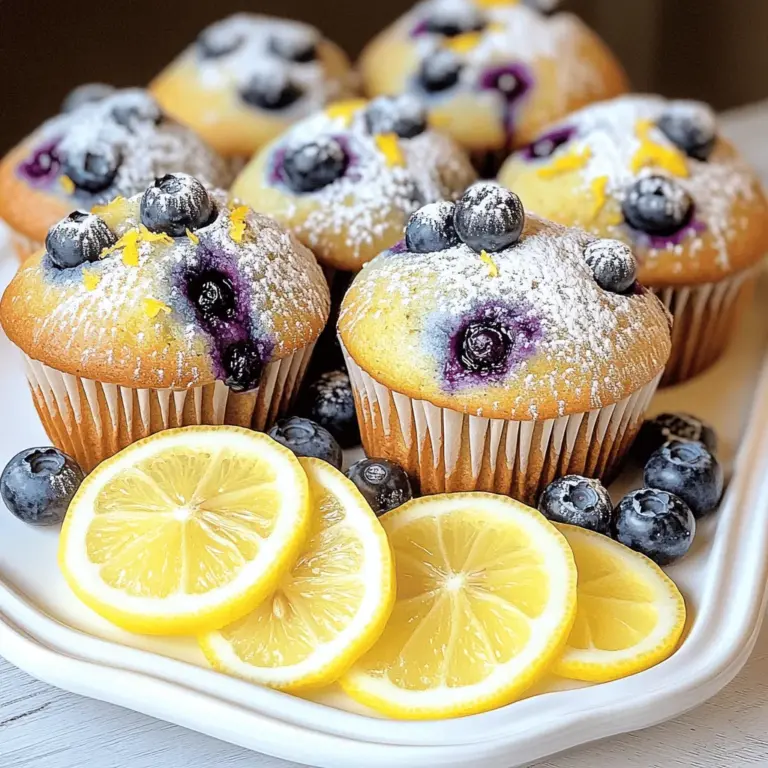 To make these delicious lemon blueberry muffins, gather the following ingredients: - 1 ½ cups all-purpose flour - ½ cup granulated sugar - 2 teaspoons baking powder - ½ teaspoon baking soda - ¼ teaspoon salt - 1 large egg - ½ cup plain Greek yogurt - ½ cup milk - ⅓ cup vegetable oil - Zest of 1 lemon - 1 tablespoon lemon juice - 1 ½ cups fresh blueberries (or frozen, if unavailable) - 1 tablespoon powdered sugar (for dusting, optional) If you have dietary needs, you can swap some ingredients. Try these options: - Use almond flour instead of all-purpose flour for a gluten-free version. - Substitute coconut sugar for granulated sugar for a less processed option. - Replace Greek yogurt with a dairy-free yogurt for a vegan choice. - Use almond milk or oat milk instead of regular milk to keep it dairy-free. When buying blueberries, look for these signs of freshness: - Berries should be firm, plump, and free from mold. - Their color should be deep blue, with a slight white bloom. - Avoid any with wrinkles or soft spots. For lemons, check for: - Bright yellow color with smooth skin. - A firm feel, indicating ripeness. - A fragrant scent, which shows they are fresh. These simple tips will help you pick the best ingredients for your lemon blueberry muffins. For the full recipe, refer back to the beginning. To make these lemon blueberry muffins, start by gathering all your ingredients. You need flour, sugar, baking powder, baking soda, salt, an egg, Greek yogurt, milk, vegetable oil, lemon zest, lemon juice, and blueberries. 1. Preheat your oven to 375°F (190°C). Line a muffin pan with paper liners or grease it lightly. 2. In a large bowl, mix together the flour, sugar, baking powder, baking soda, and salt. Whisk until combined. 3. In another bowl, beat the egg. Add Greek yogurt, milk, vegetable oil, lemon zest, and lemon juice. Stir until smooth. 4. Pour the wet mixture into the dry ingredients. Fold gently with a spatula until just combined. Remember, a few lumps are okay! 5. Carefully fold in the blueberries. You can save some for topping the muffins later. Now it's time to bake! 1. Divide the batter evenly among the muffin cups, filling each about three-quarters full. 2. If you reserved some blueberries, sprinkle them on top of the batter now. 3. Bake for 18-20 minutes. Your muffins should turn golden brown. Insert a toothpick in the center. It should come out clean if they are done. Once your muffins are baked, let them cool down. 1. Remove the muffins from the oven and let them sit in the pan for about five minutes. 2. Transfer them to a wire rack to cool completely. 3. If you like, dust the muffins with powdered sugar before serving. Serve these warm for the best taste. Enjoy them with a cup of tea or coffee. For the full recipe, check out the details above! Baking can be tricky, but knowing some common mistakes helps. - Overmixing the batter: This makes muffins tough. Mix just until combined. - Wrong oven temperature: Always preheat your oven. Use an oven thermometer for accuracy. - Using stale ingredients: Check dates on your baking powder and baking soda. Fresh ingredients matter! To keep your muffins moist, focus on key steps: - Use Greek yogurt: It adds creaminess and moisture. This is a must in this recipe. - Don’t overbake: Check for doneness at 18 minutes. A toothpick should come out clean. - Add lemon juice: It gives a bright flavor and helps with moisture. The zest also adds a nice touch. Storing muffins properly keeps them fresh. - Cool completely: Let them cool on a wire rack first. - Use an airtight container: This prevents drying out. Line with paper towels for extra moisture. - Refrigerate for longer storage: They last up to a week in the fridge. For longer, freeze them. These tips will help you create the best lemon blueberry muffins. For the complete process, check the Full Recipe. {{image_2}} You can make lemon blueberry muffins healthier without losing flavor. First, swap all-purpose flour for whole wheat flour. This change adds fiber and nutrients. You can also use honey or maple syrup instead of sugar. These natural sweeteners can enhance the muffins' taste. Use low-fat Greek yogurt for a lighter version. It keeps the muffins moist while cutting calories. Add zest to your muffins with other fruits. Try incorporating raspberries or strawberries for a twist. You can also mix in nuts like almonds or walnuts for crunch. A sprinkle of cinnamon can add warmth and depth to the flavor. If you want a richer taste, add a touch of vanilla extract. Seasonal fruits can change the whole muffin experience. In spring, try adding fresh strawberries or cherries. In fall, consider pumpkin puree or spices like nutmeg. For summer, mix in peaches or blackberries. Each season brings new flavors. Let your taste buds explore these fun options. For a complete recipe to start baking right away, check out the Full Recipe. To keep your lemon blueberry muffins fresh, store them at room temperature. Place the muffins in an airtight container. This keeps moisture in and prevents them from drying out. If you plan to eat them within a few days, this method works great. For longer storage, consider freezing. Freezing is a smart way to save your muffins. First, let them cool completely. Wrap each muffin tightly in plastic wrap. Then, place them in a freezer bag. This prevents freezer burn and keeps them tasty. You can freeze muffins for up to three months. When you’re ready to enjoy one, just take it out and let it thaw. Reheating muffins is easy. For the best taste, use the oven. Preheat your oven to 350°F (175°C). Place the muffins on a baking sheet and warm them for about 10 minutes. This keeps them soft and brings back that fresh-baked flavor. If you’re in a hurry, you can microwave them for 15-20 seconds. However, the oven gives a better texture. Enjoy your muffins warm! Yes, you can use frozen blueberries. They work just as well in the batter. However, they may bleed a bit more color into the muffins. This can create a lovely marbled effect. Just remember to fold them in gently to avoid mushiness. To make these muffins vegan, swap the egg for a flax egg. Mix one tablespoon of ground flaxseed with three tablespoons of water. Let it sit for five minutes to thicken. Replace Greek yogurt with a non-dairy yogurt or applesauce. Use plant-based milk and oil as well. Lemons are high in vitamin C and help boost the immune system. They also aid digestion and add flavor without extra calories. Blueberries are packed with antioxidants, which help fight free radicals in the body. They support heart health and may improve brain function. Together, they make a healthy snack! To check if your muffins are done, use a toothpick. Insert it into the center of a muffin. If it comes out clean or with a few crumbs, they are ready. If it comes out wet, bake for a few more minutes. Watch for a golden color on top as well. Yes, you can substitute Greek yogurt. Use regular yogurt for a similar texture. If you're vegan, try non-dairy yogurt or applesauce. Both options keep the muffins moist and flavorful. Just ensure you use a plain flavor to maintain the lemon-blueberry balance. For the full recipe of these delightful muffins, check out the details above. Enjoy your baking! We covered all you need to know about making lemon blueberry muffins. First, we explored the essential ingredients and what substitutes to use. Next, I shared detailed steps for mixing, baking, cooling, and serving. We also discussed common mistakes and tips for keeping muffins moist. Lastly, I highlighted various versions and storage methods to keep your muffins fresh. Use these insights to bake perfectly delicious muffins every time. Enjoy the process and taste the results!