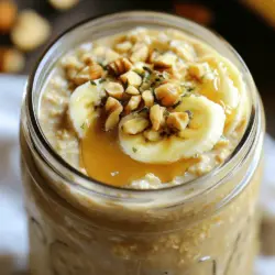 To make these tasty oats, you need some simple items. Here’s what you will need: - 1 cup rolled oats - 2 tablespoons peanut butter (smooth or crunchy) - 1 ripe banana, sliced - 1 cup almond milk (or any milk of your choice) - 1 tablespoon honey or maple syrup (optional) - 1 teaspoon chia seeds (optional for added texture) - 1/2 teaspoon vanilla extract - A pinch of salt These key ingredients come together to create a creamy, rich breakfast. The oats soak up the milk and flavors overnight. This makes them soft and delicious by morning. Want to make your oats even better? You can try adding: - A tablespoon of cocoa powder for a chocolatey twist. - A sprinkle of cinnamon for a warm spice. - A handful of berries for a fruity touch. - A scoop of protein powder for an extra boost. These add-ins give you more flavor and nutrition. You can mix and match based on what you like. When you are ready to eat, toppings can make your oats shine. Here are some great ideas: - Extra banana slices for sweetness. - Chopped nuts for crunch. - A drizzle of peanut butter for richness. - A spoonful of yogurt for creaminess. These toppings not only look good but also add more taste and texture to your meal. You can explore different combinations to find your favorite! For the complete recipe, check out the Full Recipe. First, gather your ingredients. You need rolled oats, peanut butter, and almond milk. Slice the ripe banana into small pieces. In a mason jar or bowl, combine all the ingredients. Add oats, almond milk, peanut butter, honey, chia seeds, vanilla, and salt. Stir everything well. Make sure the peanut butter mixes in nicely. Then, fold in the banana slices gently. You want the banana to stay chunky, not mushy. Once mixed, cover your jar or bowl. Use a lid or plastic wrap to seal it. Place it in the fridge overnight. If you’re short on time, let it sit for at least four hours. This step is important. The oats absorb the liquid and flavors. They become soft and creamy. You’ll wake up to a tasty breakfast ready to enjoy. In the morning, stir the oats. If they are too thick, add more almond milk. You want your oats creamy but not runny. Next, top them with extra banana slices and chopped nuts. You can also drizzle more peanut butter on top. This adds a nice touch. Serve it right away for a delightful breakfast. Enjoy the mix of flavors and textures! To get the right texture for your oats, start with the right ratio of oats to milk. I suggest using 1 cup of rolled oats to 1 cup of milk. This mix gives you a creamy yet thick result. If you prefer a thinner texture, add more milk in the morning. Stir the oats well before serving. This helps mix the flavors and keeps everything smooth. When choosing peanut butter, think about your taste. Smooth peanut butter gives a creamy feel. Crunchy peanut butter adds nice bits for texture. I often use natural brands that have no added sugar or oils. This way, I enjoy a pure peanut taste. You can also try other nut butters if you want a twist! Store your overnight oats in a sealed jar or bowl in the fridge. This keeps them fresh. I like to use mason jars. They are easy to close and look great. You can make a few jars at once for busy mornings. Just remember, keep them covered to prevent drying out. Enjoy your oats within 3 to 5 days for the best taste. {{image_2}} If you want a nut-free option, swap the peanut butter. Use sunflower seed butter for a similar taste. It's creamy and rich, just like peanut butter. You can also try soy nut butter or tahini. These spreads give you a nice flavor without nuts. This way, you can still enjoy your oats without worrying about allergies. To boost the nutrition, add superfoods to your oats. You can mix in chia seeds or flaxseeds. They add fiber, which helps you feel full. You might also consider adding hemp hearts or spirulina. These ingredients pack a punch of vitamins and minerals. Just a tablespoon goes a long way in making your meal even healthier. Experimenting with flavors can keep your breakfast fun. Try adding cocoa powder for a chocolatey twist. You can also mix in cinnamon for warmth. If you like a hint of spice, a pinch of nutmeg works well. For a fruity touch, toss in berries or diced apples. Each variation can change your breakfast game! For the complete recipe, check out the Full Recipe section. You can store your peanut butter banana overnight oats in a mason jar or bowl. Make sure to cover it with a lid or plastic wrap. This keeps the oats fresh and moist. Place it in the fridge right after you prepare it. These oats last for up to five days in the fridge. After that, the banana may brown and change flavor. If you notice any off smell, it’s best to toss it out. Always check before you eat. You can freeze overnight oats for later use. Just pour the oats into a freezer-safe container. Leave some space at the top, as they may expand. When you want to eat them, thaw in the fridge overnight. It’s a great way to meal prep! Yes, you can use any milk you like. Almond milk, soy milk, or oat milk all work well. Each type adds a different taste. If you prefer, use whole milk or skim milk for creaminess. Just remember, the flavor may change a bit with each choice. You can store your oats in the fridge for up to five days. They stay fresh and tasty if kept in a sealed jar or container. Just make sure to stir them well each morning. If they become too thick, add a splash of milk to loosen them up. Yes, you can make a few jars at once! Preparing for several days saves time. Just make sure to keep them in the fridge. This makes breakfast easy and quick. You can mix flavors too, such as adding berries or nuts to keep things fun. Check out the Full Recipe for more ideas! Peanut Butter Banana Overnight Oats are easy and fun to make. We discussed key ingredients and added flavors. I showed you how to prepare and store your oats, along with tips for perfect consistency. You can even try different flavors or make them nut-free. This dish is great for busy mornings. With simple steps and ideas, you can enjoy tasty, healthy meals in no time. Now you’re ready to create your own delicious version!