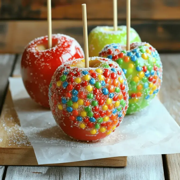 - 4 medium-sized apples (Granny Smith or Fuji recommended) - 2 cups granulated sugar - 1 cup corn syrup - 1/2 cup water - 1/2 teaspoon vanilla extract - 1 cup Jolly Rancher candies (mixed flavors, crushed) - Wooden sticks or candy apple sticks - Optional: Parchment paper for cooling Choosing the right type of apple is key. I recommend Granny Smith or Fuji apples. They are crisp, tart, and hold up well with the candy coating. The tartness of these apples balances the sweetness of the candy, creating a perfect bite. Using fresh ingredients is also important. Fresh apples not only taste better but also look great. If your apples are bruised or soft, they won’t hold the candy well. Make sure to inspect your apples for quality before you start. For the Jolly Rancher candies, pick a mix of your favorite flavors. This adds fun colors and tastes to your candy apples. Crush them into small bits to make it easier to stick on the warm candy coating. Feel free to check the [Full Recipe] for more details on making these tasty treats! Start by washing and drying the apples. Use cold water to wash off dirt. Pat them dry with a clean towel. This step helps the candy stick better. Next, insert a wooden stick into each apple. Push the stick in about halfway. This secures the apple for dipping later. Now, let’s make the candy mixture. In a medium-sized saucepan, combine the sugar, corn syrup, and water. Stir well over medium heat until the sugar dissolves. This should only take a few minutes. Once dissolved, stop stirring and bring the mixture to a boil. You need to cook it until it reaches the hard crack stage. This is around 300°F (150°C). Use a candy thermometer for accuracy. It usually takes 8-10 minutes to reach this stage. When the mixture is ready, remove it from the heat. Stir in the vanilla extract right away. This adds a nice flavor to your candy. Now comes the fun part! Quickly dip each apple into the hot candy mixture. Rotate the apple slowly to coat it evenly. Make sure the entire apple gets covered. Let the excess candy drip off for a few seconds. This ensures a nice, thick coat. Place the dipped apple on a lined baking sheet. Let the candy apples cool and harden at room temperature. This process usually takes about 30 minutes. Keep them in a cool, dry place. If you want, you can place them in the fridge for a quicker hardening. Just be careful with moisture, as it can make the candy sticky. Enjoy your sweet Jolly Rancher Candy Apples! They are fun to make and even better to eat. For a complete recipe, check out the Full Recipe. - Overheating the candy mixture: Cooking the candy too long can burn it. Watch the temperature closely. Use a candy thermometer to check when it reaches 300°F. This is the hard crack stage. If you miss this point, your candy apples may not set well. - Not adhering the Jolly Rancher correctly: If the crushed candies don't stick, the apples will look dull. Make sure to sprinkle the candies on while the candy coating is still warm. Press lightly to ensure they bond well. - Ensuring perfect candy consistency: The candy mixture should be smooth and glossy. If it looks grainy, it may have cooked too long. Stir gently as it heats, but don't mix while boiling. This helps keep the texture right. - How to achieve vibrant colors with Jolly Ranchers: Use a mix of Jolly Rancher flavors for bright colors. The crushed candies create a fun, colorful topping. Mix red, blue, and green for a rainbow effect. Each color adds a unique flavor and visual appeal. - Essential kitchen tools for candy making: You need a few tools for this recipe. A medium-sized saucepan is key for cooking the candy mixture. A candy thermometer ensures the right temperature. Use a baking sheet lined with parchment paper for cooling. Wooden sticks are also vital for easy handling of the apples. These tips will help you create the best Jolly Rancher candy apples. Enjoy the process and have fun experimenting! For the complete recipe, check out the Full Recipe section. {{image_2}} Mixing Jolly Rancher flavors can make your candy apples even more fun. You can use the classic flavors like watermelon, blue raspberry, and cherry. For a twist, try combining green apple with grape. This mix gives a sweet and tart taste. You might even create your own special blend! Experimenting with flavors lets you find the perfect taste for your candy apples. You can use other toppings to make your candy apples unique. Try crushed nuts, sprinkles, or coconut flakes. If you want something extra sweet, drizzle melted chocolate on top. You can also use caramel for a rich flavor. These toppings add texture and taste. They make your candy apples look even more tempting. You can make Jolly Rancher candy apples that fit different diets. For gluten-free versions, check the candy labels. Most Jolly Rancher candies are gluten-free. If you want vegan candy apples, swap the regular sugar for vegan sugar. Make sure to use vegan-friendly toppings too. These simple swaps let everyone enjoy this treat, no matter their diet. Store your Jolly Rancher candy apples at room temperature for short-term use. This keeps them tasty for a few days. If you want to save them for longer, wrap each apple in plastic wrap. Place them in an airtight container to keep them fresh. Avoid the fridge as it can cause them to sweat. This makes them sticky and less fun to eat. To prevent stickiness, let your candy apples cool completely before storing them. Place them on parchment paper while they harden. This will stop them from sticking to surfaces. If you notice any moisture, pat it dry with a paper towel. Avoid touching the candy coating with your hands, as this can leave marks or cause it to melt. Keep them in a cool, dry place away from sunlight for best results. To make Jolly Rancher Candy Apples, follow these easy steps: 1. Wash and dry 4 medium apples. Insert a wooden stick halfway into each apple. 2. Line a baking sheet with parchment paper. 3. In a saucepan, mix 2 cups sugar, 1 cup corn syrup, and 1/2 cup water. Heat until sugar dissolves. 4. Boil the mixture without stirring until it hits 300°F (150°C). 5. Take it off the heat and add 1/2 teaspoon vanilla extract. 6. Dip each apple into the hot mix, then let excess candy drip off. 7. Press 1 cup crushed Jolly Rancher candies onto the warm apples. 8. Let the apples cool for about 30 minutes on the sheet. You can find the full recipe in this article. Yes, you can buy pre-made Jolly Rancher Candy Apples at many candy shops and specialty stores. Some grocery stores also carry them, especially around Halloween. You can check online on sites like Amazon or local candy retailers. They may not be as fresh as homemade ones, but they can be a fun treat! If your candy mixture crystallizes, it usually means it got too cold. Here’s how to fix it: - Reheat: Put it back on low heat. Stir gently and let it melt again. - Add Water: If it’s still hard, add a small amount of water (1-2 teaspoons) and reheat. - Prevent Crystallization: To avoid this, don’t stir the mix while it’s boiling. Use a clean pan and utensils to keep it free of sugar crystals. These tips will help you achieve that perfect candy texture! We covered how to make Jolly Rancher candy apples step by step. We explored ingredient choices, tips for perfect results, and variations to try. Storing candy apples properly keeps them fresh and tasty. Remember, using the right apples and fresh ingredients makes a big difference. With these tips, you can enjoy this treat anytime. Get creative with flavors and toppings for a fun twist. Happy candy apple making!
