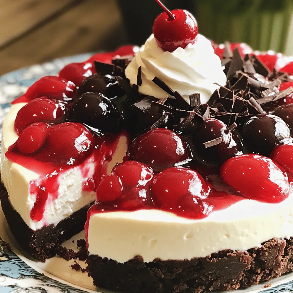 To create a mouth-watering Black Forest No-Bake Cheesecake, you need the right ingredients. Here’s what you will need: - Chocolate Graham Cracker Crust - 1 ½ cups chocolate graham cracker crumbs - ½ cup unsalted butter, melted - Cheesecake Filling Components - 2 cups cream cheese, softened - 1 cup powdered sugar - 1 teaspoon vanilla extract - 1 cup heavy whipping cream - Toppings for the Finished Cheesecake - 1 can (15 oz) cherry pie filling - ¼ cup dark chocolate shavings for garnish These ingredients come together to create a rich and creamy dessert. The chocolate crust gives a great base, while the cream cheese filling offers a smooth texture. The cherry topping adds a burst of flavor, and the chocolate shavings provide a lovely finish. For the full recipe, check out the detailed steps to put this delightful treat together! Mixing the Cracker Crumbs and Butter Start with 1 ½ cups of chocolate graham cracker crumbs in a bowl. Pour in ½ cup of melted unsalted butter. Mix well until the crumbs soak up the butter. This mixture should look like wet sand. Pressing the Crust into the Pan Take a 9-inch springform pan. Press the crumb mixture firmly into the bottom of the pan. Make sure it is even and compact. This step helps it hold together. Once pressed, put the pan in the fridge to chill while you make the filling. Whipping the Cream Cheese Mixture In a large bowl, add 2 cups of softened cream cheese. Use an electric mixer to beat it until smooth. This should take about 2 minutes. Gradually add 1 cup of powdered sugar and 1 teaspoon of vanilla extract. Mix until everything is creamy and well combined. Incorporating the Whipped Cream In another bowl, whip 1 cup of heavy cream until stiff peaks form. Gently fold this whipped cream into the cream cheese mixture. Be careful here; you don’t want to lose the airiness. This step makes your cheesecake light and fluffy. Pouring the Filling over the Crust Now, pour the creamy mixture over the chilled crust. Spread it evenly with a spatula. Make sure it reaches all edges. This helps create a beautiful layer. Refrigerating for the Required Time Cover the pan with plastic wrap. Place the cheesecake in the fridge for at least 4 hours. If you can wait overnight, that’s even better! This chilling time allows the cheesecake to set properly. For the full recipe, check out the Full Recipe section. - Overmixing the Cheese Mixture It’s easy to get excited when mixing. Overmixing can make the filling too runny. Aim for a smooth texture but stop as soon as there are no lumps. Your cheesecake will set better this way. - Not Chilling Long Enough Patience is key. If you don’t chill the cheesecake long enough, it won’t hold its shape. Aim for at least four hours in the fridge. For best results, let it chill overnight. This helps all the flavors blend beautifully. - Creative Garnishing Ideas To make your cheesecake look stunning, try adding whipped cream on the sides. Place dark chocolate shavings on top, along with the cherry pie filling. You can also add fresh cherries for a pop of color. - Ideal Slicing Techniques Use a sharp knife for clean cuts. Dip the knife in hot water and wipe it dry before slicing. This keeps each piece neat and helps with presentation. Serve each slice with a dollop of whipped cream and a cherry on top for an extra touch. For the full recipe, check out the Black Forest No-Bake Cheesecake recipe. {{image_2}} You can make your Black Forest No-Bake Cheesecake even more fun with tasty twists. - Adding Different Fruit Toppings: While cherry is classic, feel free to explore. Try raspberries, strawberries, or blueberries for new flavors. Each fruit brings its unique color and taste. This adds freshness and makes your dessert pop! - Incorporating Liqueurs for an Adult Version: If you want a grown-up treat, add some liqueur. A splash of cherry brandy or chocolate liqueur enhances the flavor. Mix it into the cream cheese filling for a delightful surprise in each bite. You can also make this cheesecake fit your dietary needs. - Gluten-Free Crust Options: If you need a gluten-free option, use gluten-free cookies. Many brands offer chocolate cookies that work well. Just crush them and mix with melted butter for a great crust. - Dairy-Free Cheese Alternatives: For those avoiding dairy, use dairy-free cream cheese. Look for brands made from nuts or soy. They can give you a creamy texture without the dairy. Your cheesecake will still be rich and tasty. With these variations, you can tailor your cheesecake to fit any taste or need. For the full recipe, check the full recipe section above. To keep your Black Forest No-Bake Cheesecake fresh, store it in the fridge. Place it in an airtight container or cover it tightly with plastic wrap. This helps prevent the cheesecake from drying out or absorbing other smells. If you want to save it for later, consider freezing it. Cut the cheesecake into slices and wrap each piece in plastic wrap. Then, place them in a freezer-safe bag or container. This makes it easy to grab one when you want a treat. How long does it last in the fridge? Your cheesecake will stay fresh for about 5 to 7 days in the fridge. After that, it may start to lose its creamy texture and flavor. What are the signs of spoilage? Watch for any changes in color or smell. If it develops a sour smell or an off taste, it's best to throw it away. Look for any mold or a slimy texture. If any of these signs appear, do not eat it. Always trust your senses when it comes to food safety. For the full recipe, check out the Black Forest No-Bake Cheesecake details. To make this cheesecake, follow these key steps: 1. Prepare the Crust: Mix the chocolate graham cracker crumbs with melted butter until combined. Press this mix into a springform pan to form a firm crust. Chill it while you make the filling. 2. Make the Filling: Beat softened cream cheese until smooth. Gradually add powdered sugar and vanilla extract. Mix until creamy. In a separate bowl, whip heavy cream until stiff peaks form. Fold the whipped cream into the cheese mix gently. 3. Assemble the Cheesecake: Pour the filling over the chilled crust. Spread it evenly. Refrigerate for at least four hours, or overnight for best results. 4. Top It Off: Once set, add cherry pie filling on top and sprinkle with dark chocolate shavings. Follow these steps, and you will create a delightful treat. For the full recipe, refer to the earlier section. Yes, you can use fresh cherries. Here are the pros and cons: - Pros: - Fresh cherries taste bright and juicy. - They add a natural sweetness. - They look beautiful as a topping. - Cons: - Fresh cherries may require more prep time. - You might need to add sugar to balance tartness. - They may not have the same smooth texture as pie filling. Using fresh cherries gives a unique twist, but pie filling is easier. To cut a no-bake cheesecake cleanly, use these tools and techniques: - Tools: - A sharp, long knife. - A hot water bath for the knife. - Techniques: - Dip your knife in hot water before cutting. - Wipe the knife clean after each cut. - Use a gentle sawing motion to avoid crushing the cheesecake. These steps help you serve perfect slices every time. This article covered everything you need to make a delicious no-bake cheesecake. We explored the ingredients, easy steps, tips to avoid mistakes, and creative variations. Remember, patience is key to a perfect dessert. Chill it long enough, and your cheesecake will impress everyone. Get creative with toppings and flavors to make it your own. Enjoy your cheesecake journey; it’s worth every bite!