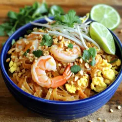 To make your Easy Pad Thai with Shrimp, gather these tasty ingredients: - 200g rice noodles - 200g shrimp, peeled and deveined - 2 tablespoons vegetable oil - 2 cloves garlic, minced - 2 eggs, lightly beaten - 2 tablespoons fish sauce - 1 tablespoon tamarind paste - 1 tablespoon brown sugar - 1 cup bean sprouts - 2 green onions, sliced - 1/4 cup crushed peanuts - Lime wedges for serving - Fresh cilantro for garnish - Salt and pepper to taste If you can’t find something or wish to swap, here are some easy swaps: - Rice noodles: Use any flat noodles or even spaghetti. - Shrimp: Substitute with chicken or tofu for a different taste. - Fish sauce: Soy sauce works well for a vegetarian option. - Tamarind paste: Use lime juice for a bit of tang. - Bean sprouts: Try shredded carrots or cabbage instead. Using fresh ingredients makes your Pad Thai taste better. Here are some tips: - Buy shrimp that smell fresh and have a firm texture. - Choose rice noodles that are soft and not broken. - Look for vibrant green onions with no wilting. - Always select cilantro that is bright green and fragrant. - Store your ingredients in a cool place to keep them fresh longer. For more details, check out the Full Recipe. To make Easy Pad Thai with shrimp, you need to prep your ingredients first. Start by soaking the rice noodles in warm water for about 30 minutes. This softens the noodles and helps them cook faster. While they soak, peel and devein the shrimp if you haven’t done so yet. Mince the garlic and slice the green onions. You want everything ready to go for quick cooking. Heat the vegetable oil in a large skillet or wok over medium heat. Once the oil is hot, add the minced garlic. Stir it for about 30 seconds until it smells great. Next, add the shrimp to the pan. Cook them until they turn pink, which takes about 3-4 minutes. Push the shrimp to one side of the skillet. Pour the beaten eggs into the clear space. Scramble the eggs until they are fully cooked, then mix them with the shrimp. After that, add the soaked rice noodles, fish sauce, tamarind paste, and brown sugar. Toss everything well so the noodles soak up the flavors. Finally, fold in the bean sprouts and green onions. Cook for another minute to warm them through. You’ll know your shrimp are done when they turn a bright pink color. The eggs should look firm and set, not runny. The noodles should be soft and flexible but not mushy. The bean sprouts should still have a little crunch. When everything looks good, it’s time to plate your dish. Serve it hot, topped with crushed peanuts, cilantro, and lime wedges for that extra zing. For the full recipe, check out the details above! When making Pad Thai, avoid overcooking the noodles. They should be soft but firm. If they get too mushy, your dish will lose texture. Also, don’t skip the fish sauce; it adds the umami flavor that makes this dish shine. Another mistake is not prepping your ingredients first. This dish cooks quickly, so having everything ready is key. Want more heat? Add sliced fresh chili peppers or a dash of chili paste. You can mix the chili paste into the sauce for a more even flavor. If you like it fiery, use Thai bird chilies. Start with a small amount and add more to suit your taste. Serve your Pad Thai hot and garnished with lime wedges and fresh cilantro. The lime adds a nice zing that brightens the dish. You can also sprinkle more crushed peanuts on top for extra crunch. Pair it with a light salad or spring rolls for a full meal. Don't forget to check out the Full Recipe for more details! {{image_2}} You can easily make Pad Thai vegetarian. Swap shrimp for firm tofu. Tofu absorbs flavors well. It gives a nice texture. Use the same cooking steps. You can also add more veggies. Try bell peppers, carrots, or broccoli. These add color and crunch. For extra flavor, use soy sauce instead of fish sauce. You can also use a vegan fish sauce if you like. This way, you keep the taste but stay plant-based. If you want to change the protein, chicken works great too. Use boneless, skinless thighs or breasts. Cut them into bite-sized pieces. Cook them the same way as shrimp. They need about 5-7 minutes to cook fully. Tofu is another good option. Just remember to press it first. This helps remove excess moisture. This way, the tofu gets crispy. It adds a nice flavor to the dish. For those who need gluten-free options, rice noodles are perfect. They are naturally gluten-free. Just check the label to be sure. Instead of soy sauce, use tamari. Tamari has a similar taste and is gluten-free. Also, check the fish sauce brand. Most fish sauces are gluten-free, but it’s good to verify. These simple swaps let everyone enjoy this tasty dish without worry. For the full recipe, check out the detailed instructions above. After you enjoy your Easy Pad Thai with Shrimp, store any leftovers in an airtight container. Let the dish cool to room temperature first. This helps keep it fresh. You can keep it in the fridge for up to three days. If you want to enjoy it later, consider freezing it. To reheat, use a skillet over medium heat. Add a splash of water or oil to prevent sticking. Heat until warm, stirring often. This helps the flavors mix again. You can also use a microwave. Place the Pad Thai in a microwave-safe dish. Cover it loosely and heat in short bursts, stirring in between. If you want to freeze Pad Thai, it’s simple! Place your cooled leftovers in a freezer-safe bag or container. Remove as much air as possible to prevent freezer burn. It can last up to three months in the freezer. When you’re ready to eat, thaw it in the fridge overnight. Then, reheat as mentioned above for the best taste. For the full recipe, check out the details above! The best noodles for Pad Thai are rice noodles. They cook quickly and absorb flavors well. Look for flat rice noodles, often labeled as "Pad Thai noodles." You can find them in most grocery stores. Make sure to soak them in warm water before cooking. This helps them get soft and ready for your dish. Yes, you can use pre-cooked shrimp. They save time and make the meal quicker. Just warm them in the skillet until hot. Be careful not to overcook, as they can become rubbery. Toss them in with the garlic first, so they absorb some flavor. Homemade Pad Thai lasts about 2-3 days in the fridge. Store it in an airtight container to keep it fresh. When you are ready to eat, just reheat it in a pan or microwave. Add a splash of water if it seems dry. This will help bring back the original flavors. For more details, check out the Full Recipe. In this post, we explored Pad Thai, from key ingredients to cooking tips. You learned about ingredient swaps and how to choose fresh items. We covered step-by-step instructions and shared tips to avoid common mistakes. We also looked at vegetarian options and how to store leftovers. Remember, great Pad Thai starts with good ingredients and careful cooking. Use this guide to make a tasty dish you'll love!